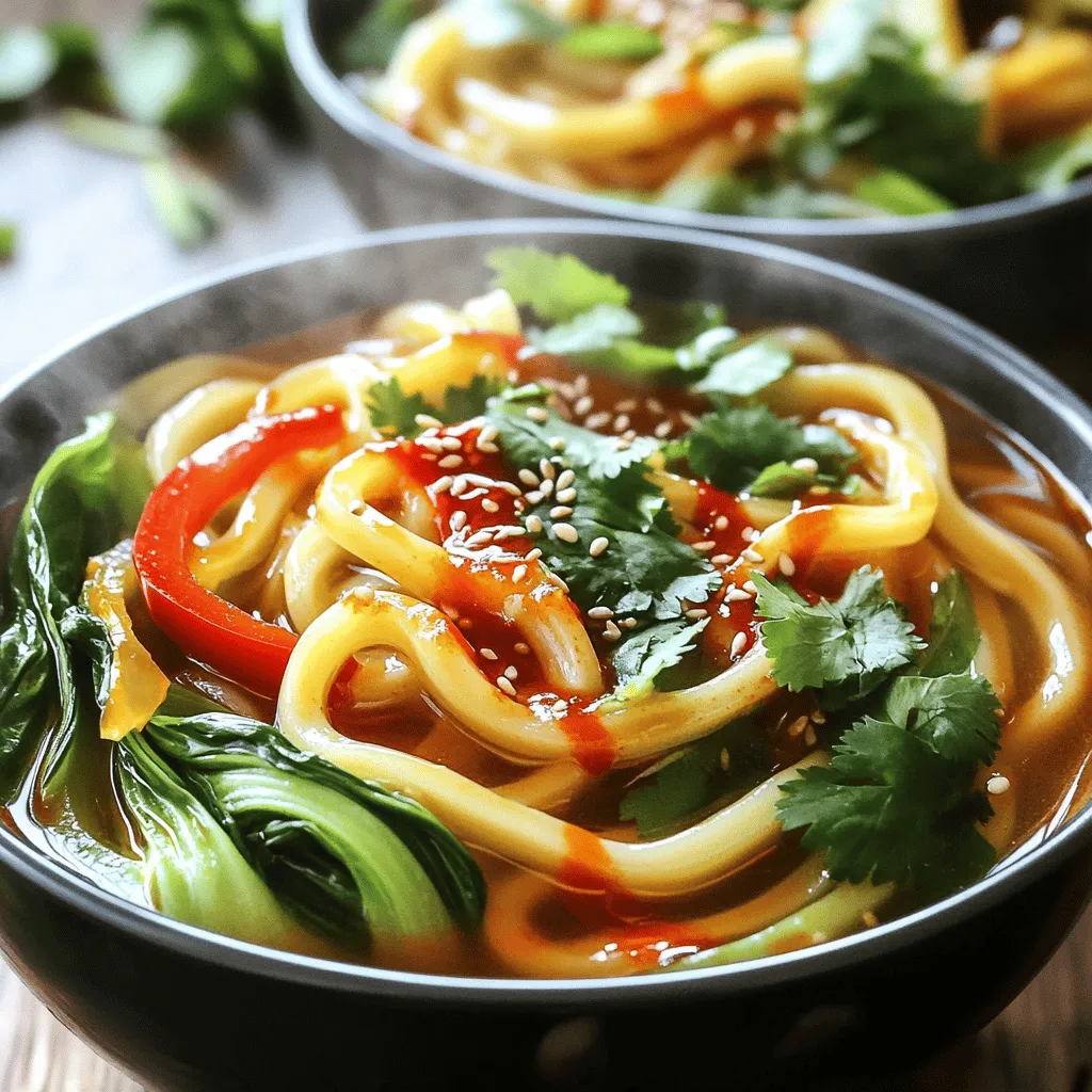 Here are the main ingredients for chili oil udon noodles: - 400g udon noodles - 3 tablespoons chili oil - 2 cloves garlic, minced - 1 inch fresh ginger, grated - 1 tablespoon soy sauce - 1 tablespoon sesame oil - 1 tablespoon rice vinegar - 1 tablespoon sugar - 1 cup bok choy, chopped - 1 red bell pepper, thinly sliced - 2 green onions, finely chopped - Sesame seeds for garnish - Fresh cilantro for garnish For chili oil, I recommend using brands like Zha Jiang or Lao Gan Ma. They offer bold flavors that really shine in this dish. When choosing udon noodles, look for fresh or frozen varieties for the best texture. You can find these ingredients at most Asian grocery stores or online. Using fresh veggies not only enhances the taste but also adds vibrant colors. Fresh cilantro and sesame seeds make lovely garnishes. They add the finishing touch to your meal. First, you need to cook the udon noodles. Start by boiling a large pot of water. Make sure the water is bubbling. Add the udon noodles and cook them for about 8-10 minutes. Check the package for exact times. Once they are soft, drain them in a colander and set them aside. Keep them warm by covering them with a clean towel. Next, let's make the chili oil sauce. Heat three tablespoons of chili oil in a large skillet over medium heat. When the oil is hot, add two cloves of minced garlic and one inch of grated ginger. Sauté them for 1-2 minutes. You want them to smell good, but don’t let them burn. Burnt garlic and ginger can ruin the flavor. Now, it’s time to mix everything. Add one cup of chopped bok choy and one thinly sliced red bell pepper to the skillet. Stir-fry the veggies for about 3-4 minutes. They should be tender but still crunchy. Then, pour your sauce mixture over the noodles. Toss everything well to coat the noodles evenly. Cook for 2-3 more minutes. This allows the noodles to soak up all those tasty flavors. For the full recipe, you can refer to the details outlined above. To make your chili oil udon noodles just right, start with spice levels. If you love heat, keep the chili oil as is. If you prefer less spice, use less oil or add a splash of soy sauce to cool it down. You can also try adding sugar to balance the heat. Enhance the flavor with extra seasonings. A dash of sesame oil brings depth. You can also sprinkle in some black pepper or a hint of lime juice for a zesty kick. Don't be afraid to experiment until you find the mix you love! For a beautiful dish, serve the noodles in deep bowls. This adds warmth and comfort. Drizzle some extra chili oil on top for a glossy finish. This makes the dish look inviting and vibrant. Think about garnishing too. A handful of fresh cilantro adds color and freshness. Chopped green onions and sesame seeds create a lovely contrast. Arrange everything neatly to make your meal pop. When you serve it this way, everyone will want to dig in! {{image_4}} You can make your chili oil udon noodles more filling by adding protein. Chicken, tofu, and shrimp are great choices. - Chicken: Use boneless, skinless chicken breasts. Slice them thinly. Sauté the chicken in the chili oil before adding the garlic and ginger. Cook until the chicken turns white and is no longer pink. - Tofu: Use firm or extra-firm tofu. Press it to remove extra water. Cut it into cubes and fry it in the chili oil until golden brown. Add it to the noodles with the veggies. - Shrimp: Use fresh or frozen shrimp. If frozen, thaw them first. Add the shrimp to the skillet after the garlic and ginger. Cook until they turn pink and curl up, then mix in with the noodles. Cooking tips: - Cook protein first to avoid overcooking the veggies. - Adjust cooking time based on the protein's thickness. You can swap the vegetables based on what you like or what's in season. - Mushrooms: Add shiitake or button mushrooms for a rich flavor. Sauté them for a few minutes before adding other veggies. - Carrots: Thinly slice or julienne them. They add a nice crunch and sweetness. - Snap peas: They give a sweet and crisp bite. Toss them in for the last minute of cooking. - Zucchini: Cut it into half-moons. It cooks quickly and adds a fresh taste. Seasonal variations: - In spring, add asparagus or peas. - In fall, think about adding broccoli or butternut squash. Experiment with your favorite vegetables to find the perfect mix. This keeps the dish fresh and exciting! Don't forget to check the [Full Recipe] for the base you can customize. To store your chili oil udon noodles, you should first let them cool. Once they're cool, place them in an airtight container. This helps keep out moisture and air. Store the container in the fridge. Your noodles will stay fresh for about 3 to 4 days. If you want to keep them longer, consider freezing them. They can last up to two months in the freezer. To reheat your udon noodles, you have a few good options. The best way is to use a skillet. Simply add a splash of water or broth to the skillet. Heat over medium until warm. Stir the noodles gently to avoid sticking. You can also use a microwave. Place the noodles in a bowl and add a bit of water. Cover the bowl with a lid or a damp paper towel. Heat in short bursts, stirring in between. This keeps the noodles from drying out. Remember, no one wants dry noodles! Chili oil is a spicy oil made with hot peppers. It adds heat and flavor to dishes. You can drizzle it on noodles, stir-fries, or soups. The oil boosts taste with its rich, warm flavors. It also has health benefits. Chili oil can help with digestion and improve metabolism. Yes, you can use other noodles if you prefer. Soba noodles or rice noodles work well. Just be sure to cook them according to their package instructions. This way, you can still enjoy a tasty dish. Each noodle type brings a unique texture and flavor to your meal. This recipe has a mild to medium spice level. The heat comes from the chili oil. If you like it milder, use less chili oil. You can also add more sugar to balance the heat. For extra spice, just add more chili oil or some red pepper flakes. To make this dish vegan, swap out the non-vegan ingredients. Use vegetable broth instead of chicken broth if needed. Replace the sugar with maple syrup or agave. This keeps the flavors rich while making it plant-based. You can still enjoy all the taste without animal products. You can find udon noodles at most grocery stores. Look in the international aisle or the pasta section. Chili oil is also available online or in Asian markets. Some brands have unique flavors, so try different ones to find your favorite. To make a single serving, divide the ingredient amounts by four. Use about 100g of noodles and ¾ tablespoon of chili oil. This way, you ensure the right flavor and texture. Adjust the other ingredients similarly for a perfect single dish. In this post, we explored making chili oil udon noodles. We covered key ingredients, cooking tips, and sauce details. You learned how to mix flavors and present your dish beautifully. We also discussed protein and vegetable alternatives, plus storage and reheating methods. Remember, cooking is about experimenting. Adjust spice levels and try new ingredients. With practice, you'll create a delicious, personalized meal every time. Enjoy your cooking journey!