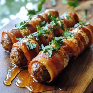 - 1 pound bacon, cut into thirds - 1 pound breakfast sausage, casings removed - 8 ounces cream cheese, softened - 1-2 chipotle peppers in adobo sauce, finely chopped - 1 tablespoon adobo sauce from the chipotle can - 1 tablespoon pure maple syrup - 1 teaspoon garlic powder - 1 teaspoon onion powder - Fresh parsley, chopped - Toothpicks or small skewers for assembly The main ingredients for spicy chipotle breakfast pigshots bring bold flavors to your plate. You start with bacon, which adds a crispy, salty touch. The breakfast sausage provides a hearty, savory base. Cream cheese smooths it all out, while chipotle peppers give that spicy kick. To enhance these flavors, you’ll mix in adobo sauce, maple syrup, garlic powder, and onion powder. The adobo sauce adds depth, while maple syrup balances the heat with sweetness. Garlic and onion powder bring extra layers of flavor that make each bite exciting. For garnish, fresh parsley adds a pop of color and a hint of freshness. The toothpicks or small skewers help hold everything together, making them easy to serve and eat. Each ingredient plays a role in creating a flavorful delight that will impress your family and friends. Try my full recipe for a tasty experience! - Preheat oven to 375°F (190°C). - Line a baking sheet with aluminum foil. In a medium bowl, mix these ingredients well: - 8 ounces cream cheese, softened - 1-2 chipotle peppers in adobo sauce, finely chopped - 1 tablespoon adobo sauce from the chipotle can - 1 tablespoon pure maple syrup - 1 teaspoon garlic powder - 1 teaspoon onion powder Make sure the mixture is smooth and well blended. This creamy mix adds a nice kick. Take a piece of breakfast sausage and wrap it in a slice of bacon. - Secure it with a toothpick. Repeat this step until all the sausage and bacon are used. - Use a small spoon or piping bag to fill each piece with the chipotle cream cheese mixture. Fill generously for extra flavor. Place the stuffed pigshots on the prepared baking sheet. - Ensure they are seam side down to keep them from unwrapping. Bake in the preheated oven for 20-25 minutes. - Look for crispy bacon and fully cooked sausage. Enjoy this tasty treat! For the full recipe, check out the ingredients and more detailed steps. - How to achieve perfectly crispy bacon: To get bacon crispy, choose thick-cut slices. Cook the pigshots at 375°F (190°C) for 20-25 minutes. Turn them halfway through for even cooking. Keep an eye on them to avoid burning. - Ensuring sausage is fully cooked: Use fresh breakfast sausage. It should reach an internal temperature of 160°F (71°C). Use a meat thermometer to check. If you notice the sausage is not fully cooked, extend the cooking time by a few minutes. - Presentation ideas for special occasions: Place pigshots on a rustic wooden board. Add fresh parsley for color. You can drizzle extra maple syrup on top for sweetness. This adds flair and looks great at any gathering. - Pairing with beverages for breakfast or brunch: Pair these pigshots with fresh orange juice or a mimosa. Coffee also works well. For something different, try a spicy Bloody Mary. These drinks enhance the pigshots' flavors. - Fixing bacon that unravels during cooking: Make sure to wrap the bacon tightly around the sausage. Use toothpicks to secure the ends. If some pieces still unravel, try wrapping them again or using a wider piece of bacon. - Adjusting spiciness level if too intense: If the pigshots are too spicy, add more cream cheese to the filling. You can also serve them with sour cream or yogurt. These cool toppings balance the heat and make them more enjoyable. {{image_4}} You can switch up the cheese for a fun twist. Cream cheese works great, but try cheddar or pepper jack for added flavor. Each cheese brings its own unique taste. If you want to change the sausage, consider using chorizo or turkey sausage. Chorizo adds a spicy kick, while turkey sausage is leaner. Both options keep the pigshots tasty and satisfying. For a unique flavor, add different spices. You can try smoked paprika or cumin. Both will give your pigshots a new twist. Garnishes also make a big difference. Add jalapeños for heat or shredded cheese for creaminess. These toppings elevate the dish and make it fun. To make pigshots gluten-free, use gluten-free sausage. Most brands offer gluten-free options. This way, everyone can enjoy this delicious treat. If you want a low-carb version, skip the maple syrup. You can also use a low-carb sausage. This makes your pigshots healthier while still keeping them tasty. To keep your spicy chipotle breakfast pigshots fresh, place leftovers in the fridge. The best way is to use an airtight container. This helps prevent moisture loss and keeps flavors intact. You can also wrap them tightly with plastic wrap or aluminum foil. Just make sure they cool down before sealing them. When it comes to reheating, I recommend using the oven. This method keeps the texture crispy. Preheat your oven to 350°F (175°C). Place the pigshots on a baking sheet and heat for about 10-15 minutes. This warms them through without making them soggy. You can also use a microwave, but the oven gives a better finish. If you want to freeze them, there are a few tips. For uncooked pigshots, wrap them tightly in plastic wrap and then foil. This will keep them fresh for up to three months. For cooked pigshots, let them cool completely first. Place them in a freezer-safe bag and remove as much air as possible. To thaw, move them to the fridge overnight. You can reheat them directly from frozen, just add a few extra minutes to the cooking time. For the full recipe, check out the details above! Pigshots are a fun and tasty dish. They combine bacon and sausage with cream cheese. This blend creates a rich, savory bite. People love them for breakfast or as snacks. They have gained popularity at barbecues and parties. Their unique shape and flavor make them a hit. Yes, you can make pigshots ahead of time. Prepare them and store them in the fridge. You can keep them for up to two days before baking. When you're ready, just bake them until crispy. This way, you save time and still enjoy a delicious meal. Pigshots pair well with many side dishes. You can try serving them with: - Scrambled eggs - Fresh fruit - Toast - A light salad These sides balance the richness of the pigshots and add freshness. The spiciness of pigshots comes from chipotle peppers. You can adjust the heat level by using more or less. One chipotle gives a mild kick, while two adds extra heat. If you're sensitive to spice, use only one pepper for a tasty yet gentle flavor. Yes, you can create vegetarian pigshots. Use plant-based sausage instead of meat. For the wrapping, you can use eggplant or zucchini slices. These alternatives provide a similar texture. Fill them with the creamy chipotle mixture for a delightful vegetarian treat. In this article, we covered how to make tasty pigshots. You learned about the key ingredients like bacon, sausage, and cream cheese. We walked through step-by-step instructions for preparation and baking. I shared tips for serving and storage. Pigshots are versatile and fun for gatherings. You can tweak the recipe to suit your tastes. Make them your own with different flavors and ingredients. Enjoy cooking and impress your friends with this crowd-pleaser!