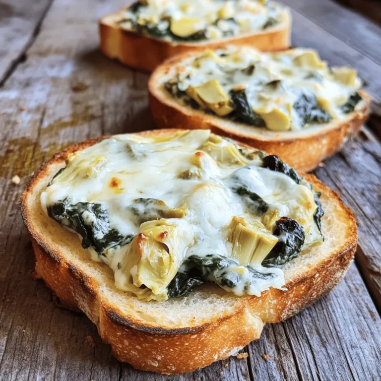To make these tasty spinach and artichoke melts, gather the following: - 1 cup fresh spinach, finely chopped - 1 cup canned artichoke hearts, drained and finely chopped - 1/2 cup cream cheese, softened - 1/4 cup sour cream - 1/2 cup shredded mozzarella cheese - 1/4 cup grated Parmesan cheese - 1 clove garlic, minced (or 1 teaspoon garlic powder) - Salt and pepper, to taste - 4 slices of your favorite bread (sourdough or whole grain is great) - Olive oil, for brushing For substitutions, you can swap the cream cheese with Greek yogurt for a lighter option. You can also use fresh artichokes if you prefer. Mix in some chopped herbs like basil or parsley for extra flavor. - Fresh spinach is rich in vitamins A, C, and K. - Artichoke hearts provide fiber and antioxidants. - Cream cheese adds creaminess but has higher fat content. - Mozzarella and Parmesan cheeses offer calcium and protein. This dish balances indulgence with nutritious ingredients, making it a delightful yet healthy choice. For the full recipe, check the earlier section. 1. Prepare the Filling: In a large bowl, mix together the spinach, artichokes, cream cheese, sour cream, mozzarella, Parmesan, and garlic. Use a spatula to blend them well. You want a smooth and creamy mixture. 2. Season: Taste the mixture and add salt and pepper as needed. Stir again to mix in the seasoning evenly. 3. Preheat the Oven: Set your oven to 375°F (190°C). Line a baking sheet with parchment paper. This helps keep the melts from sticking. 4. Assemble the Melts: Take a slice of bread, and spread a good amount of the spinach and artichoke mix over it. Cover the bread edge to edge. Repeat for all slices. 5. Brush with Olive Oil: Lightly brush the edges of each slice with olive oil. This will help the bread turn golden and crispy. 6. Bake: Place the bread on the lined baking sheet. Bake for 15-20 minutes. Watch closely for melted cheese and a crispy crust. 7. Serve: Once done, take the melts out of the oven. Let them cool for a few minutes. For a nice touch, cut each melt in half diagonally before serving. Prep Time: 15 minutes | Total Time: 35 minutes | Servings: 4 - Presentation Tips: Serve the melts on a wooden board or colorful platter. Garnish with fresh parsley or balsamic glaze for extra flair. Enjoy warm for the best taste! To make your spinach and artichoke melts a hit, focus on texture and flavor. Here are my best tips: - Balance Creaminess: Use both cream cheese and sour cream. This mix gives a rich, smooth filling. - Fresh Ingredients: Always choose fresh spinach and high-quality artichokes. This choice boosts flavor. - Mix Well: Combine all ingredients until smooth. This ensures every bite tastes the same. For the perfect crust on the bread, here’s how to achieve that golden look: - Choose the Right Bread: Sourdough or whole grain works best. These types hold the filling nicely. - Brush with Olive Oil: Lightly coat the edges of the bread. This helps create a crispy, golden crust. - Watch Closely While Baking: Keep an eye on your melts. Remove them once the cheese is bubbly and the bread is crispy. Pair your melts with tasty dips or sides for a complete meal: - Dip Options: Serve with a tangy marinara or a creamy ranch dip. Both add great flavor. - Side Ideas: A fresh salad or crunchy veggie sticks complement the melts nicely. These sides balance the richness. For the full recipe, check out the [Full Recipe]. {{image_4}} You can change the cheese to create different flavors in your melts. Try using cheddar cheese for a sharper taste. A mix of gouda and mozzarella adds a smoky flavor. For a rich texture, use cream cheese or ricotta. Herbs and spices can make a big difference, too. Fresh basil or thyme adds a fragrant touch. A pinch of red pepper flakes can give your melts some heat. You can also use Italian seasoning for a classic feel. Want to add protein? Chicken or diced turkey works great. You can mix in some crispy bacon for a salty crunch. For a vegetarian option, try adding chickpeas for extra protein. To keep your spinach and artichoke melts fresh, store them properly. First, let the melts cool completely. Then, put them in an airtight container. This helps prevent them from drying out. You can refrigerate them for up to three days. If you want to store them longer, freezing is a great option. Wrap each melt in plastic wrap, then place them in a freezer bag. They can stay frozen for up to three months. When you're ready to enjoy them again, reheating is key. For the best taste and texture, use your oven. Preheat it to 350°F (175°C). Place the melts on a baking sheet. Heat them for about 10-15 minutes. This will warm them through and crisp up the bread again. For a quicker method, you can use a microwave. Heat each melt for about 30-45 seconds, but this may not keep the bread crispy. Knowing the shelf life is important. If stored in the fridge, eat the melts within three days. If frozen, consume them within three months for the best flavor. Trust me, you don’t want to miss out on this delicious treat! Yes, you can prep the filling in advance. Make the mixture and store it in the fridge. It stays fresh for up to two days. When you're ready, just spread it on the bread and bake. This saves time on busy days. These melts are great as a snack or appetizer. I love serving them with a side salad or some fresh veggies. You can also pair them with a tangy dipping sauce, like marinara or ranch dressing. They work well at parties or game nights. To change the spice level, you can add more garlic for a bolder taste. If you want it milder, use garlic powder instead of fresh garlic. For a little heat, try adding red pepper flakes or a dash of hot sauce. Adjust to your taste to make it just right! This blog post covered everything needed to make tasty Spinach and Artichoke Melts. You learned about the essential ingredients, helpful cooking tips, and fun variations to try. Don't forget storage tips to keep your melts fresh. With easy instructions and helpful hints, success is within reach. Enjoy the cooking journey and share these delicious melts with friends and family. Dive in and make your own tasty creations!