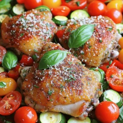 - 4 bone-in, skin-on chicken thighs - 1 cup cherry tomatoes, halved - 1 medium zucchini, sliced into half-moons - 1 red bell pepper, chopped into bite-sized pieces - 1 teaspoon garlic powder - 1 teaspoon onion powder - 1 teaspoon dried oregano - 1 teaspoon dried basil - 1 teaspoon dried thyme - 1/2 teaspoon red pepper flakes (optional) - Salt and freshly ground black pepper, to taste - 1/4 cup extra virgin olive oil - 1/4 cup freshly grated Parmesan cheese - Fresh basil leaves for garnish When you look at the ingredients, you can see they are simple yet flavorful. The chicken thighs are juicy and tender. The cherry tomatoes add a sweet burst. The zucchini and bell pepper bring freshness and crunch. Next, the seasoning is key to this dish. Garlic powder and onion powder give a rich base. Oregano, basil, and thyme add that classic Italian flavor. The red pepper flakes can give a bit of heat if you like. Salt and pepper finish the mix, making it just right. Finally, the extra virgin olive oil brings everything together. It adds moisture while roasting. The Parmesan cheese melts and crisps on top, creating a delightful crust. Fresh basil leaves at the end brighten the dish and add color. For a full guide on how to put this all together, check out the Full Recipe. - Preheat your oven to 400°F (200°C). - Combine the herbs and spices in a small mixing bowl. - Season the chicken thighs thoroughly with the spice mix. - In another bowl, add halved cherry tomatoes, sliced zucchini, and chopped red bell pepper. - Drizzle half the olive oil over the vegetables and season with salt and pepper. Toss well. - On a large baking sheet, place the chicken thighs skin-side up. - Arrange the seasoned vegetables around the chicken. - Drizzle the remaining olive oil on top. - Sprinkle the grated Parmesan cheese evenly over the chicken. - Roast in the oven for 30-35 minutes. - Check that the chicken reaches 165°F (74°C) for safety. - Let the chicken rest for about 5 minutes before serving. For the full details, check the Full Recipe. To ensure even cooking, always preheat your oven to 400°F (200°C). Place the chicken on a baking sheet with space between pieces. This air circulation helps cook the chicken evenly. Use a meat thermometer to check for doneness. Insert it into the thickest part of the chicken. The internal temperature should reach 165°F (74°C). This ensures the chicken is safe to eat and juicy. For a beautiful serving, arrange the chicken and vegetables on a large platter. Drizzle any pan juices over them. This adds flavor and keeps everything moist. Garnish with fresh basil leaves for a pop of color and aroma. Pair this dish with sides like creamy mashed potatoes or a crisp salad. These options complement the flavors well and round out the meal. You can enhance the flavor by adding lemon juice or balsamic vinegar. These add brightness and a tangy kick. For variety, mix different herbs and spices. Try adding rosemary or parsley along with the original seasonings. This will give your baked chicken a unique twist each time you make it. You can always explore new flavor combinations to keep things exciting. For the complete experience, check out the Full Recipe for Italian Herb-Infused Baked Chicken. {{image_4}} You can boost the flavor of Italian baked chicken easily. Adding lemon juice gives a bright zest. Balsamic vinegar can also add a tangy twist. You can try different veggies too. Asparagus and carrots work well and add color. The more variety you add, the more exciting your dish becomes. Making this dish gluten-free is simple. Just use gluten-free breadcrumbs or skip them entirely. For a dairy-free option, leave out the Parmesan cheese. You can also adjust it for low-carb or keto diets. Swap regular potatoes with cauliflower for a great low-carb choice. You can change how you cook the chicken for fun. An air fryer can give it a crispier texture. Grilling the chicken adds a nice smoky flavor. If you prefer tender chicken, try a slow cooker. It keeps the meat juicy and makes it easy to shred. Each method gives you a different taste and feel. For the full experience, don’t forget to check out the Full Recipe. To keep your Italian Baked Chicken fresh, refrigerate leftovers within two hours. Use an airtight container. This helps to lock in moisture and flavor. When stored right, the chicken can last up to four days in the fridge. To keep the chicken moist, place a damp paper towel over it before sealing. This simple trick helps prevent it from drying out. When reheating chicken, aim for low heat. Use an oven set to 350°F (175°C). This helps keep the chicken juicy. Heat it for about 20 minutes. If using a microwave, cover the chicken with a damp paper towel. Heat in 30-second bursts to check warmth. This method helps avoid dry spots. To freeze Italian Baked Chicken, let it cool completely. Then, wrap each piece tightly in plastic wrap. Place it in a freezer bag to seal out air. This keeps it fresh for up to three months. When ready to enjoy, thaw in the fridge overnight. Reheat as explained above for the best taste. The best way to season your chicken is to use a mix of herbs and spices. I recommend garlic powder, onion powder, oregano, basil, and thyme. These flavors blend well. You can also add red pepper flakes for some heat. Rub the mixture all over the chicken. Make sure to cover every part. This helps the chicken taste great. You can use boneless chicken. It cooks faster than bone-in chicken. Boneless chicken also has less fat. However, bone-in chicken keeps more juice and flavor. If you want extra flavor, stick with bone-in. If time is short, boneless works well. To check if the chicken is ready, use a meat thermometer. The chicken should reach 165°F (74°C). This is safe to eat. You can also look for golden brown skin. If the juices run clear, it’s done. Italian Baked Chicken goes great with many sides. Here are some ideas: - Garlic bread - Roasted vegetables - Salad with fresh greens - Creamy polenta - Pasta with marinara sauce Italian Baked Chicken lasts about 3 to 4 days in the fridge. Store it in an airtight container. Make sure it cools down first. Always check for any bad smell before eating leftovers. If it smells off, throw it away. This blog post covers a tasty Italian Baked Chicken dish. You learned about the main ingredients, seasoning, and cooking steps. I shared tips on how to enhance flavors and suggested variations for different diets. Finally, we discussed storage and reheating methods for any leftovers. With this knowledge, you can enjoy a delicious meal that fits your taste and needs. Try it out and make it your own! Happy cooking!