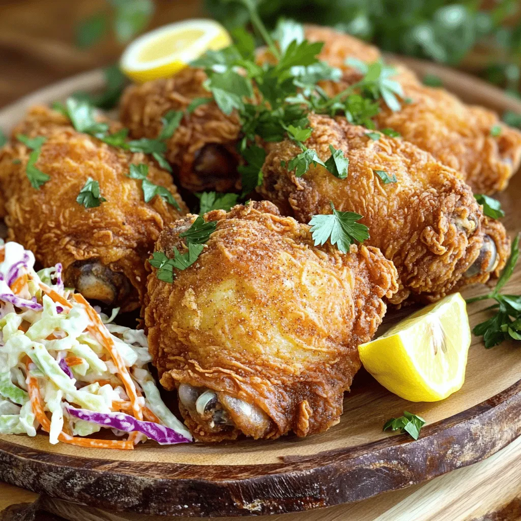 Here are the key ingredients you need to make Country Fried Chicken Magic. Each item plays a big role in creating that crispy, juicy goodness we all love. - 4 bone-in, skin-on chicken thighs - 1 cup buttermilk - 1 teaspoon hot sauce (optional) - 1 cup all-purpose flour - 1 teaspoon paprika - 1 teaspoon garlic powder - 1 teaspoon onion powder - 1 teaspoon cayenne pepper - Salt and freshly ground black pepper, to taste - Vegetable oil, for frying - Fresh parsley, chopped for garnish - Lemon wedges, for serving You start with chicken thighs because they stay juicy and tender. Buttermilk adds flavor and helps the crust stick. Optional hot sauce gives it a kick! The seasoning mix with paprika, garlic powder, and cayenne creates a delicious crust. Salt and pepper balance everything out. Lastly, vegetable oil is key for frying, ensuring that perfect crunch. For a beautiful finish, use fresh parsley and lemon wedges. They add color and brightness to your dish. Check out the Full Recipe for more details! Marinating chicken is key for great flavor and tenderness. The buttermilk not only adds taste, but it also helps break down the meat fibers. This makes the chicken juicy and soft. I recommend marinating for at least 2 hours. For best results, let it sit overnight. This way, the flavors really soak in. To make the coating, mix flour and spices in a bowl. I like to use paprika, garlic powder, onion powder, and cayenne pepper. These spices add a nice kick to the chicken. Make sure to add salt and pepper too. Stir until all ingredients are mixed well. This helps the flavors spread evenly when you coat the chicken. Now it’s time to fry! Heat enough vegetable oil in a large skillet to cover the bottom. Aim for about 1 inch deep. You want the oil to reach 350°F (175°C). A quick test is to drop a bit of the flour mix into the oil. If it sizzles right away, you’re ready! Carefully add the chicken thighs to the hot oil. Don’t overcrowd the pan; this can lower the temperature. Fry each thigh for about 7-10 minutes on each side. You want them golden brown and crispy. A meat thermometer can help; the internal temp should hit 165°F (75°C). When they’re done, remove the chicken and place it on a wire rack or a plate with paper towels. This helps drain excess oil. Let the chicken rest for a few minutes before serving. This helps keep the juices inside, making the meat tender. Follow these steps, and you will have crispy, delicious country fried chicken. For the full recipe, check out the details above. To get that crunchy exterior, start with a dry chicken. Pat the chicken dry with paper towels before marinating. This helps the coating stick better. The key is to use cold buttermilk for marinating. It cools the chicken and keeps it juicy. Fry the chicken at 350°F (175°C). This temperature helps the coating brown while cooking the meat evenly. Use vegetable oil for frying, as it has a high smoke point. Canola oil is another good choice. To kick up the flavor, mix in spices like thyme or oregano. You can also add a pinch of cumin for warmth. For a fun twist, try adding lemon zest to the flour mix. Serve with sauces like ranch, honey mustard, or spicy mayo. These dips will complement the crispy chicken well. You can also pair it with a tangy barbecue sauce for an extra kick. Remember, the right sauce can make your meal stand out. For even more flavor, try the Full Recipe for additional tips. {{image_4}} You can use different cuts of chicken for your country fried chicken. Chicken thighs work great, but you can also try: - Bone-in, skin-on chicken breasts - Chicken drumsticks - Chicken wings Each cut gives a unique taste and texture. If you want to switch things up, you can also use other meats. Try these options: - Pork chops for a savory twist - Turkey cutlets for a leaner option - Even firm tofu for a fun change To make a plant-based version, you can replace chicken with vegetable options. I suggest using: - Cauliflower florets for a crispy bite - Seitan for a meaty texture - Eggplant slices for a hearty choice For the coating, stick with the same flour and spices. Instead of buttermilk, use: - Plant-based milk mixed with vinegar for a similar taste - Vegan yogurt for added creaminess This way, you can enjoy country fried chicken magic, no matter your diet! To keep your country fried chicken tasty, follow these tips. First, let the chicken cool down. Then, wrap it in plastic wrap or place it in an airtight container. This helps keep moisture in and prevents drying out. You can store the chicken in the fridge for up to 3 days. If you want to keep it longer, freeze it! Just make sure to wrap each piece tightly. It can last in the freezer for about 3 months. When you reheat the chicken, aim to keep it crispy. You can use an oven or an air fryer for this. Preheat the oven to 375°F (190°C). Place the chicken on a baking sheet. Heat for about 15-20 minutes. If using an air fryer, set it to 375°F (190°C) as well and cook for about 8-10 minutes. Both methods help keep the skin crunchy. How long does your delicious chicken stay fresh? If stored in the fridge, it’s good for about 3 days. In the freezer, it can last up to 3 months. Look out for signs of spoilage. If you see any mold or strange smells, throw it away. If the chicken feels slimy or sticky, it’s time to say goodbye. Always trust your senses when checking food freshness. This chicken is "magic" due to its crispy coating and juicy meat. The key lies in the buttermilk marinade. It tenderizes the chicken and adds great flavor. The blend of spices, like paprika and cayenne, enhances the taste. This term has roots in Southern cooking, where fried chicken became a beloved dish. People often refer to it as "magic" because of its comforting, homey appeal. Yes, you can make this recipe gluten-free with a few simple swaps. Use gluten-free flour instead of all-purpose flour. Brands like almond flour or rice flour work well too. You can also try gluten-free breadcrumbs for extra crunch. Check the labels of your seasoning mixes to ensure they are gluten-free. To keep the chicken juicy, focus on marinating it long enough. Two hours is the minimum, but overnight is best. Be careful when frying; don't overcrowd the pan. This helps the chicken cook evenly. After frying, let the chicken rest for a few minutes. Resting allows the juices to settle, keeping the meat moist. This blog post covered all the key points for making crispy chicken. You learned about marinating chicken thighs in buttermilk and spices. The steps for coating and frying ensure a perfect crunch. I shared tips to enhance flavor and suggested storage for leftovers. Remember, using the right oil and cooking time is crucial for juicy chicken. Whether you prefer chicken or a plant-based option, you have the tools to create a delicious meal. Enjoy your cooking adventure and impress your friends and family!
