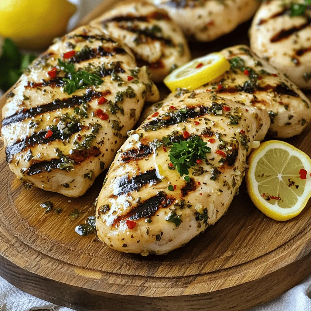- 4 boneless, skinless chicken breasts - 1 cup fresh parsley, finely chopped - 1/2 cup extra virgin olive oil - 4 cloves garlic, minced - Zest of 1 lemon - Juice of 2 lemons - 1 teaspoon red pepper flakes - Salt and freshly ground pepper, to taste - Lemon slices, for garnish To start, always choose fresh chicken for the best taste. Look for chicken breasts that are plump and pink. This ensures they will cook evenly and remain juicy. For the parsley, fresh herbs are key. Wash and dry them well before chopping. This keeps the flavors vibrant. Mince the garlic finely to blend well with the marinade, enhancing the dish's overall taste. When zesting the lemon, avoid the bitter white pith. Use a microplane or a fine grater for the best results. The zest adds a burst of citrus flavor. If you can't find fresh parsley, you can use other herbs like cilantro or basil. Each herb will change the flavor but still taste great. In case you don't have red pepper flakes, try using a pinch of cayenne pepper for heat. Extra virgin olive oil gives depth to the marinade, but if you're in a pinch, any light cooking oil works. Just keep in mind that it may alter the flavor slightly. If fresh lemons are not available, bottled lemon juice can work too, though fresh is always best for taste. For a vibrant twist, consider adding orange zest or juice. This will give your chicken a unique flavor profile. To make the marinade, grab a mixing bowl. Add 1 cup of chopped parsley, 1/2 cup of olive oil, and 4 minced garlic cloves. Then, add the zest and juice of 2 lemons. Sprinkle in 1 teaspoon of red pepper flakes, along with salt and pepper to taste. Mix well until everything blends nicely. You want a chunky and zesty mix that coats the chicken well. For best results, marinate the chicken for at least 30 minutes. If you have time, go for up to 2 hours. This helps the flavors soak into the meat. Make sure to keep the chicken in the fridge while it marinates. This keeps it fresh and safe to eat. Before grilling, preheat your grill on medium-high heat. This step is key for getting good sear marks. After marinating, take the chicken out and let excess marinade drip off. Place the chicken on the hot grill. Cook each side for about 6-7 minutes. Check the internal temperature; it should reach 165°F (75°C). When done, let the chicken rest for 5 minutes before slicing. This helps keep it juicy. For a full flavor experience, consider drizzling some of the leftover marinade over the chicken. Enjoy your tasty Chicken Salmoriglio! For more detailed instructions, check out the Full Recipe. To get those sought-after grill marks, start with a hot grill. Preheat your grill for at least 10 to 15 minutes. Once it's hot, place your marinated chicken directly on the grill. Let it sit without moving it for about 6 to 7 minutes. Flip it over carefully and repeat. This wait time helps form those beautiful marks that shout 