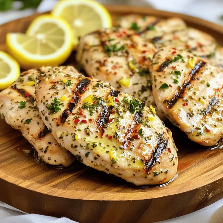 - 4 boneless, skinless chicken breasts - 1 cup fresh parsley, finely chopped - 1/2 cup extra virgin olive oil - 4 cloves garlic, minced - Zest of 1 lemon - Juice of 2 lemons - 1 teaspoon red pepper flakes - Salt and freshly ground pepper, to taste - Lemon slices, for garnish To start, always choose fresh chicken for the best taste. Look for chicken breasts that are plump and pink. This ensures they will cook evenly and remain juicy. For the parsley, fresh herbs are key. Wash and dry them well before chopping. This keeps the flavors vibrant. Mince the garlic finely to blend well with the marinade, enhancing the dish's overall taste. When zesting the lemon, avoid the bitter white pith. Use a microplane or a fine grater for the best results. The zest adds a burst of citrus flavor. If you can't find fresh parsley, you can use other herbs like cilantro or basil. Each herb will change the flavor but still taste great. In case you don't have red pepper flakes, try using a pinch of cayenne pepper for heat. Extra virgin olive oil gives depth to the marinade, but if you're in a pinch, any light cooking oil works. Just keep in mind that it may alter the flavor slightly. If fresh lemons are not available, bottled lemon juice can work too, though fresh is always best for taste. For a vibrant twist, consider adding orange zest or juice. This will give your chicken a unique flavor profile. To make the marinade, grab a mixing bowl. Add 1 cup of chopped parsley, 1/2 cup of olive oil, and 4 minced garlic cloves. Then, add the zest and juice of 2 lemons. Sprinkle in 1 teaspoon of red pepper flakes, along with salt and pepper to taste. Mix well until everything blends nicely. You want a chunky and zesty mix that coats the chicken well. For best results, marinate the chicken for at least 30 minutes. If you have time, go for up to 2 hours. This helps the flavors soak into the meat. Make sure to keep the chicken in the fridge while it marinates. This keeps it fresh and safe to eat. Before grilling, preheat your grill on medium-high heat. This step is key for getting good sear marks. After marinating, take the chicken out and let excess marinade drip off. Place the chicken on the hot grill. Cook each side for about 6-7 minutes. Check the internal temperature; it should reach 165°F (75°C). When done, let the chicken rest for 5 minutes before slicing. This helps keep it juicy. For a full flavor experience, consider drizzling some of the leftover marinade over the chicken. Enjoy your tasty Chicken Salmoriglio! For more detailed instructions, check out the Full Recipe. To get those sought-after grill marks, start with a hot grill. Preheat your grill for at least 10 to 15 minutes. Once it's hot, place your marinated chicken directly on the grill. Let it sit without moving it for about 6 to 7 minutes. Flip it over carefully and repeat. This wait time helps form those beautiful marks that shout "grilled to perfection." Juicy chicken comes from proper marinating and resting. Marinate the chicken for at least 30 minutes, but up to 2 hours is best. This allows the flavors to soak in. After grilling, let the chicken rest for 5 minutes. This step keeps all those delicious juices inside. Slice it only after resting, and you'll enjoy moist, flavorful bites. Garnishing makes your dish look great and adds flavor. Try using fresh lemon slices; they add color and zest. A sprinkle of finely chopped parsley adds a pop of green. You could even drizzle some leftover marinade over the sliced chicken for extra flavor. These small touches make your Chicken Salmoriglio look and taste amazing. For the full recipe, check out the earlier section! {{image_4}} You can enhance your Chicken Salmoriglio by adding more herbs. Try using fresh basil or oregano. These herbs add a new layer of flavor. You can even mix in some thyme for a warm touch. The key is to keep the fresh herbs vibrant. Adjust the amount to suit your taste. I find that a mix of parsley and basil works well. It gives a fresh, Italian feel to the dish. Pair your chicken with grilled veggies for a complete meal. Zucchini, bell peppers, and eggplant are great choices. Brush them with olive oil and sprinkle some salt. Grill them alongside the chicken. The smoky flavor from the grill complements the tangy chicken. You can also toss in some cherry tomatoes. They add a burst of sweetness. Serve these veggies on the side for a colorful plate. Not everyone enjoys the same level of heat. If you like it milder, reduce the red pepper flakes. You can start with half a teaspoon. On the other hand, if you enjoy a kick, add more! A little cayenne pepper can boost the heat. Just remember to balance it with lemon juice for a bright taste. Adjust spices based on your guests’ preferences too. This way, everyone can enjoy the meal. After enjoying your Chicken Salmoriglio, you may have some leftovers. Store them in an airtight container. Place the container in the fridge. Properly stored, the chicken will last for about three days. Make sure it's completely cooled before sealing. This helps keep the flavors intact. When you are ready to eat your leftovers, avoid the microwave if possible. Instead, reheat on the stove or grill. This helps keep the chicken juicy and flavorful. Heat it slowly over low heat. You can add a splash of olive oil or a little broth to keep it moist. For best results, aim for a temperature of 165°F (75°C) before serving. If you want to store the Chicken Salmoriglio for longer, freezing is a great option. You can freeze the marinated chicken before cooking it. Place it in a zip-top bag. Squeeze out as much air as possible before sealing. It will last up to three months in the freezer. You can also freeze the marinade separately. This way, you have a quick meal ready to go. When you're ready to cook, thaw it in the fridge overnight before grilling. Salmoriglio sauce is a bright and zesty mix. It comes from Southern Italy. This sauce blends fresh herbs, olive oil, garlic, and lemon. You make it by mixing chopped parsley, minced garlic, lemon zest, juice, and olive oil. I love the hint of spice from red pepper flakes. This sauce adds a punch of flavor, perfect for grilled meats. Yes, you can use other proteins. Salmon, shrimp, and pork all work well. The marinade adds great flavor to any protein. Just keep cooking times in mind. For fish, cook until it flakes easily. For pork, make sure it reaches 145°F (63°C). This flexibility makes the recipe fun and versatile. Salmoriglio brings out the chicken's natural taste. The bright lemon cuts through the richness of the meat. Fresh parsley adds a grassy note, making the dish lively. Garlic provides a warm depth, while the red pepper flakes give a subtle kick. Together, these flavors create a perfect balance. Each bite feels refreshing and satisfying. For the full recipe, check out the Zesty Chicken Salmoriglio section! This blog post covered key steps for making delicious grilled chicken with Salmoriglio. You learned about the best ingredients, how to prepare and marinate your chicken, and tips for perfect grilling. We explored variations to spice it up and storage tips for leftovers. Remember, cooking is about trying new things and having fun. Don’t be afraid to experiment with flavors. With these tips, you’ll create tasty meals everyone will love. Enjoy your cooking journey!
