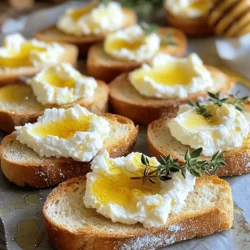 - 200g feta cheese, crumbled - 100g cream cheese, softened - 2 tablespoons olive oil, plus extra for drizzling - 1 tablespoon fresh lemon juice - Salt and freshly ground black pepper to taste The main ingredients create a creamy and rich base for this dish. Feta cheese offers a tangy taste that pairs well with cream cheese. The olive oil adds richness, while lemon juice brings brightness. Seasoning with salt and pepper enhances all the flavors. - 1 French baguette, sliced into 1/2 inch rounds - 1/4 cup hot honey (store-bought or homemade) - Fresh thyme or oregano leaves for garnish The baguette provides a crispy and crunchy base for the whipped feta. Hot honey adds a sweet and spicy kick that takes this dish to another level. Fresh herbs like thyme or oregano not only add flavor but also make the dish look pretty. Using these ingredients, you can create a delightful appetizer. For the full recipe, check out the details above. - Preheat the oven: First, set your oven to 400°F (200°C). This will get it hot for toasting. - Prepare the cheese mixture: In a bowl, mix crumbled feta and softened cream cheese. Add olive oil and lemon juice. Use a hand mixer or blender to whip until smooth. Taste and add salt and pepper as needed. - Prepare the baguette: Slice your French baguette into 1/2 inch rounds. Lay them flat on a baking sheet. - Toast the baguette slices: Drizzle each slice with a bit of olive oil. Bake in the oven for about 8-10 minutes. Watch closely until they turn golden brown. - Spread the whipped feta: After toasting, let the crostini cool for a few minutes. Spread the whipped feta mixture generously on each slice. - Drizzle with hot honey: Take your hot honey and drizzle it over the whipped feta. This will add a sweet and spicy kick. - Garnish and serve: Top each crostini with fresh thyme or oregano leaves. This adds flavor and makes them look pretty. Serve them right away for the best taste. To whip feta effectively, start with crumbled feta cheese. Mix it with softened cream cheese. Use a hand mixer or blender for smoothness. Aim for a creamy texture, not too thick or runny. Add olive oil and lemon juice to help blend flavors. This ensures the right consistency. Taste as you go, adjusting salt and pepper if needed. You can add herbs or spices for extra flavor. Fresh thyme or oregano works great. A pinch of garlic powder can also add depth. Balancing sweet and spicy flavors is key. The hot honey brings sweetness and heat. Drizzle it generously over the whipped feta. This blend will elevate your dish. Stylish serving suggestions make a difference. Serve crostini on a wooden board for a rustic look. Place a small bowl of hot honey on the side. This allows guests to drizzle more if they like. Use fresh herbs as a garnish. A sprinkle of thyme or oregano adds color and charm. This small touch enhances both taste and look. {{image_4}} You can switch up the toppings for whipped feta crostini. Try using different sweet toppings like: - Maple syrup: A smooth, rich sweetness pairs well with feta. - Balsamic glaze: This adds a tangy and sweet burst of flavor. - Fig jam: Sweet and fruity, it complements the creamy feta perfectly. For savory ingredients, consider these: - Sliced olives: They add a briny kick that brightens each bite. - Roasted red peppers: These bring a smoky, sweet flavor that works well. - Sautéed mushrooms: Earthy and rich, they provide depth to the dish. You can easily make this dish fit different diets. For vegan options, instead of feta and cream cheese, use: - Vegan feta: Look for brands that taste great and crumble easily. - Cashew cream: Blend soaked cashews with lemon juice for a smooth, creamy base. For gluten-free alternatives, swap the French baguette for: - Gluten-free bread: Many brands offer tasty baguette-style options. - Rice cakes: These provide a light and crunchy base for your toppings. You can change the toppings based on the seasons. In summer, try these fresh vegetables: - Cherry tomatoes: They add a burst of color and flavor. - Zucchini ribbons: Light and fresh, they complement the whipped feta. For seasonal fruits, consider: - Fresh peaches: Sweet and juicy, they match well with the feta. - Pears: Their sweetness and crunch add a nice contrast. Explore these variations to keep your whipped feta crostini exciting and fresh! For the full recipe, you can find all the details above. To keep your whipped feta fresh, store it in an airtight container. Place it in the fridge right after serving. The creamy feta will stay good for about five days. For the baguette slices, avoid storing them with the feta. Instead, keep them in a paper bag at room temperature. This helps them stay crisp. To restore crispness to the crostini, preheat your oven to 350°F (175°C). Place the baguette slices on a baking sheet and bake for about 5 minutes. This will bring back their crunch. For the whipped feta, do not heat it. It tastes best cold or at room temperature. If it firms up too much, let it sit out for a few minutes before serving. Enjoy your whipped feta within five days for the best taste. If it develops an off smell or color, it is time to toss it. Crostini should be eaten within two days. If they become soft or stale, you will know they are past their prime. For a full recipe on how to make this delicious dish, check the earlier section. You can use goat cheese or ricotta cheese as a substitute for feta. Goat cheese gives a tangy flavor similar to feta. Ricotta is milder and creamier, which works well in whipped dishes. Both options will still taste great in your whipped feta crostini. Yes, you can prepare the whipped feta ahead of time. Store it in the fridge for up to two days. Just toast the baguette slices right before serving. This keeps them crunchy and fresh. Drizzle the hot honey on top just before serving for the best taste. Hot honey has a mild to medium heat level. The spice comes from infused chili peppers. You can adjust the heat by using more or less hot honey. If you prefer a sweeter touch, drizzle lightly. For more heat, go heavy on the honey. Serve crostini on a large platter or a wooden board. Arrange them in a single layer for a nice look. You can add a small bowl of extra hot honey for guests to drizzle. This makes it more interactive and fun! Yes! You can use sourdough, ciabatta, or pita bread. Each bread will give a unique flavor and texture. Just make sure to slice it thinly for even toasting. Whichever bread you choose, it will still complement the whipped feta and hot honey well. For the complete recipe, check out the Full Recipe section. This blog post walks you through making a delicious whipped feta crostini. We covered the main and additional ingredients, plus preparation and toasting steps. You learned tips for texture, flavor, and presentation. We also discussed variations to suit everyone’s taste, along with storage and reheating advice. As you try this recipe, remember the key is balancing flavors. Enjoy experimenting with different ingredients. Your crostini will taste great and impress everyone!