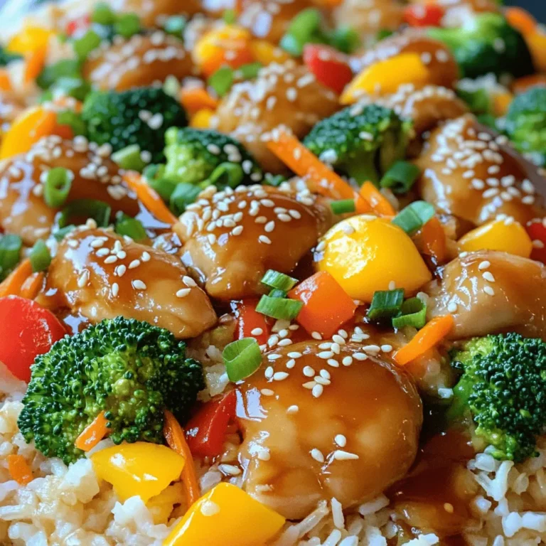 To make a tasty teriyaki chicken casserole, you need the following ingredients: - 2 cups cooked rice (either white or brown) - 1 pound boneless, skinless chicken thighs, diced into bite-sized pieces - 1 cup teriyaki sauce (can be homemade or store-bought) - 1 cup broccoli florets (use fresh or frozen) - 1 cup bell pepper, diced (opt for red or yellow for a touch of sweetness) - 1 cup shredded carrots - 1 cup shredded mozzarella cheese - 2 green onions, chopped (for garnish) - 2 tablespoons sesame seeds (for garnish) - Pinch of red pepper flakes (optional, for spice) - Salt and pepper to taste You can swap some ingredients if you need to. Here are my top suggestions: - Use quinoa instead of rice for a gluten-free option. - Chicken breast works well if you prefer leaner meat. - Swap broccoli for snap peas or green beans if you like. - Try cheddar cheese instead of mozzarella for a sharper flavor. - If you want less sweetness, choose a low-sugar teriyaki sauce. Each serving of teriyaki chicken casserole contains: - Calories: Approximately 350 - Protein: 30g - Carbohydrates: 40g - Fat: 10g - Fiber: 4g This dish is a balanced meal, full of proteins and veggies. It’s great for a family dinner or potluck. You can find the full recipe [here](#). To make teriyaki chicken casserole, you start by cooking chicken with teriyaki sauce. Then, mix it with rice and veggies. Finally, bake it all together until golden and bubbly. 1. Preheat your oven to 375°F (190°C). 2. Heat a bit of olive oil in a large skillet over medium heat. 3. Add 1 pound of diced chicken thighs. Season with salt and pepper. 4. Cook the chicken for 5-7 minutes until it is brown and cooked through. 5. Pour in 1 cup of teriyaki sauce. Stir to coat the chicken. Cook for 2 more minutes. 6. In a large bowl, mix 2 cups of cooked rice, the chicken, 1 cup of broccoli, 1 cup of diced bell pepper, 1 cup of shredded carrots, and half of the mozzarella cheese. 7. If you like spice, add a pinch of red pepper flakes. 8. Pour the mixture into a greased 9x13 inch casserole dish. Spread it evenly. 9. Top with the rest of the mozzarella cheese. 10. Cover the dish with aluminum foil and bake for 20 minutes. 11. Remove the foil and bake for 15 more minutes, until the cheese is melted and golden. 12. Let it cool for a few minutes before serving. Garnish with chopped green onions and sesame seeds. - Cut the chicken into small, even pieces. This helps it cook faster and evenly. - Stir the chicken often while cooking to avoid burning. - Make sure the chicken reaches an internal temperature of 165°F (75°C). - If you're unsure, use a meat thermometer for accuracy. This approach keeps the chicken juicy and flavorful. For more details, check the Full Recipe. When you layer your casserole, start with a solid base. Use cooked rice for even heat. Next, add your chicken and veggie mix. Spread it evenly, so every bite has flavor. Finish with cheese on top. This ensures a golden, bubbly crust. Always cover with foil for the first part of cooking. This keeps the moisture in and helps cook everything through. Avoid overcooking your chicken. Cook it just until it's no longer pink. If you add too many veggies, it can make the casserole watery. Stick to the recipe for a great balance. Also, don't skip the cheese on top. It adds flavor and keeps everything together. Remember to let it cool a bit before serving. This helps the layers set and makes for easier servings. You can boost flavor with simple add-ins. Try adding sliced mushrooms or snap peas for extra crunch. A sprinkle of red pepper flakes gives a nice kick. For garnishes, green onions and sesame seeds add color and taste. You can even toss in some crushed peanuts for added texture. These small changes can make your casserole stand out. Each bite will be a burst of flavor. For the full recipe, check the earlier section. {{image_4}} If you want a veggie version of teriyaki chicken casserole, swap the chicken for tofu or tempeh. These options soak up flavors well. Use the same teriyaki sauce for a tasty result. You can also add more colorful veggies. Try mushrooms, snap peas, or zucchini for extra crunch and nutrition. Feel free to mix up the flavor with different sauces. Instead of teriyaki, you might try a sweet chili sauce or hoisin sauce. Each sauce gives a new twist to the dish. You could also add fresh ginger or garlic for a strong kick. A sprinkle of sesame oil can give a nutty taste. For those with gluten issues, use gluten-free soy sauce or tamari in place of regular teriyaki sauce. Brown rice is a great gluten-free option too. If you need dairy-free, replace the mozzarella cheese with a plant-based cheese. You can use nutritional yeast for a cheesy flavor without the dairy. For the full recipe, check out the details above. After enjoying your teriyaki chicken casserole, store any leftovers in a safe way. First, let the casserole cool completely. Then, transfer it to an airtight container. This keeps the flavors fresh and prevents spoilage. You can also cover the casserole dish tightly with plastic wrap or aluminum foil if you prefer. Store the leftovers in the fridge for up to three days. Reheating is easy and can bring back the delicious taste. For the best results, reheat in the oven. Preheat your oven to 350°F (175°C). Place the casserole in an oven-safe dish. Cover it with foil to keep it moist. Heat for about 20 minutes or until it's warm. You can also microwave it. Use a microwave-safe dish and cover it to avoid splatters. Heat in short bursts, stirring in between. If you want to save some casserole for later, freezing works well. Before freezing, let the casserole cool completely. Then, cut it into portions. Wrap each portion tightly in plastic wrap. Place the wrapped portions in a freezer-safe bag or container. Make sure to label it with the date. You can freeze the casserole for up to three months. When you're ready to eat it, thaw it in the fridge overnight before reheating. This way, you can enjoy a tasty meal any time! For the full recipe, check out the details above. You can easily make this dish ahead. Cook the chicken and mix it with the other ingredients. Place everything in your casserole dish. Cover it well and store it in the fridge. When ready to bake, just preheat your oven and cook as directed. This makes it a great meal for busy days. Yes, you can use brown rice. It adds a nutty flavor and more fiber. Just make sure the rice is cooked before mixing it into the casserole. Brown rice takes longer to cook, so plan accordingly. This swap makes the dish a bit healthier without losing taste. To reheat, place your casserole in the oven at 350°F (175°C). Cover it with foil to keep it moist. Heat for about 20 minutes or until warm. You can also use the microwave. Just cover the dish and heat in short bursts. Stir occasionally to heat evenly. You can store leftovers in the fridge for about 3 to 4 days. Make sure to place it in an airtight container. This keeps it fresh and safe to eat. If you want to keep it longer, consider freezing it. Just remember to thaw it in the fridge before reheating. For the full recipe, check the details above. We covered the essential ingredients and step-by-step instructions to make Teriyaki Chicken Casserole. You learned about substitutes, nutritional info, and cooking tips. We explored best practices and common mistakes to avoid while layering. You discovered exciting variations and how to store leftovers properly. Keep these tips in mind as you cook. Enjoy your meal and have fun experimenting with flavors!