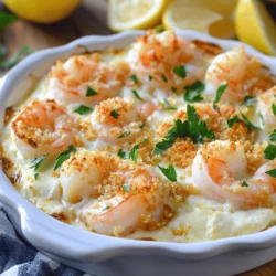 - 1 lb (450g) fresh shrimp, peeled and deveined - 3 tablespoons unsalted butter - 4 cloves garlic, finely minced - 1 cup heavy cream - 1/2 cup grated Parmesan cheese - 1/2 cup shredded mozzarella cheese - 1/4 cup seasoned breadcrumbs - Salt and black pepper to taste - 2 tablespoons fresh parsley, finely chopped - Lemon wedges, for serving Fresh shrimp is key for this dish. I love using shrimp that is sweet and fresh. The unsalted butter gives a rich flavor. Garlic adds a nice kick and aroma. Use fresh garlic for the best taste. For the creamy sauce, heavy cream is essential. It binds all the flavors together perfectly. Parmesan cheese adds a salty depth, while mozzarella gives a gooey texture. The seasoned breadcrumbs create a crunchy topping that contrasts well with the creamy shrimp. Don’t forget the seasonings! A little salt and black pepper can enhance all the flavors. If you love spice, add red pepper flakes to the shrimp when cooking. As for garnish, fresh parsley brightens the dish. Lemon wedges serve as a zesty finish. A squeeze of lemon right before eating takes this dish to another level. For the complete guide to making this dish, check out the Full Recipe. - Preheat the oven to 400°F (200°C). - Grease the baking dish with cooking spray or butter. - In a large skillet, melt 3 tablespoons of butter over medium heat. - Add 4 cloves of minced garlic and 1/2 teaspoon of red pepper flakes. Sauté for 1-2 minutes. - Next, add 1 pound of peeled and deveined shrimp. Cook until pink, about 3-4 minutes. - Season lightly with salt and black pepper to taste. - Stir in 1 cup of heavy cream, letting it simmer for 2-3 minutes. - Gradually add 1/2 cup of grated Parmesan cheese until melted. - Transfer the shrimp and cream mixture into the greased baking dish. - In a small bowl, mix 1/4 cup of seasoned breadcrumbs and 1/2 cup of shredded mozzarella cheese. Sprinkle this on top. - Place the baking dish in the preheated oven. Bake for 15-20 minutes until golden brown and bubbly. - Cool slightly before garnishing with 2 tablespoons of freshly chopped parsley. Enjoy your flavorful Garlic Shrimp Gratin using this step-by-step guide! For the complete recipe, check [Full Recipe]. To make your Garlic Shrimp Gratin even better, try some flavor swaps. You can use different cheeses to change the taste. For example, swapping mozzarella for Gouda adds a nice twist. Fresh herbs also boost the flavor. Try parsley, basil, or thyme. They will add a fresh touch to your dish. Cooking shrimp properly is key. Overcooking makes shrimp tough and chewy. Cook them just until they turn pink and opaque. This usually takes about 3-4 minutes. You can also adjust the spice level with red pepper flakes. If you want it spicier, add more flakes. For a milder version, use less. Serving is half the fun! Add lemon wedges for a bright, tangy finish. The squeeze of lemon really brightens the dish. Use a colorful serving dish to make it pop. This adds visual appeal and makes your meal feel special. For the full recipe, check the main article. {{image_4}} You can switch up the seafood in this dish. Try using scallops or lobster for a seafood medley. Both options add a rich taste. You can also sneak in some veggies. Incorporate spinach or artichokes for added nutrients and color. If you need to make it gluten-free, swap regular breadcrumbs for gluten-free ones. This keeps the dish tasty and safe for everyone. For a lighter version, consider using low-fat cream options. This small change makes a big difference without losing flavor. To mix up the flavors, experiment with different herbs. Basil or cilantro can add fresh notes. A splash of white wine can elevate the dish too. This simple addition brings a gourmet twist that will impress your guests. Store leftovers in an airtight container in the fridge. This keeps the dish fresh. It tastes best within 2-3 days. If you try to save it longer, the shrimp might lose its flavor. You can freeze this dish before baking. It lasts for up to 2 months. To cook, thaw it in the fridge overnight. This helps maintain the texture of the shrimp. To reheat, set your oven to 350°F (175°C). Place the dish inside until it warms through. Avoid using the microwave. This keeps the bread topping crispy and delicious. Enjoy the great taste of garlic shrimp gratin every time you heat it! Want the full recipe? Check out the details above! Prep time is 15 minutes. Cook time is 20 minutes. Total time is 35 minutes. Yes, you can prepare the dish up to the baking step. Just refrigerate or freeze it. You can pair it with crusty bread, rice, or a fresh salad. This makes a complete meal. Yes, you can use frozen shrimp. Just make sure they are thawed thoroughly before cooking. For more details, check the Full Recipe. This blog post shared a delicious recipe for Garlic Shrimp Gratin. You learned about fresh ingredients, cooking methods, and tips for great flavor. You can swap proteins, try new cheeses, or adjust for dietary needs. Remember to store leftovers properly and enjoy them later. With these insights, you can impress friends and family with your cooking skills. Simple steps make this dish easy and fun. Now, gather your ingredients and start cooking!
