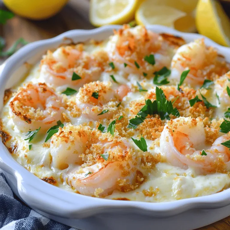 - 1 lb (450g) fresh shrimp, peeled and deveined - 3 tablespoons unsalted butter - 4 cloves garlic, finely minced - 1 cup heavy cream - 1/2 cup grated Parmesan cheese - 1/2 cup shredded mozzarella cheese - 1/4 cup seasoned breadcrumbs - Salt and black pepper to taste - 2 tablespoons fresh parsley, finely chopped - Lemon wedges, for serving Fresh shrimp is key for this dish. I love using shrimp that is sweet and fresh. The unsalted butter gives a rich flavor. Garlic adds a nice kick and aroma. Use fresh garlic for the best taste. For the creamy sauce, heavy cream is essential. It binds all the flavors together perfectly. Parmesan cheese adds a salty depth, while mozzarella gives a gooey texture. The seasoned breadcrumbs create a crunchy topping that contrasts well with the creamy shrimp. Don’t forget the seasonings! A little salt and black pepper can enhance all the flavors. If you love spice, add red pepper flakes to the shrimp when cooking. As for garnish, fresh parsley brightens the dish. Lemon wedges serve as a zesty finish. A squeeze of lemon right before eating takes this dish to another level. For the complete guide to making this dish, check out the Full Recipe. - Preheat the oven to 400°F (200°C). - Grease the baking dish with cooking spray or butter. - In a large skillet, melt 3 tablespoons of butter over medium heat. - Add 4 cloves of minced garlic and 1/2 teaspoon of red pepper flakes. Sauté for 1-2 minutes. - Next, add 1 pound of peeled and deveined shrimp. Cook until pink, about 3-4 minutes. - Season lightly with salt and black pepper to taste. - Stir in 1 cup of heavy cream, letting it simmer for 2-3 minutes. - Gradually add 1/2 cup of grated Parmesan cheese until melted. - Transfer the shrimp and cream mixture into the greased baking dish. - In a small bowl, mix 1/4 cup of seasoned breadcrumbs and 1/2 cup of shredded mozzarella cheese. Sprinkle this on top. - Place the baking dish in the preheated oven. Bake for 15-20 minutes until golden brown and bubbly. - Cool slightly before garnishing with 2 tablespoons of freshly chopped parsley. Enjoy your flavorful Garlic Shrimp Gratin using this step-by-step guide! For the complete recipe, check [Full Recipe]. To make your Garlic Shrimp Gratin even better, try some flavor swaps. You can use different cheeses to change the taste. For example, swapping mozzarella for Gouda adds a nice twist. Fresh herbs also boost the flavor. Try parsley, basil, or thyme. They will add a fresh touch to your dish. Cooking shrimp properly is key. Overcooking makes shrimp tough and chewy. Cook them just until they turn pink and opaque. This usually takes about 3-4 minutes. You can also adjust the spice level with red pepper flakes. If you want it spicier, add more flakes. For a milder version, use less. Serving is half the fun! Add lemon wedges for a bright, tangy finish. The squeeze of lemon really brightens the dish. Use a colorful serving dish to make it pop. This adds visual appeal and makes your meal feel special. For the full recipe, check the main article. {{image_4}} You can switch up the seafood in this dish. Try using scallops or lobster for a seafood medley. Both options add a rich taste. You can also sneak in some veggies. Incorporate spinach or artichokes for added nutrients and color. If you need to make it gluten-free, swap regular breadcrumbs for gluten-free ones. This keeps the dish tasty and safe for everyone. For a lighter version, consider using low-fat cream options. This small change makes a big difference without losing flavor. To mix up the flavors, experiment with different herbs. Basil or cilantro can add fresh notes. A splash of white wine can elevate the dish too. This simple addition brings a gourmet twist that will impress your guests. Store leftovers in an airtight container in the fridge. This keeps the dish fresh. It tastes best within 2-3 days. If you try to save it longer, the shrimp might lose its flavor. You can freeze this dish before baking. It lasts for up to 2 months. To cook, thaw it in the fridge overnight. This helps maintain the texture of the shrimp. To reheat, set your oven to 350°F (175°C). Place the dish inside until it warms through. Avoid using the microwave. This keeps the bread topping crispy and delicious. Enjoy the great taste of garlic shrimp gratin every time you heat it! Want the full recipe? Check out the details above! Prep time is 15 minutes. Cook time is 20 minutes. Total time is 35 minutes. Yes, you can prepare the dish up to the baking step. Just refrigerate or freeze it. You can pair it with crusty bread, rice, or a fresh salad. This makes a complete meal. Yes, you can use frozen shrimp. Just make sure they are thawed thoroughly before cooking. For more details, check the Full Recipe. This blog post shared a delicious recipe for Garlic Shrimp Gratin. You learned about fresh ingredients, cooking methods, and tips for great flavor. You can swap proteins, try new cheeses, or adjust for dietary needs. Remember to store leftovers properly and enjoy them later. With these insights, you can impress friends and family with your cooking skills. Simple steps make this dish easy and fun. Now, gather your ingredients and start cooking!