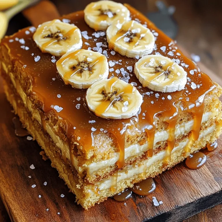 - 2 ripe bananas, mashed until smooth - 1/2 cup unsalted butter, softened to room temperature - 1 cup packed brown sugar - 2 large eggs, at room temperature - 1 teaspoon pure vanilla extract - 1 1/2 cups all-purpose flour - 1 teaspoon baking powder - 1/2 teaspoon baking soda - 1/2 teaspoon salt - 1/2 cup buttermilk, at room temperature - 1 cup granulated sugar - 6 tablespoons unsalted butter, cut into small cubes - 1/2 cup heavy cream, warmed - 1 teaspoon sea salt To make this cake, start with ripe bananas. They add natural sweetness and moisture. Next, use unsalted butter for creaminess. Brown sugar gives a rich flavor that pairs well with bananas. Don't forget the eggs; they help the cake rise and bind. Adding vanilla extract enhances the taste. Use all-purpose flour for the base. Baking powder and baking soda help the cake rise. Salt balances the sweetness. Buttermilk keeps the cake moist and adds flavor. For the salted caramel sauce, granulated sugar is key. You need unsalted butter to create a smooth texture. Heavy cream adds richness, and sea salt gives that perfect salty kick. You can find the full recipe [here](insert link). - Preheat the oven to 350°F (175°C). - Prepare a 9-inch round cake pan by greasing it with butter and dusting it with flour. You can also line the bottom with parchment paper. - In a large mixing bowl, cream together the softened butter and brown sugar until light and fluffy. This should take about 3 to 4 minutes. - Add the mashed bananas and mix well. Then, add the eggs one at a time. Make sure to mix thoroughly after each addition. Finally, stir in the vanilla extract. - In a separate bowl, whisk together the all-purpose flour, baking powder, baking soda, and salt until even. - Gradually add this dry mixture to the banana batter, alternating with the buttermilk. Start and end with the dry mix. Gently mix until just combined. Be careful not to overmix the batter. - Pour the batter into the prepared cake pan. Smooth the top with a spatula. - Bake in the preheated oven for 25 to 30 minutes. Check for doneness by inserting a toothpick into the center. It should come out clean. - Allow the cake to cool in the pan for 10 minutes. Then, transfer it to a wire rack to cool completely. - In a medium saucepan over medium heat, add the granulated sugar. Stir it continuously as it melts. Watch it turn into a golden amber liquid—do not burn it! - Once melted, remove from heat. Quickly add in the diced butter and stir until melted. - Gradually pour in the warm heavy cream while stirring. The mixture will bubble. Mix in the sea salt until smooth. Let it cool slightly. - When the cake has cooled, drizzle half of the salted caramel sauce over the top. Let it sit for a few minutes so the sauce can soak into the cake. - Keep the remaining sauce for serving. - Slice the cake into generous wedges. Serve each slice with a drizzle of the reserved salted caramel sauce. - For a lovely presentation, place the cake on a rustic wooden serving board. Offer a small bowl of extra salted caramel sauce alongside. Add fresh banana slices and a dollop of whipped cream for garnish. For the complete steps, check out the Full Recipe. - Avoiding overmixing: When you mix the batter, do it gently. Overmixing makes the cake tough. Stop mixing as soon as you see no flour. This keeps the cake light and fluffy. - Ensuring cake moisture: To keep your cake moist, use ripe bananas. They add natural sweetness and moisture. Also, buttermilk helps create a tender crumb. Always check if your cake is done with a toothpick. It should come out clean, but a few crumbs are okay. - Preventing sugar burning: When melting sugar, keep the heat at medium. Stir slowly and watch it closely. If it starts to turn dark too fast, remove it from heat. This helps avoid a burnt taste. - Adjusting sauce consistency: If the sauce is too thick, add a bit more warm cream. If it’s too thin, let it cook a bit longer. Stir well until you get the right smoothness. The perfect consistency will drizzle nicely over your cake. - Garnishing with fresh fruit: Top your cake with fresh banana slices. They add color and a nice touch. You can also add berries for a pop of flavor and color. - Adding extra flavor: To enhance the taste, sprinkle some sea salt on the top. It highlights the salted caramel. You can also add a dollop of whipped cream for creaminess. This makes each bite even better. {{image_4}} You can add extra flavors to your cake. Try adding nuts like pecans or walnuts. They give a nice crunch. Chopped nuts also add a rich flavor. You can also mix in chocolate chips for a sweet twist. The chocolate pairs well with the bananas and caramel. If you want a gluten-free option, use gluten-free flour instead of regular flour. This keeps the cake soft and tasty. For a vegan cake, swap eggs for flaxseed meal mixed with water. Use plant-based butter and non-dairy milk for the sauce. These changes still keep the cake delicious! Serve your cake warm with a scoop of ice cream. Vanilla ice cream works great, but you can try others too. Adding flavored whipped cream is another fun option. It adds creaminess and flavor. You can use caramel or even banana-flavored whipped cream. For the full recipe, check here. To keep your salted caramel banana cake fresh, store it at room temperature. Use a cake dome or cover it with plastic wrap. This will keep the moisture in and the cake soft. If your kitchen is hot, consider refrigerating it. Just make sure to place it in an airtight container. This prevents the cake from drying out. For long-term storage, freezing is the best choice. Wrap individual slices in plastic wrap, then place them in a freezer bag. This helps keep the cake fresh for up to three months. When ready to enjoy, simply remove a slice from the freezer. Let it thaw in the fridge overnight or at room temperature for a few hours. The salted caramel banana cake can last about three days at room temperature. If refrigerated, it can last up to a week. For the best taste, consume it within this time frame. The flavors are at their best when fresh. The salted caramel sauce can last about two weeks in the fridge. Just keep it in a sealed container. To make your cake moist, use ripe bananas. The riper the bananas, the better. You can also add a bit more buttermilk to the batter. Another tip is to avoid overmixing. Overmixing makes the cake dense. Instead, mix just until combined. This keeps it light and fluffy. Yes, you can use frozen bananas! Just thaw them first and drain any excess water. This helps keep the batter from getting too wet. Mashed frozen bananas work just as well as fresh ones. They still add great flavor and moisture to your cake. Salted caramel pairs well with many flavors. Chocolate is a classic choice. It adds richness that contrasts nicely with the sweetness. Nuts, like pecans or walnuts, add crunch and depth. You can also try adding a hint of espresso or coffee for a unique twist. You can store salted caramel sauce in the fridge for up to two weeks. Keep it in an airtight container. To reheat, just warm it gently on the stove or in the microwave. Give it a stir to bring it back to a smooth consistency. This recipe for banana cake with salted caramel sauce is a true delight. You learned about the key ingredients, preparation steps, and baking tips to make it succeed. Remember, using ripe bananas and fresh butter makes a difference. Don't forget to try variations, like adding nuts or chocolate, for extra flavor. Store it well to enjoy every last bite. This cake is perfect for any occasion, and I hope you find joy in each slice. Happy baking!