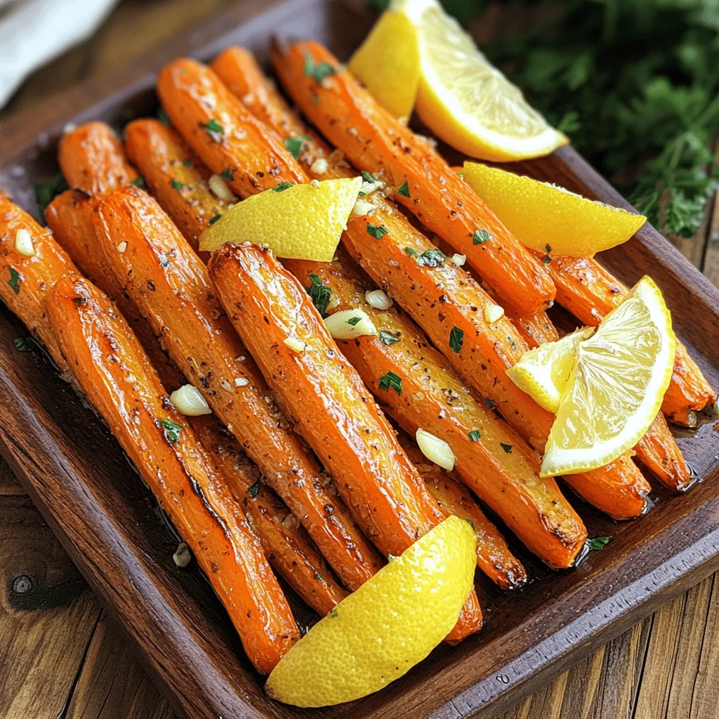 To make Tangy Lemon Garlic Roasted Carrots, you need a few simple items. Here’s what you will need: - 1 lb fresh carrots, peeled and cut into uniform sticks - 3 tablespoons extra virgin olive oil - 4 cloves garlic, finely minced - Zest of 1 large lemon - 2 tablespoons freshly squeezed lemon juice - 1 teaspoon natural honey (or maple syrup for a vegan option) - 1 teaspoon dried thyme leaves - Sea salt and freshly cracked black pepper, to taste - 2 tablespoons fresh parsley, chopped (for garnish) These ingredients come together to create a bright and zesty flavor. You can customize this dish to suit your taste. Here are some ideas: - Add a pinch of red pepper flakes for heat. - Use fresh herbs like rosemary or oregano instead of thyme. - Mix in orange zest for a different citrus flavor. - Drizzle balsamic glaze on top for extra depth. These options can make your roasted carrots even more exciting! When picking carrots, look for the freshest ones. Here’s how to choose: - Choose firm carrots with smooth skin. - Avoid carrots with spots or soft spots. - Opt for medium-sized carrots for even cooking. - If possible, buy organic carrots for better flavor and health benefits. Selecting the right carrots ensures your dish will be a hit! For the full recipe, check out the [Full Recipe]. First, gather all your ingredients. You need fresh carrots, olive oil, garlic, lemon zest, and juice. You will also need honey, thyme, salt, and pepper. 1. Preheat your oven to 425°F (220°C). 2. Line a baking sheet with parchment paper. This helps with easy cleanup. 3. In a mixing bowl, combine olive oil, minced garlic, lemon zest, and lemon juice. 4. Add honey, thyme, and a good pinch of salt and pepper. 5. Whisk until the mixture is blended and fragrant. 6. Peel and cut the carrots into uniform sticks. This helps them cook evenly. 7. Toss the carrot sticks in the bowl until they are coated well. 1. Spread the coated carrot sticks onto the lined baking sheet. 2. Make sure they are in a single layer. This ensures they roast, not steam. 3. Place the baking sheet in your preheated oven. 4. Roast the carrots for 20 to 25 minutes. 5. Halfway through, gently toss the carrots to help them roast evenly. 6. They should be tender and caramelized when done. 1. Remove the carrots from the oven once they are perfectly roasted. 2. Sprinkle freshly chopped parsley on top for color and flavor. 3. Serve the carrots warm as a tasty side dish. 4. For an extra touch, drizzle fresh lemon juice over them before serving. You can find the full recipe for these zesty lemon garlic roasted carrots in the article. Enjoy your cooking! To get the best roasted texture on your carrots, start with uniform sticks. Cut each carrot into even pieces. This helps them cook at the same speed. Use a high oven temperature, like 425°F (220°C). This allows the carrots to caramelize nicely. Spread them out on the baking sheet. If they are too close, they will steam instead of roast. One common mistake is not preheating the oven. Always make sure your oven is hot before adding the carrots. Another mistake is overcrowding the baking sheet. If you pile them high, they won’t roast well. Also, avoid skipping the tossing step halfway through. This helps them cook evenly. Lastly, don’t forget to season well. A pinch of salt and pepper enhances the carrots’ natural flavor. To boost the flavor of your roasted carrots, use fresh ingredients. Fresh herbs, like thyme or parsley, add great taste. You can also add a splash of balsamic vinegar before serving. This gives a tangy kick that pairs well with lemon. For a hint of sweetness, drizzle honey or maple syrup. Experiment with spices like cumin or paprika for a unique twist. If you want the full recipe, check out [Full Recipe]. {{image_4}} You can switch up the flavor of your carrots easily. Try adding fresh rosemary for a piney taste. Oregano gives a warm, earthy feel. If you like heat, sprinkle in some red pepper flakes. These herbs add depth and make each bite exciting. This recipe is already vegan if you use maple syrup. For gluten-free options, check your honey source. Most honey is gluten-free, but it’s good to be sure. You can also swap out the olive oil for avocado oil. This keeps the dish light and tasty. Serve the carrots on a big platter for family meals. You can also pair them with hummus for a fun appetizer. Try adding them to salads for more flavor. A sprinkle of feta cheese or toasted nuts can turn the dish into a full meal. These ideas make your tangy lemon garlic roasted carrots shine in any meal. For the full recipe, check out the details above. After you enjoy your tangy lemon garlic roasted carrots, you may have some left. Store them in an airtight container. This helps keep them fresh. You can keep them in the fridge for up to three days. If you want to enjoy them later, follow the steps below. To reheat your carrots, the oven is the best choice. Preheat the oven to 350°F (175°C). Spread the carrots on a baking sheet. Heat them for about 10 to 15 minutes. This will help keep them crispy. You can also use the microwave. Place the carrots in a safe bowl and cover them. Heat in 30-second intervals until warm. If you want to save your carrots for a long time, you can freeze them. First, let them cool completely. Place the cooled carrots in a freezer-safe bag. Remove as much air as you can before sealing. They can last up to three months in the freezer. When ready to eat, thaw them in the fridge overnight before reheating. For the full recipe, check out the details above. You can prep roasted carrots a day ahead. Just follow the recipe and stop before roasting. Place the coated carrots in a sealed container in the fridge. When you’re ready, spread them on a baking sheet and roast them. This way, you save time and still enjoy a tasty dish. Yes, you can! Many vegetables roast well. Try using zucchini, bell peppers, or Brussels sprouts. Just cut them to a similar size as the carrots. Adjust your cooking time based on the vegetable for the best results. These carrots go great with many meals. They pair well with grilled chicken, fish, or steak. You can also serve them with pasta or quinoa for a vegetarian option. Their zesty flavor adds brightness to any plate. For more ideas, check the Full Recipe for inspiration! In this post, we explored how to make Tangy Lemon Garlic Roasted Carrots. You learned about key ingredients, tips for selecting the best carrots, and step-by-step cooking instructions. We discussed ways to customize your dish and common mistakes to avoid. Understanding storage and reheating methods is key for leftovers. These roasted carrots are a tasty, healthy side dish. Feel free to experiment with herbs and spices to make it your own. Enjoy your delicious creation!