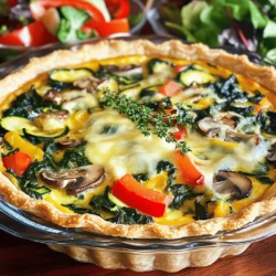 To make a tasty vegetable quiche, gather these ingredients: - 1 pre-made pie crust (or homemade if preferred for a personal touch) - 1 cup fresh spinach, chopped - 1 cup mushrooms, sliced - 1 red bell pepper, diced - 1 small zucchini, grated - ½ cup onion, finely diced - 4 large eggs - 1 cup heavy cream - 1 cup shredded cheese (cheddar or your favorite cheese) - 1 teaspoon garlic powder - 1 teaspoon fresh thyme leaves (or ½ teaspoon dried thyme) - Salt and freshly ground black pepper to taste - 1 tablespoon olive oil These ingredients make the quiche rich and full of flavor. The mix of fresh vegetables gives a bright taste. You can choose any cheese you love. I recommend a sharp cheddar for a nice kick. The heavy cream makes it creamy, but you can use milk if you want something lighter. Using a pre-made pie crust saves time, but if you feel adventurous, make your own. A homemade crust can add a special touch. Don’t forget to season well. Salt and pepper enhance all the flavors. This recipe allows for fun and creativity. You can swap veggies based on what you have at home. The full recipe will guide you through the cooking steps. Enjoy the process and make it your own! Start by preheating your oven to 375°F (190°C). This step is key to getting a well-cooked quiche. A hot oven helps the crust become crispy. Always check that the oven rack is in the middle. This ensures even baking. Be careful when you open the oven door to avoid burns. Next, we sauté the vegetables. In a skillet, warm one tablespoon of olive oil over medium heat. Add finely diced onion and sliced mushrooms first. Cook these for about 3 minutes. They need to soften a little. Then, add diced red bell pepper and grated zucchini. Cook for another 2-3 minutes until they are tender. Finally, stir in chopped spinach and cook for 2 more minutes. Season with salt, black pepper, and one teaspoon of garlic powder. This adds great flavor. Once done, remove the skillet from heat and let the veggies cool slightly. In a large bowl, whisk together four large eggs and one cup of heavy cream. Mix until the eggs and cream are fully combined. This creates a creamy base. Add in fresh thyme leaves and half of your shredded cheese. Stir well to blend the flavors. This mixture is the heart of your quiche. Now, gently fold your sautéed veggies into the egg mixture. Ensure they are evenly distributed. This step is important for flavor in every bite. Pour this combined mixture into your prepared pie crust. Sprinkle the remaining cheese on top for a tasty finish. Place your filled quiche in the oven. Bake for 35-40 minutes. You'll know it’s done when the center is set, and the top is golden brown. A knife inserted in the center should come out clean. This shows that your quiche is perfectly baked. Once baked, take the quiche out of the oven. Let it cool for about 10 minutes. Cooling helps the quiche set and makes it easier to slice. Enjoy your delicious quiche warm or at room temperature. For a beautiful presentation, garnish with fresh thyme and serve with a side salad. This adds color and freshness to your meal. For the full recipe, check out the complete guide. To make your quiche fluffy, whisk the eggs and cream well. This adds air and lightness. Use fresh eggs for the best flavor and texture. Don’t overcook your vegetables; they should be tender but not mushy. Be sure to cool them slightly before mixing them with the eggs. Common mistakes include skipping the pre-baking of the crust, which can lead to a soggy bottom. Also, avoid overfilling the crust; leave some space for the quiche to rise. Lastly, check the doneness by inserting a knife. It should come out clean. Garnish your quiche with fresh herbs like thyme or parsley. This adds color and flavor. You can also sprinkle some extra cheese on top for a delightful finish. Serve your quiche with a fresh green salad or sliced tomatoes. This brightens up the dish and adds a refreshing crunch. Another idea is to pair it with a dollop of sour cream or yogurt for creaminess. You can prep the quiche a day before serving. Just assemble it and store it in the fridge. Bake it fresh when you are ready to serve. For reheating, set your oven to 350°F (175°C). Heat the quiche for about 15-20 minutes, until warmed through. This keeps the crust crispy and the filling creamy. Enjoy your Garden Delight Vegetable Quiche at its best! {{image_4}} For those who need gluten-free options, try using a crust made from almond flour or cornmeal. You can also make a crustless quiche. Just grease your pie dish well and pour in the filling directly. If you want a dairy-free recipe, swap heavy cream with almond or coconut milk. For cheese, use vegan cheese or nutritional yeast for a cheesy flavor without dairy. These changes make the quiche fit different diets while keeping the taste great. Using seasonal vegetables makes your quiche fresh and tasty. Try asparagus in spring, tomatoes in summer, or squash in fall. Each season brings new options to explore. For unique flavor combinations, mix roasted red peppers with feta cheese or add fresh herbs like basil and dill. You can even experiment with spicy peppers for a kick! These ideas keep your quiche exciting and full of flavor. If you want to add protein, consider cooked bacon, ham, or chicken. These meats add great taste and make the quiche heartier. For a plant-based option, you can include tofu or tempeh. Both soak up flavors well and add a nice texture. Pair these with herbs like thyme or spices such as paprika to enhance their taste. For the full recipe, check out the Garden Delight Vegetable Quiche 🥧. To keep your quiche fresh, follow these tips: - Refrigeration: Store leftover quiche in an airtight container. It will stay good for about 3-4 days in the fridge. If you want to keep it longer, consider freezing. - Freezing: For freezing, slice the quiche first. Wrap each slice tightly in plastic wrap, then place them in a freezer bag. This way, you can grab just what you need later. Frozen quiche lasts about 2-3 months. When reheating quiche, you want to keep the flavor and texture. Here’s how: - Oven Method: Preheat your oven to 350°F (175°C). Place the quiche on a baking sheet. Cover it with foil to avoid burning the top. Bake for about 15-20 minutes or until heated through. - Microwave Method: If you're short on time, you can use the microwave. Place a slice on a microwave-safe plate. Heat it for 30 seconds to 1 minute. Check to ensure it’s warm but not rubbery. Using these methods, you will enjoy your delicious vegetable quiche again! For the full recipe, check the detailed instructions. You can tell when the quiche is done by a few signs. First, look for a golden-brown top. The center should be set, not wobbly. If you insert a knife into the center, it should come out clean. This means the eggs are fully cooked. If you see any liquid, bake it a bit longer. Once you see these signs, your quiche is ready to enjoy! Yes, you can make a tasty crustless vegetable quiche! Just skip the pie crust and pour the filling directly into a greased pie dish. This option is great for a lighter meal. It also makes it gluten-free! You can bake it the same way and enjoy a delicious quiche without the crust. The best vegetables for quiche are those that add flavor and texture. Here are some popular choices: - Spinach: Mild and adds color. - Mushrooms: Earthy taste with a nice texture. - Bell Peppers: Sweet and crunchy. - Zucchini: Soft with a mild flavor. - Onions: Sweet when cooked and adds depth. Feel free to mix and match your favorites. Fresh or sautéed, they all work well! Vegetable quiche can last about 3 to 4 days in the fridge. Make sure to store it in an airtight container. This keeps it fresh and safe to eat. If you want to save it longer, consider freezing it. It can last up to 2 months in the freezer. Just thaw and reheat before serving. Yes, you can use plant-based milk instead of cream! Almond milk, soy milk, or oat milk all work well. They will change the flavor a bit, but it can still be delicious. Use unsweetened versions for the best taste. The texture might be slightly lighter, but your quiche will still be tasty and satisfying. For the full recipe, check out the Garden Delight Vegetable Quiche 🥧. In this post, I covered how to make a tasty vegetable quiche. We discussed key ingredients, from fresh veggies to the egg mixture. I shared step-by-step instructions for baking your quiche to perfection. You learned tips for storage and serving, plus many variations for dietary needs. Making quiche is fun and versatile, suitable for any occasion. Enjoy your own creations and impress your family and friends with your cooking skills!