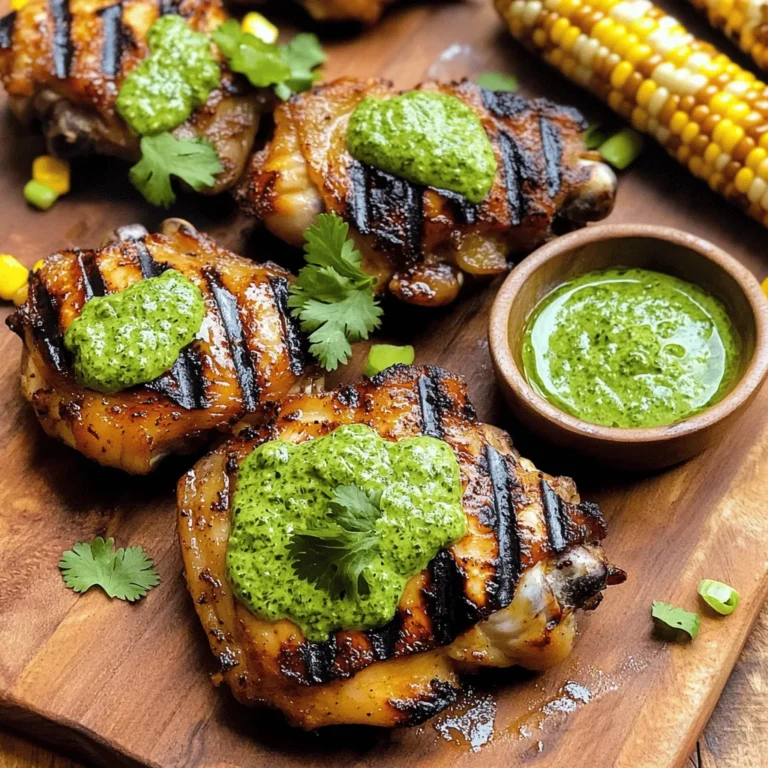 - 4 boneless, skinless chicken thighs - 2 tablespoons olive oil - 2 cloves garlic, minced - 1 teaspoon ground cumin - 1 teaspoon paprika - Salt and freshly cracked pepper, to taste - Juice of 1 lime (about 2 tablespoons) - Fresh cilantro, for garnish - 1 cup fresh cilantro leaves, packed - 1 jalapeño, seeds removed and finely chopped - 2 cloves garlic - 1/4 cup mayonnaise - 1/4 cup Greek yogurt - Juice of 1 lime (about 2 tablespoons) - Salt, to taste For this dish, I use chicken thighs because they are juicy and tender. The marinade is simple but packs a punch. Olive oil keeps the chicken moist. Garlic, cumin, and paprika add rich flavors. Don’t skip the lime juice; it brightens everything up! For the green sauce, fresh cilantro is key. It gives the sauce its vibrant color and taste. A jalapeño adds a little kick, so remove the seeds for less heat. The yogurt and mayo create a creamy texture that balances the spice. You can find the full recipe in the main article. Enjoy cooking this delicious dish! To start, mix the marinade ingredients in a bowl. You need olive oil, minced garlic, cumin, paprika, lime juice, salt, and pepper. Coat the chicken thighs well in this mixture. Cover the bowl with plastic wrap and put it in the fridge. Let it marinate for at least 1 hour. If you have time, marinate overnight for the best flavor. Now, let’s make the green sauce. In a food processor, add fresh cilantro, chopped jalapeño, garlic, mayonnaise, Greek yogurt, lime juice, and a pinch of salt. Blend this mix until it gets smooth and creamy. Taste the sauce and adjust the seasoning if needed. Pop it in the fridge until you are ready to serve. Next, preheat your grill to medium-high heat. Take the marinated chicken out of the fridge and discard any leftover marinade. Grill the chicken thighs for about 6 to 8 minutes on each side. You want them to reach an internal temperature of 165°F (75°C) for safety. Once the chicken is cooked, take it off the grill and place it on a cutting board. Let it rest for about 5 minutes. This helps keep the juices inside. After resting, slice the chicken into strips. Arrange these slices on a platter and generously drizzle the green sauce over the top. You can find the full recipe for more details. To grill the perfect Peruvian chicken, I recommend using a meat thermometer. This tool helps you check the doneness accurately. The chicken should reach an internal temperature of 165°F (75°C). This ensures your chicken is safe to eat and juicy. For grilling, preheat your grill to medium-high heat. This temperature creates a nice sear, locking in flavors. A hot grill also helps prevent sticking. If you see flames, you might want to adjust the heat. For the best flavor, marinate your chicken overnight. This allows the spices to seep deep into the meat. If you are short on time, try to marinate for at least one hour. You can also experiment with spices. Try adding oregano or smoked paprika to the marinade. For a unique twist, use lemon zest instead of lime for a different flavor profile. Pair your grilled chicken with sides like grilled corn or a fresh salad. These complement the rich flavors of the chicken. You can also serve it with rice or quinoa for a hearty meal. For presentation, serve the chicken on a vibrant platter. Drizzle the green sauce generously over the chicken. Garnish with fresh cilantro for a pop of color. A small bowl of extra green sauce on the side makes it even more appealing. {{image_4}} You can make the green sauce as spicy as you like. If you want more heat, add extra jalapeños or a splash of hot sauce. These simple changes will bring a kick to your plate. If you need a creamier sauce, swap Greek yogurt for sour cream. This little tweak will give it a tangy twist. You don't have to stick to just thighs for this dish. You can use chicken breasts or drumsticks. Each cut has its own juicy taste. If you don't have a grill, don't worry! You can also cook the chicken in the oven or on the stovetop. Just use a grill pan for those beautiful grill marks. Want to change the flavor a bit? Try adding citrus! Squeeze in some orange or lemon juice. This gives a fresh zing to the sauce. You can also mix in herbs like parsley or mint. These will add layers of flavor to your green sauce, making it stand out. For the complete dish, check out the Full Recipe. To keep leftover chicken fresh, place it in an airtight container. Make sure it cools to room temperature before sealing. If you mix the green sauce with the chicken, it can change the sauce's texture. It’s best to store the sauce in a separate container. This keeps both the chicken and sauce tasting their best. When reheating chicken, do it slowly. Use a microwave or an oven set to low heat. Check the chicken with a meat thermometer. It should reach 165°F (75°C). This ensures it stays juicy. For the sauce, reheat gently on the stove or in the microwave. Stir it well to keep the flavors fresh. Cooked chicken lasts in the fridge for about 3 to 4 days. If you freeze it, it can last up to 4 months. For the green sauce, store it in the fridge for about a week. If it looks different or smells off, throw it away. Trust your senses; they guide you well in the kitchen. To keep your chicken juicy, marinate it well. I recommend using olive oil, lime juice, garlic, and spices. Let the chicken soak in the marinade for at least one hour, or even overnight. This helps lock in moisture. When you grill, aim for medium-high heat. Cook the chicken for 6–8 minutes on each side. Check for an internal temperature of 165°F (75°C). This ensures it cooks fully but stays moist. If you can, let the chicken rest for five minutes after grilling. This helps the juices redistribute. Yes, you can make the green sauce in advance! It actually tastes better after sitting for a bit. Just blend the ingredients and store the sauce in the fridge. It stays fresh for about three days. To keep it vibrant, cover it tightly. This helps prevent browning. When you’re ready to serve, give it a quick stir. It’s a perfect time-saver! To make this dish gluten-free, check all your ingredients. The olive oil, spices, lime juice, and fresh herbs are naturally gluten-free. For the green sauce, use gluten-free mayonnaise and yogurt. If you want to be extra safe, grill the chicken on a clean grill. This prevents any cross-contamination with gluten. Peruvian grilled chicken pairs well with many sides. Consider serving it with: - Grilled corn on the cob - Fresh salad with lime dressing - White rice or quinoa - Black beans or lentils For drinks, a light beer or a refreshing agua fresca works great. These pairings highlight the chicken's flavors and create a delightful meal experience. For the full recipe, check out the detailed steps above! This blog post has covered how to make delicious grilled chicken with a fresh green sauce. You learned the key ingredients, step-by-step cooking instructions, and tips for flavor and storage. Remember, marinating the chicken makes it tasty, while the green sauce adds a nice kick. You can even experiment with variations or spice levels to suit your taste. With these ideas, you’re set to impress at your next meal. Enjoy your cooking adventure!