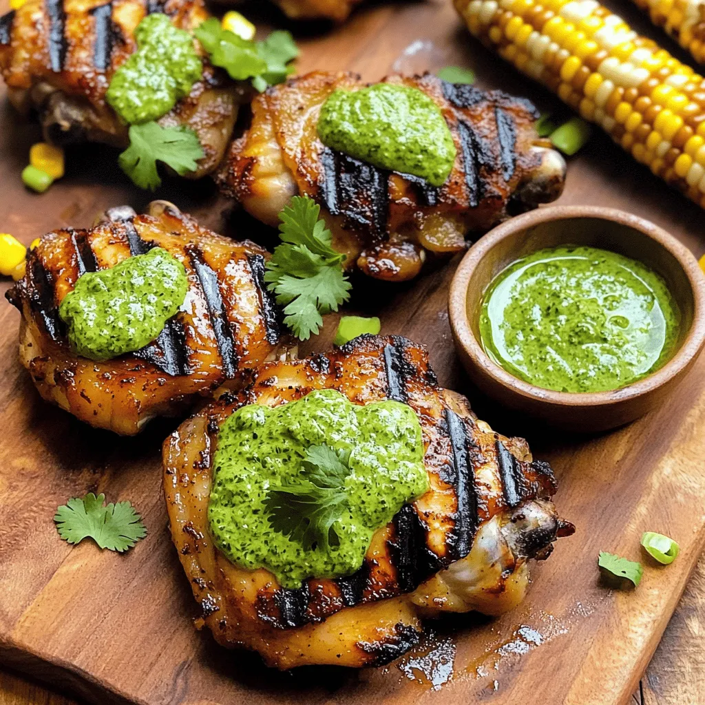 - 4 boneless, skinless chicken thighs - 2 tablespoons olive oil - 2 cloves garlic, minced - 1 teaspoon ground cumin - 1 teaspoon paprika - Salt and freshly cracked pepper, to taste - Juice of 1 lime (about 2 tablespoons) - Fresh cilantro, for garnish - 1 cup fresh cilantro leaves, packed - 1 jalapeño, seeds removed and finely chopped - 2 cloves garlic - 1/4 cup mayonnaise - 1/4 cup Greek yogurt - Juice of 1 lime (about 2 tablespoons) - Salt, to taste For this dish, I use chicken thighs because they are juicy and tender. The marinade is simple but packs a punch. Olive oil keeps the chicken moist. Garlic, cumin, and paprika add rich flavors. Don’t skip the lime juice; it brightens everything up! For the green sauce, fresh cilantro is key. It gives the sauce its vibrant color and taste. A jalapeño adds a little kick, so remove the seeds for less heat. The yogurt and mayo create a creamy texture that balances the spice. You can find the full recipe in the main article. Enjoy cooking this delicious dish! To start, mix the marinade ingredients in a bowl. You need olive oil, minced garlic, cumin, paprika, lime juice, salt, and pepper. Coat the chicken thighs well in this mixture. Cover the bowl with plastic wrap and put it in the fridge. Let it marinate for at least 1 hour. If you have time, marinate overnight for the best flavor. Now, let’s make the green sauce. In a food processor, add fresh cilantro, chopped jalapeño, garlic, mayonnaise, Greek yogurt, lime juice, and a pinch of salt. Blend this mix until it gets smooth and creamy. Taste the sauce and adjust the seasoning if needed. Pop it in the fridge until you are ready to serve. Next, preheat your grill to medium-high heat. Take the marinated chicken out of the fridge and discard any leftover marinade. Grill the chicken thighs for about 6 to 8 minutes on each side. You want them to reach an internal temperature of 165°F (75°C) for safety. Once the chicken is cooked, take it off the grill and place it on a cutting board. Let it rest for about 5 minutes. This helps keep the juices inside. After resting, slice the chicken into strips. Arrange these slices on a platter and generously drizzle the green sauce over the top. You can find the full recipe for more details. To grill the perfect Peruvian chicken, I recommend using a meat thermometer. This tool helps you check the doneness accurately. The chicken should reach an internal temperature of 165°F (75°C). This ensures your chicken is safe to eat and juicy. For grilling, preheat your grill to medium-high heat. This temperature creates a nice sear, locking in flavors. A hot grill also helps prevent sticking. If you see flames, you might want to adjust the heat. For the best flavor, marinate your chicken overnight. This allows the spices to seep deep into the meat. If you are short on time, try to marinate for at least one hour. You can also experiment with spices. Try adding oregano or smoked paprika to the marinade. For a unique twist, use lemon zest instead of lime for a different flavor profile. Pair your grilled chicken with sides like grilled corn or a fresh salad. These complement the rich flavors of the chicken. You can also serve it with rice or quinoa for a hearty meal. For presentation, serve the chicken on a vibrant platter. Drizzle the green sauce generously over the chicken. Garnish with fresh cilantro for a pop of color. A small bowl of extra green sauce on the side makes it even more appealing. {{image_4}} You can make the green sauce as spicy as you like. If you want more heat, add extra jalapeños or a splash of hot sauce. These simple changes will bring a kick to your plate. If you need a creamier sauce, swap Greek yogurt for sour cream. This little tweak will give it a tangy twist. You don't have to stick to just thighs for this dish. You can use chicken breasts or drumsticks. Each cut has its own juicy taste. If you don't have a grill, don't worry! You can also cook the chicken in the oven or on the stovetop. Just use a grill pan for those beautiful grill marks. Want to change the flavor a bit? Try adding citrus! Squeeze in some orange or lemon juice. This gives a fresh zing to the sauce. You can also mix in herbs like parsley or mint. These will add layers of flavor to your green sauce, making it stand out. For the complete dish, check out the Full Recipe. To keep leftover chicken fresh, place it in an airtight container. Make sure it cools to room temperature before sealing. If you mix the green sauce with the chicken, it can change the sauce's texture. It’s best to store the sauce in a separate container. This keeps both the chicken and sauce tasting their best. When reheating chicken, do it slowly. Use a microwave or an oven set to low heat. Check the chicken with a meat thermometer. It should reach 165°F (75°C). This ensures it stays juicy. For the sauce, reheat gently on the stove or in the microwave. Stir it well to keep the flavors fresh. Cooked chicken lasts in the fridge for about 3 to 4 days. If you freeze it, it can last up to 4 months. For the green sauce, store it in the fridge for about a week. If it looks different or smells off, throw it away. Trust your senses; they guide you well in the kitchen. To keep your chicken juicy, marinate it well. I recommend using olive oil, lime juice, garlic, and spices. Let the chicken soak in the marinade for at least one hour, or even overnight. This helps lock in moisture. When you grill, aim for medium-high heat. Cook the chicken for 6–8 minutes on each side. Check for an internal temperature of 165°F (75°C). This ensures it cooks fully but stays moist. If you can, let the chicken rest for five minutes after grilling. This helps the juices redistribute. Yes, you can make the green sauce in advance! It actually tastes better after sitting for a bit. Just blend the ingredients and store the sauce in the fridge. It stays fresh for about three days. To keep it vibrant, cover it tightly. This helps prevent browning. When you’re ready to serve, give it a quick stir. It’s a perfect time-saver! To make this dish gluten-free, check all your ingredients. The olive oil, spices, lime juice, and fresh herbs are naturally gluten-free. For the green sauce, use gluten-free mayonnaise and yogurt. If you want to be extra safe, grill the chicken on a clean grill. This prevents any cross-contamination with gluten. Peruvian grilled chicken pairs well with many sides. Consider serving it with: - Grilled corn on the cob - Fresh salad with lime dressing - White rice or quinoa - Black beans or lentils For drinks, a light beer or a refreshing agua fresca works great. These pairings highlight the chicken's flavors and create a delightful meal experience. For the full recipe, check out the detailed steps above! This blog post has covered how to make delicious grilled chicken with a fresh green sauce. You learned the key ingredients, step-by-step cooking instructions, and tips for flavor and storage. Remember, marinating the chicken makes it tasty, while the green sauce adds a nice kick. You can even experiment with variations or spice levels to suit your taste. With these ideas, you’re set to impress at your next meal. Enjoy your cooking adventure!