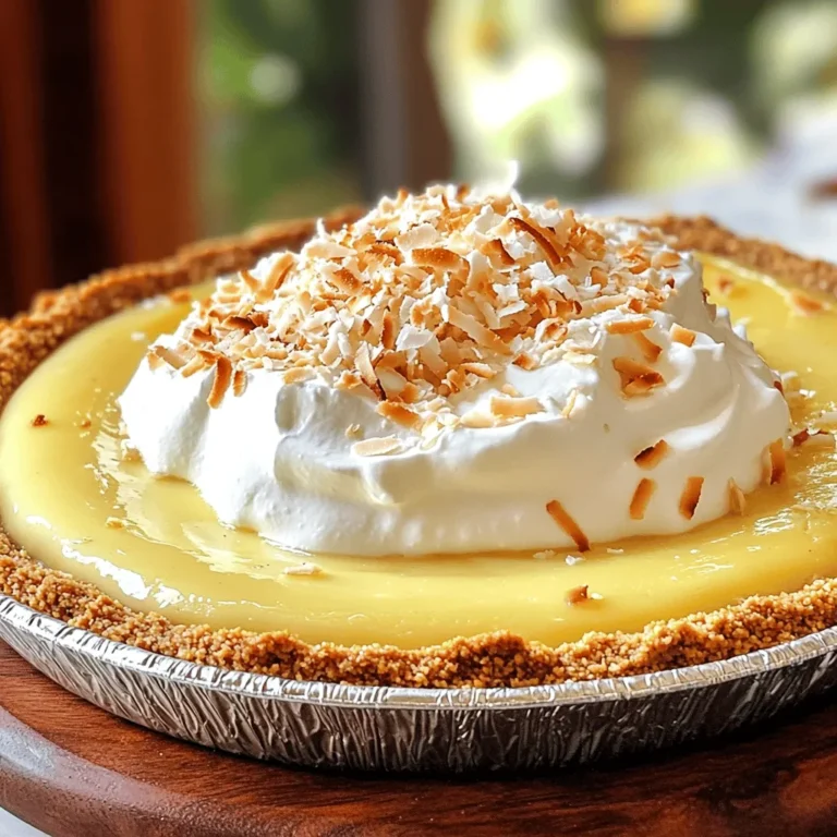 To make a delightful coconut cream pie, you need a few key ingredients: - 1 ½ cups graham cracker crumbs - ½ cup unsweetened shredded coconut, toasted - ½ cup unsalted butter, melted - 1 cup granulated sugar, divided - ¼ cup cornstarch - ½ teaspoon salt - 2 cups whole milk - 4 large egg yolks, lightly beaten - 1 teaspoon pure vanilla extract - 1 ½ cups heavy whipping cream - 3 tablespoons powdered sugar - Extra toasted coconut and whipped cream for garnish Using fresh coconut versus dried coconut greatly impacts flavor. Fresh coconut gives a richer, creamier taste. Dried coconut might lack that fresh pop, but it can still work well. For sweeteners, you can use honey or maple syrup instead of granulated sugar. Just keep in mind that it may alter the texture and taste a bit. Here are the kitchen tools you will need: - A 9-inch pie dish - Mixing bowls - Electric mixer - Medium saucepan - Whisk - Measuring cups and spoons I recommend using a glass or ceramic pie dish for even baking. These materials help the crust bake nicely. An electric mixer is important for whipping the cream. It helps you achieve those beautiful stiff peaks needed for topping. For the full recipe, check out the detailed instructions in the recipe section above. Happy baking! To make the graham cracker crust, start with 1 ½ cups of graham cracker crumbs. Mix these crumbs with ½ cup of toasted shredded coconut and ½ cup of melted unsalted butter. Add ¼ cup of granulated sugar to the mix. Stir until you achieve a crumbly texture. This step is key for a crunchy crust. Next, press the mixture firmly into a 9-inch pie dish. Make sure the crust covers the bottom and the sides evenly. This helps it hold its shape when baked. Bake the crust in a preheated oven at 350°F (175°C) for 8 to 10 minutes until it turns golden brown. After baking, let it cool completely. Cooling is important to prevent the filling from melting the crust. For the coconut filling, begin by whisking together ¾ cup of sugar, ¼ cup of cornstarch, and ½ teaspoon of salt in a medium saucepan. Gradually pour in 2 cups of whole milk while whisking. This helps create a smooth mixture. Cook the mixture over medium heat. It's vital to whisk constantly until it thickens and bubbles. Once you see bubbles, take the saucepan off the heat. This prevents the mixture from overcooking. Now, we need to temper the egg yolks. Take 4 large egg yolks and lightly beat them. Carefully scoop a bit of the hot mixture and whisk it into the egg yolks. This step warms the yolks without cooking them. Then, pour the tempered yolks back into the saucepan. Return it to the stove for one more minute, stirring constantly. Finally, stir in 1 teaspoon of pure vanilla extract and 1 cup of shredded coconut. This adds flavor and texture to your filling. Let the filling cool a bit before pouring it into the cooled pie crust. To set the filling, cover the pie with plastic wrap and chill it in the fridge for at least 4 hours. This will ensure a perfect slice later. For the full recipe, check out the details above! To make the filling just right, avoid these common mistakes: - Not whisking enough: Always whisk the mixture well as it heats. This helps prevent lumps. - Cooking at too high a heat: Keep the heat medium. High heat can ruin the texture by cooking too fast. - Skipping the tempering step: Always temper the egg yolks. This step is key to a smooth filling. You’ll know the filling is ready when it thickens and starts to bubble. It should coat the back of a spoon. This shows it's thick enough. For smooth whipped cream, follow these tips: - Chill the bowl and beaters beforehand. This helps the cream whip faster. - Beat until stiff peaks form. This means the cream holds its shape well. - Add powdered sugar slowly for sweetness and better texture. Pair coconut cream pie with these great side dishes or drinks: - Fresh fruit salad adds a nice contrast. - A cold glass of lemonade works well too. For a beautiful dessert display, try these presentation tips: - Use a clean, sharp knife for slicing. - Serve each slice on a colorful plate for eye appeal. - Add extra toasted coconut on top for a nice finish. To slice and serve the pie without a mess: - Use a pie server for clean cuts. - Wipe the knife after each slice. This helps keep the pieces neat. For the full recipe, check out the Tropical Coconut Cream Pie. {{image_4}} For a vegan coconut cream pie, you can swap dairy ingredients for plant-based ones. Use almond or coconut milk instead of whole milk. For egg yolks, try silken tofu or a mix of cornstarch and water. This keeps the filling creamy and rich without eggs. You can also change the crust to make it vegan. Use crushed nuts and dates to create a no-bake crust. Just blend them together and press into your pie dish. It’s simple, tasty, and adds a nice texture. If you need a gluten-free option, you can make a crust with gluten-free graham crackers or almond flour. Both provide great flavor and texture. You can also use crushed nuts mixed with coconut oil as a base. For the filling, always check if your cornstarch is gluten-free. Most brands are, but it's good to confirm. When cooking the filling, whisk constantly. This helps prevent lumps and keeps it smooth. The filling should thicken nicely, giving you that delightful creamy texture. Feel free to explore the [Full Recipe] for more detailed steps! To keep your coconut cream pie fresh, store it in the fridge. Use a pie cover or wrap it tightly in plastic wrap. This helps prevent the pie from absorbing any odors from your fridge. Proper storage keeps the pie tasty for about 3 to 4 days. Watch for signs of spoilage. If the pie looks dry or the filling separates, it’s best to toss it out. Always trust your senses; if it smells off, don’t eat it. If you want to freeze the pie, it's easy! First, let the pie cool completely. Then, wrap it tightly in plastic wrap and place it in a freezer-safe container. This helps keep it safe from freezer burn. The pie can last in the freezer for up to 2 months. When you’re ready to enjoy it, thaw the pie in the fridge overnight. This keeps the texture nice and creamy. Avoid thawing at room temperature, as it can make the filling watery. A well-thawed pie will taste just as delightful as when you first made it! You can use canned coconut milk. It adds a rich coconut flavor. However, it may change the texture. The filling could be creamier and thicker. If you want a lighter pie, stick to whole milk. If you don't have cornstarch, try using flour. You can also use arrowroot powder or tapioca starch. Both work well for thickening. Use double the amount of these substitutes for best results. The filling is done when it thickens and bubbles. It should coat the back of a spoon. You can also check by dipping a whisk into the mixture. It should leave a line when you run your finger through it. Add fresh fruit like mango or pineapple on top. You can also use macadamia nuts for crunch. A splash of rum in the filling gives it a fun twist. Another option is to mix in lime zest for a tangy flavor. Garnish the pie with toasted coconut and whipped cream. Spread the whipped cream evenly over the pie. Sprinkle the toasted coconut on top for a nice look. You can also add fresh fruit as a colorful touch. Coconut cream pie is a delightful treat. We covered the key ingredients, the right tools, and the step-by-step process. I shared tips for perfect texture and tasty variations. Don’t forget storage methods to keep your pie fresh. Whether you choose vegan or gluten-free options, there’s a way for everyone to enjoy. Making this pie can be fun and rewarding. So get in your kitchen and create a delicious coconut cream pie today!