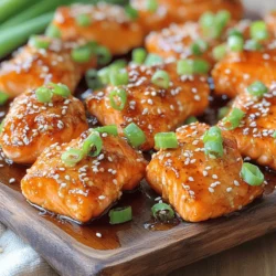 To make crispy honey garlic salmon bites, gather these key ingredients: - 1 lb fresh salmon fillet, skin removed and cut into bite-sized cubes - 1/4 cup all-purpose flour - 1/4 cup cornmeal - 1/2 teaspoon garlic powder - 1/2 teaspoon onion powder - 1/2 teaspoon paprika - Salt and freshly ground black pepper, to taste - 2 tablespoons vegetable oil (for frying) - 1/4 cup honey - 3 tablespoons low-sodium soy sauce - 2 cloves garlic, minced - 1 teaspoon fresh ginger, grated - 1 tablespoon sesame seeds (optional for garnish) - 2 green onions, finely chopped (optional for garnish) You will need some basic tools to cook these bites perfectly: - A large mixing bowl for coating the salmon - A spacious skillet for frying - A spatula for flipping the salmon - A small saucepan for the honey garlic sauce - Paper towels for draining excess oil When choosing salmon, look for bright, firm fillets. A few tips can help you select the best: - Check for a fresh ocean smell, not a fishy one. - The flesh should be shiny and moist, not dull. - Avoid any fillets with brown spots or discoloration. - If possible, buy wild-caught salmon for better flavor and quality. By choosing the right ingredients and tools, you set your dish up for success. For the full recipe, check out the details above to start cooking! First, gather your ingredients. You will need fresh salmon, flour, cornmeal, and spices. In a large bowl, mix the flour, cornmeal, garlic powder, onion powder, paprika, salt, and pepper. Stir until well mixed. Next, add the salmon cubes to the bowl. Toss them gently so each piece gets a nice coating. This coating helps the salmon stay crisp when frying. Heat your skillet over medium-high heat and add the vegetable oil. Wait until the oil shimmers. Now, carefully place the salmon bites in a single layer. Make sure they are not crowded. Fry them for about 2-3 minutes on each side. You want them crispy and golden brown. Once they are done, take them out and let them rest on paper towels. This step helps absorb excess oil. In a small saucepan, combine honey, low-sodium soy sauce, minced garlic, and grated ginger. Heat this mixture over medium heat. Stir occasionally for about 3-5 minutes. You want the sauce to thicken a bit and shine. When it’s ready, take it off the heat. Now, add the crispy salmon bites back into the skillet. Drizzle the honey garlic sauce over them. Toss gently until every bite is coated well. For the full recipe, check out the details above. To get the best texture, focus on the coating. Use both flour and cornmeal. This mix gives a nice crunch. Make sure to coat each salmon piece well. Toss them in the flour mix lightly. This helps create that crispy outer layer. Fry in hot oil to seal in moisture. Keep the salmon bites spaced out in the pan. This allows them to fry evenly. Flip them gently to ensure even cooking. Many cooks miss out on using fresh ginger. It adds a bright and zesty taste. Also, consider using low-sodium soy sauce. This option keeps the dish flavorful without too much salt. Don’t forget sesame seeds and green onions for garnish. They add visual appeal and extra flavor. These small touches can elevate your dish. Serve these salmon bites hot for the best taste. Pair them with steamed rice or a fresh salad. A squeeze of lime can add a tangy kick. You can also serve them with a dipping sauce like sweet chili. This adds layers of flavor and excitement. For a party, arrange them on a platter. This makes them easy to grab and enjoy. For the full recipe, check the [Full Recipe] link. {{image_4}} You can switch some ingredients to suit your taste. For the salmon, use trout or even chicken. If you're gluten-free, substitute all-purpose flour with almond flour. Instead of soy sauce, try tamari for a gluten-free option. For a spicy kick, add chili flakes to the honey garlic sauce. You can also use maple syrup instead of honey for a different sweetness. If you prefer baking, preheat your oven to 400°F (200°C). Place your coated salmon on a baking sheet lined with parchment paper. Bake for about 15-20 minutes, flipping halfway through. This method keeps the salmon moist while giving it a nice crisp. For grilling, marinate your salmon bites in the honey garlic sauce before cooking. Grill them over medium heat for about 3-4 minutes on each side. Grilling adds a smoky flavor that pairs well with the sweet glaze. To create a salmon salad, start with the crispy honey garlic salmon bites. Chop them into smaller pieces and toss them with mixed greens. Add sliced cucumbers, cherry tomatoes, and avocado for freshness. Drizzle with a light dressing made from the leftover honey garlic sauce mixed with olive oil. This transforms your dish into a light meal perfect for lunch or dinner. Try this twist to enjoy the flavors in a new way. For detailed steps, check out the Full Recipe. To keep your crispy honey garlic salmon bites fresh, store them in an airtight container. Make sure to let them cool down first. Keep them in the fridge for up to three days. This way, you can enjoy them later without losing flavor. If you plan to eat them within a couple of days, they will taste just as good as when you first made them. When it’s time to eat your leftovers, reheating is key. Use a skillet over medium heat to warm them up. This method keeps them crispy. Avoid using the microwave, as it can make them soggy. Heat for about 3-5 minutes, flipping them gently. You’ll get that delightful crunch back, just like fresh out of the pan. If you have extra salmon bites, freezing is a great option. Place them in a single layer on a baking sheet. Freeze them for about an hour. Once frozen, transfer them to a freezer bag. Remove as much air as possible. They can last in the freezer for up to three months. When you're ready to eat, thaw them in the fridge overnight before reheating. Enjoy your delicious bites even after some time! You can easily make these salmon bites gluten-free. Use gluten-free flour instead of all-purpose flour. Cornmeal is already gluten-free, so you can keep that. Make sure the soy sauce is gluten-free as well. Many brands offer gluten-free soy sauce. This way, you can enjoy the same crispy, tasty bites without any gluten. Many sides go well with crispy honey garlic salmon bites. Here are some of my favorites: - Steamed broccoli - Garlic mashed potatoes - Rice or quinoa salad - Roasted asparagus - Cucumber salad These sides balance the sweet and savory flavors of the salmon bites. They also add color and nutrition to your meal. Leftovers of crispy honey garlic salmon bites can last for about three days in the fridge. Store them in an airtight container to keep them fresh. When you're ready to eat, reheat them in a skillet for the best taste. This will help keep them crispy. Enjoy these bites again without losing any flavor! In this blog post, we explored making crispy honey garlic salmon bites. We covered ingredients, essential tools, and tips for selecting fresh salmon. You learned step-by-step instructions for preparing and frying the salmon and making a tasty sauce. I shared tips for the best texture and overlooked ingredients. We also discussed variations, storage info, and answered common questions. Now, you have the skills to create delicious salmon bites. Enjoy experimenting with flavors and impressing friends and family!