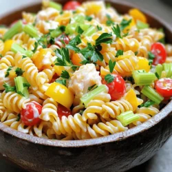 - 8 oz rotini pasta - 1 cup fresh crab meat (or shredded imitation crab) - 1/2 cup celery, finely diced - 1/2 cup red bell pepper, chopped - 1/2 cup creamy mayonnaise - 2 tablespoons freshly squeezed lemon juice - 1 teaspoon Dijon mustard - 1/2 teaspoon garlic powder - Salt and freshly ground black pepper to taste - Chopped fresh parsley for garnish The key to a great crab pasta salad lies in its fresh ingredients. I love using rotini pasta for its fun shape that holds onto the dressing well. The crab meat adds a sweet ocean flavor. You can use fresh crab or imitation crab, depending on what you have. Both work nicely! Next, I add crunchy celery and sweet red bell pepper. These veggies not only add color but also great texture. For the dressing, I mix creamy mayonnaise, fresh lemon juice, Dijon mustard, and garlic powder. This blend creates a smooth and tangy flavor that makes the salad shine. Finally, I season the dish with salt and black pepper. A sprinkle of chopped fresh parsley adds a pop of color and freshness. You can find the complete recipe under the title "Oceanic Bliss Crab Pasta Salad" to help you make this quick and tasty dish. - Bring salted water to a boil. - Add 8 oz of rotini pasta and cook until al dente. - Drain the pasta and cool it under cold water. Cooking pasta is simple, yet it sets the base for your salad. Start by bringing a large pot of salted water to a boil. The salt will help flavor the pasta. Once boiling, add the rotini pasta. Cook it according to the package instructions until it is al dente, which means it should be firm to the bite. After cooking, drain the pasta in a colander. Rinse it under cold water to stop the cooking process and cool it down. This step is key to keeping the pasta from becoming mushy. - Combine cooked pasta with crab and vegetables. - Mix together dressing ingredients. Now, it's time to bring your salad to life. In a large mixing bowl, combine the cooled pasta with 1 cup of fresh crab meat, 1/2 cup of finely diced celery, 1/2 cup of chopped red bell pepper, 1/4 cup of minced red onion, and 1/2 cup of halved cherry tomatoes. Gently stir everything together. This mix of ingredients adds great textures and flavors. Next, in a separate bowl, whisk together the dressing. Combine 1/2 cup of creamy mayonnaise, 2 tablespoons of freshly squeezed lemon juice, 1 teaspoon of Dijon mustard, 1/2 teaspoon of garlic powder, and a pinch of salt and pepper. Mixing these well makes a smooth dressing that ties the salad together. - Toss pasta and crab mixture with the dressing. - Refrigerate for flavor enhancement. - Serve and garnish with parsley. Now for the fun part! Drizzle the dressing over the pasta and crab mixture. Use a spatula or a large spoon to toss everything gently. Make sure the pasta and veggies get coated evenly with the creamy dressing. Taste the salad and adjust the seasoning if needed. Cover the bowl with plastic wrap and place it in the fridge for at least 30 minutes. This chilling step is important. It allows the flavors to blend and deepen. Once chilled, give the salad a final toss. Scoop it into a serving dish and garnish with chopped fresh parsley for a vibrant touch. For the full recipe, refer to the detailed instructions above. Enjoy your delicious crab pasta salad! I love tweaking flavors to make this dish shine. You can adjust the seasoning to fit your taste. A little extra salt can bring out the crab's natural sweetness. If you want more brightness, add a touch more lemon juice. The zest of lemon really lifts the salad. When it comes to serving, presentation matters. You can serve the salad in individual bowls for a fancy touch. A large glass dish also looks great and shows off the vibrant colors. Don’t forget to pair it with lemon wedges for an extra citrus burst. It adds a nice zing when you squeeze it on top. Chilling the salad is key. It helps all the flavors blend well. I usually chill it for at least 30 minutes before serving. If you want to add more flavor, test different herbs. Fresh dill or chives can make a delightful difference. They add a unique twist and can enhance the overall taste. {{image_4}} You can easily swap crab for other seafood. - Use shrimp for a sweet bite. - Try lobster for a touch of luxury. - Canned tuna is a quick and tasty choice. Each option gives a unique flavor to your salad. Shrimp adds a nice crunch, while lobster enhances richness. Canned tuna is simple and more affordable. Adding veggies can make your salad even better. - Incorporate avocado for a creamy texture. - Add peas or corn for a sweet pop. Avocado brings a rich flavor that pairs well with crab. Peas and corn add a bright touch and extra sweetness. Feel free to mix and match your favorite veggies! You can adjust this recipe to fit your diet. - Use gluten-free pasta for a gluten-free dish. - Opt for low-fat mayo for a lighter option. Choosing gluten-free pasta allows those with allergies to enjoy this dish. Low-fat mayo keeps it light without losing flavor. You can still enjoy all the taste in a healthier way. Store your crab pasta salad in an airtight container in the fridge. This keeps it fresh and safe. It tastes best within 2-3 days after you make it. If you eat it too late, the flavors might not be as good. I do not recommend freezing this salad. Freezing changes the texture of the pasta and crab. When thawed, it may become mushy and less tasty. You should serve this salad cold. If you reheat it, the texture will change. The creamy dressing will not taste right when warm. Enjoy it straight from the fridge for the best taste! Fresh crab meat offers the best flavor. It tastes sweet and briny. If you're on a budget, imitation crab is a tasty alternative. It still works well in this dish. You can keep it for 2-3 days. It will taste best when eaten fresh, but it still holds up well in the fridge. Yes, you can! Making it a few hours ahead helps the flavors meld beautifully. Just cover it and chill in the fridge until you're ready to serve. If you're looking for a healthier twist, use Greek yogurt or mashed avocado. Both options add creaminess and a fresh taste. Absolutely! The mild flavors make it appealing to children. They will enjoy the fun shapes of the pasta and the sweetness of the crab. To add some heat, you can include chopped jalapeños or a dash of hot sauce. Start small and taste as you go to find the right balance. This crab pasta salad combines fresh ingredients and easy steps for a delicious meal. You start with rotini pasta, crab, and fresh veggies. The creamy dressing ties it all together. Don't forget to chill the salad for richer flavors. You can mix and match with different seafood or add veggies. Store leftovers for a quick snack, but enjoy within a few days for the best taste. This dish is simple, tasty, and sure to please everyone at your table. Enjoy your culinary adventure!