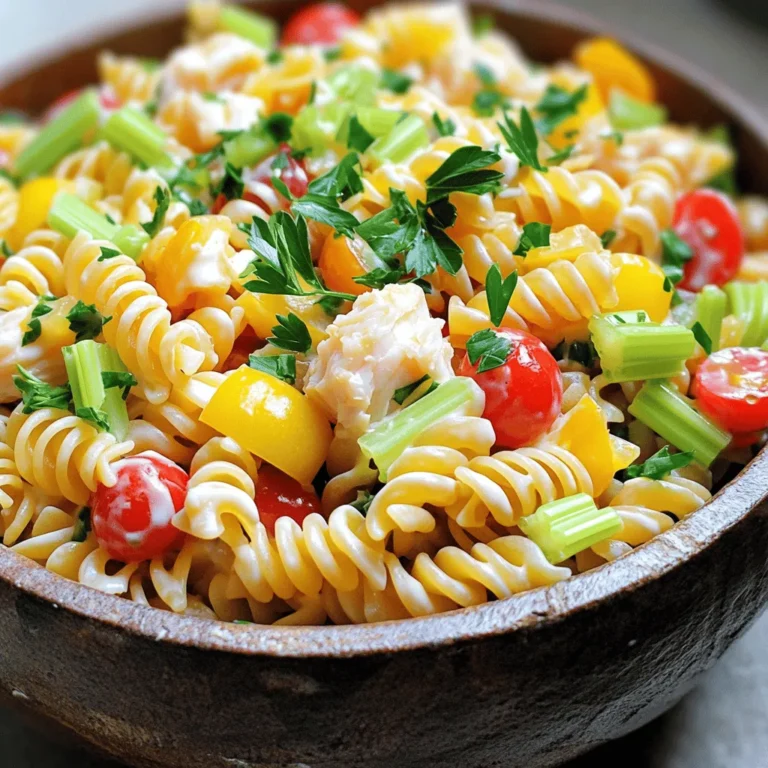 - 8 oz rotini pasta - 1 cup fresh crab meat (or shredded imitation crab) - 1/2 cup celery, finely diced - 1/2 cup red bell pepper, chopped - 1/2 cup creamy mayonnaise - 2 tablespoons freshly squeezed lemon juice - 1 teaspoon Dijon mustard - 1/2 teaspoon garlic powder - Salt and freshly ground black pepper to taste - Chopped fresh parsley for garnish The key to a great crab pasta salad lies in its fresh ingredients. I love using rotini pasta for its fun shape that holds onto the dressing well. The crab meat adds a sweet ocean flavor. You can use fresh crab or imitation crab, depending on what you have. Both work nicely! Next, I add crunchy celery and sweet red bell pepper. These veggies not only add color but also great texture. For the dressing, I mix creamy mayonnaise, fresh lemon juice, Dijon mustard, and garlic powder. This blend creates a smooth and tangy flavor that makes the salad shine. Finally, I season the dish with salt and black pepper. A sprinkle of chopped fresh parsley adds a pop of color and freshness. You can find the complete recipe under the title "Oceanic Bliss Crab Pasta Salad" to help you make this quick and tasty dish. - Bring salted water to a boil. - Add 8 oz of rotini pasta and cook until al dente. - Drain the pasta and cool it under cold water. Cooking pasta is simple, yet it sets the base for your salad. Start by bringing a large pot of salted water to a boil. The salt will help flavor the pasta. Once boiling, add the rotini pasta. Cook it according to the package instructions until it is al dente, which means it should be firm to the bite. After cooking, drain the pasta in a colander. Rinse it under cold water to stop the cooking process and cool it down. This step is key to keeping the pasta from becoming mushy. - Combine cooked pasta with crab and vegetables. - Mix together dressing ingredients. Now, it's time to bring your salad to life. In a large mixing bowl, combine the cooled pasta with 1 cup of fresh crab meat, 1/2 cup of finely diced celery, 1/2 cup of chopped red bell pepper, 1/4 cup of minced red onion, and 1/2 cup of halved cherry tomatoes. Gently stir everything together. This mix of ingredients adds great textures and flavors. Next, in a separate bowl, whisk together the dressing. Combine 1/2 cup of creamy mayonnaise, 2 tablespoons of freshly squeezed lemon juice, 1 teaspoon of Dijon mustard, 1/2 teaspoon of garlic powder, and a pinch of salt and pepper. Mixing these well makes a smooth dressing that ties the salad together. - Toss pasta and crab mixture with the dressing. - Refrigerate for flavor enhancement. - Serve and garnish with parsley. Now for the fun part! Drizzle the dressing over the pasta and crab mixture. Use a spatula or a large spoon to toss everything gently. Make sure the pasta and veggies get coated evenly with the creamy dressing. Taste the salad and adjust the seasoning if needed. Cover the bowl with plastic wrap and place it in the fridge for at least 30 minutes. This chilling step is important. It allows the flavors to blend and deepen. Once chilled, give the salad a final toss. Scoop it into a serving dish and garnish with chopped fresh parsley for a vibrant touch. For the full recipe, refer to the detailed instructions above. Enjoy your delicious crab pasta salad! I love tweaking flavors to make this dish shine. You can adjust the seasoning to fit your taste. A little extra salt can bring out the crab's natural sweetness. If you want more brightness, add a touch more lemon juice. The zest of lemon really lifts the salad. When it comes to serving, presentation matters. You can serve the salad in individual bowls for a fancy touch. A large glass dish also looks great and shows off the vibrant colors. Don’t forget to pair it with lemon wedges for an extra citrus burst. It adds a nice zing when you squeeze it on top. Chilling the salad is key. It helps all the flavors blend well. I usually chill it for at least 30 minutes before serving. If you want to add more flavor, test different herbs. Fresh dill or chives can make a delightful difference. They add a unique twist and can enhance the overall taste. {{image_4}} You can easily swap crab for other seafood. - Use shrimp for a sweet bite. - Try lobster for a touch of luxury. - Canned tuna is a quick and tasty choice. Each option gives a unique flavor to your salad. Shrimp adds a nice crunch, while lobster enhances richness. Canned tuna is simple and more affordable. Adding veggies can make your salad even better. - Incorporate avocado for a creamy texture. - Add peas or corn for a sweet pop. Avocado brings a rich flavor that pairs well with crab. Peas and corn add a bright touch and extra sweetness. Feel free to mix and match your favorite veggies! You can adjust this recipe to fit your diet. - Use gluten-free pasta for a gluten-free dish. - Opt for low-fat mayo for a lighter option. Choosing gluten-free pasta allows those with allergies to enjoy this dish. Low-fat mayo keeps it light without losing flavor. You can still enjoy all the taste in a healthier way. Store your crab pasta salad in an airtight container in the fridge. This keeps it fresh and safe. It tastes best within 2-3 days after you make it. If you eat it too late, the flavors might not be as good. I do not recommend freezing this salad. Freezing changes the texture of the pasta and crab. When thawed, it may become mushy and less tasty. You should serve this salad cold. If you reheat it, the texture will change. The creamy dressing will not taste right when warm. Enjoy it straight from the fridge for the best taste! Fresh crab meat offers the best flavor. It tastes sweet and briny. If you're on a budget, imitation crab is a tasty alternative. It still works well in this dish. You can keep it for 2-3 days. It will taste best when eaten fresh, but it still holds up well in the fridge. Yes, you can! Making it a few hours ahead helps the flavors meld beautifully. Just cover it and chill in the fridge until you're ready to serve. If you're looking for a healthier twist, use Greek yogurt or mashed avocado. Both options add creaminess and a fresh taste. Absolutely! The mild flavors make it appealing to children. They will enjoy the fun shapes of the pasta and the sweetness of the crab. To add some heat, you can include chopped jalapeños or a dash of hot sauce. Start small and taste as you go to find the right balance. This crab pasta salad combines fresh ingredients and easy steps for a delicious meal. You start with rotini pasta, crab, and fresh veggies. The creamy dressing ties it all together. Don't forget to chill the salad for richer flavors. You can mix and match with different seafood or add veggies. Store leftovers for a quick snack, but enjoy within a few days for the best taste. This dish is simple, tasty, and sure to please everyone at your table. Enjoy your culinary adventure!