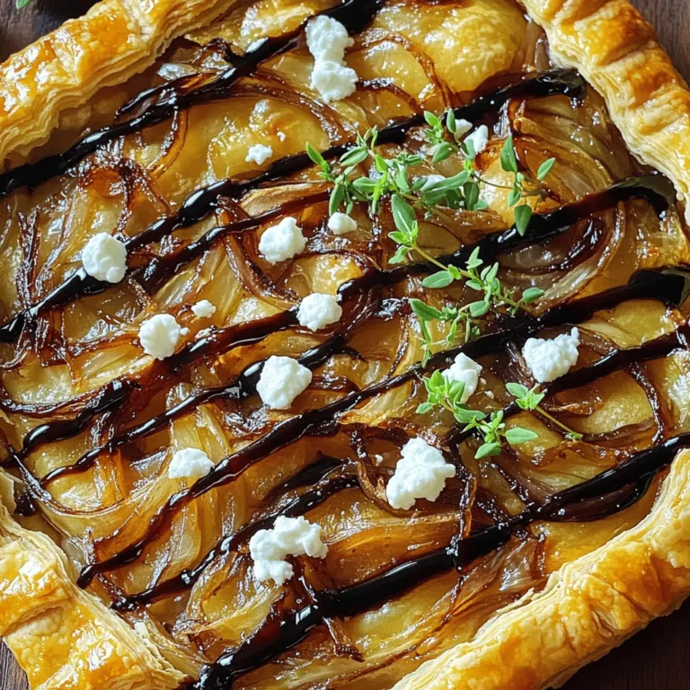- 1 sheet of puff pastry, thawed - 3 large yellow onions, thinly sliced - 3 tablespoons extra virgin olive oil - 4 oz goat cheese, crumbled - 1 tablespoon balsamic vinegar - 1 teaspoon granulated sugar - Sea salt and freshly ground black pepper, to taste - 1/2 cup heavy cream - 2 large farm-fresh eggs - Fresh thyme leaves for garnish When I create a Caramelized Onion and Goat Cheese Tart, I like to start with the main ingredients. The puff pastry forms a lovely base. It puffs up nicely when baked, creating a crispy shell. Yellow onions are the star here. They caramelize to a sweet, rich flavor. The goat cheese adds a creamy and tangy touch that balances everything. For seasonings, I use balsamic vinegar for a hint of sweetness. Granulated sugar helps the onions caramelize better. Sea salt and black pepper enhance the flavors. Each ingredient plays an important role in making this tart delicious. In the additional components, heavy cream and farm-fresh eggs create a smooth filling. This mixture binds the onions and cheese together. Fresh thyme leaves provide a pop of color and flavor. They add a fresh herb note that brightens each bite. For the full recipe, check out the complete details. You’ll love how everything comes together in this dish! Caramelizing the onions Start by heating olive oil in a skillet over medium heat. Add the thinly sliced onions. Stir them often. Cook for 20 to 25 minutes. Watch as they soften and turn a lovely brown color. Adding flavors with balsamic vinegar Once the onions are caramelized, pour in balsamic vinegar. Then, add granulated sugar, sea salt, and black pepper. Stir well and cook for another 5 minutes. This will deepen the flavors and thicken the mix. Set it aside to cool. Rolling out the puff pastry On a floured surface, roll out your puff pastry. Make it big enough for your baking sheet. Transfer the pastry carefully to the sheet, pressing the edges to make a border. Spreading onion mixture and goat cheese Take the cooled onion mixture and spread it evenly on the pastry. Crumble the goat cheese on top. Make sure to cover the onions well for great flavor. Pouring the cream and egg mixture In a bowl, whisk together heavy cream and eggs. Season it with salt and pepper. Pour this mixture evenly over the onions and cheese. This will bind everything together as it bakes. Baking until golden brown Preheat your oven to 400°F (200°C). Place the tart in the oven and bake for 25 to 30 minutes. Look for a golden brown color and a puffed-up pastry. When done, remove it from the oven and let it cool for a few minutes. For the full recipe, check out the Caramelized Onion and Goat Cheese Tart. To get sweet and golden onions, use low heat. Low heat allows the sugars to develop slowly. Stir the onions often to make sure they cook evenly. Keep an eye on them to avoid burning. If you notice they are browning too fast, lower the heat more. Adding a pinch of sugar helps speed up the caramelization. This step adds extra sweetness, enhancing the flavor of the tart. To boost the taste, I love to add fresh herbs. Thyme pairs perfectly with caramelized onions and goat cheese. You can also sprinkle in some rosemary for a different flavor. When it comes to cheese, goat cheese is great, but try feta too. Feta adds a tangy twist. Mixing both cheeses can create a unique taste. Serve the tart warm, cut into wedges. A simple salad dressed with lemon is a great side. The freshness of the salad balances the rich flavors of the tart. For a more colorful plate, add cherry tomatoes or arugula. Garnish with fresh thyme leaves on top for a pop of color. This not only looks good but also adds flavor. For the full recipe, check the original source. {{image_4}} You can easily change this tart. If you want a different taste, try feta cheese instead of goat cheese. Feta gives a nice salty flavor. You can also add vegetables like spinach or mushrooms. These veggies bring new textures and tastes. Change your toppings with the seasons. In spring, add fresh asparagus or peas. In the fall, try roasted pumpkins or squash. Adjust the flavors too. Use sage in autumn and fresh basil in summer to make each dish unique. If you need a gluten-free option, look for gluten-free puff pastry. Many good brands exist. For vegan diets, swap eggs and cream with almond milk and tofu. Blend the tofu until smooth for a creamy texture. These tweaks let everyone enjoy this tart. Check the Full Recipe for more details. To keep your Caramelized Onion and Goat Cheese Tart fresh, use these tips: - Refrigeration: Place leftovers in an airtight container. Store in the fridge for up to three days. - Freezing: If you want to save it longer, freeze the tart. Wrap it tightly in plastic wrap and foil. It can last for about two months in the freezer. When you're ready to enjoy your tart again, follow these steps: - Oven Method: Preheat your oven to 350°F (175°C). Place the tart on a baking sheet and heat for 15-20 minutes. This keeps the crust crispy. - Microwave Method: If you're in a hurry, use the microwave. Heat on low for one to two minutes. This method may make the crust a bit soft, but it works. You might wonder how long your tart lasts. Here’s what you need to know: - Refrigerated Tart: It stays good for three days in the fridge. - Frozen Tart: It can last two months in the freezer. - Spoilage Signs: Watch for any off smells or mold. If it looks or smells strange, it's best to throw it away. For the full recipe of this delightful tart, check out the [Full Recipe]. You can pair the tart with a light salad. A simple arugula salad works well. Use a lemon vinaigrette to add brightness. Roasted vegetables also make a great side. Consider serving with a glass of white wine too. Yes, you can prepare it ahead. Make the tart but do not bake it. Cover it with plastic wrap and keep it in the fridge. When you're ready, just bake it for about 30 minutes. This keeps the crust crisp and fresh. To serve more people, just double the recipe. Use two sheets of puff pastry. Increase the onions, goat cheese, and eggs accordingly. Bake them on separate baking sheets if needed. This way, you can serve a delicious tart to everyone. This blog post explored how to make a delicious Caramelized Onion and Goat Cheese Tart. We discussed key ingredients like puff pastry and goat cheese. I shared easy steps for preparation, baking, and tips to enhance flavors. Variations and storage tips help you customize this dish and keep it fresh longer. I hope you feel ready to make and enjoy this tasty tart. Happy cooking!