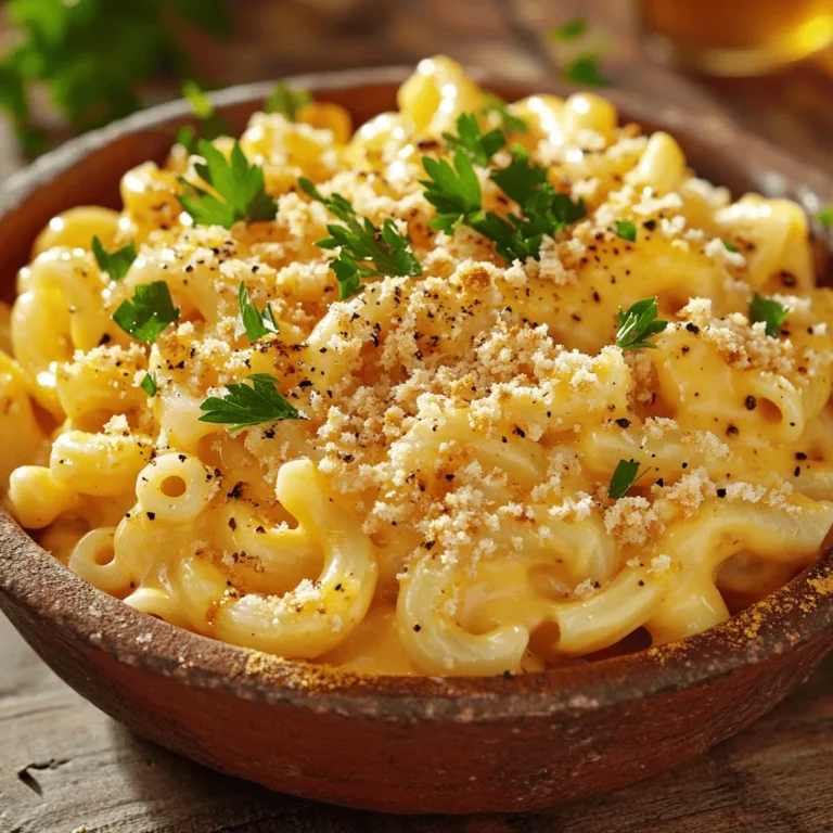 To make a tasty creamy honey pepper mac and cheese, gather these ingredients: - 8 oz elbow macaroni - 2 tablespoons unsalted butter - 2 tablespoons all-purpose flour - 2 cups whole milk - 1 cup sharp cheddar cheese, shredded - 1 cup mozzarella cheese, shredded - 1/4 cup cream cheese, softened - 2 tablespoons honey - 1 teaspoon freshly cracked black pepper - 1 teaspoon smoked paprika - Salt, to taste - 1/4 cup panko breadcrumbs (optional, for topping) - Fresh parsley, chopped, for garnish Each ingredient plays a key role in creating the rich and creamy texture of this dish. The elbow macaroni serves as a perfect base. The blend of sharp cheddar and mozzarella gives a great flavor. Cream cheese adds depth to the sauce. Honey brings a sweet touch and counteracts the pepper's heat. Smoked paprika adds a unique twist. Finally, the panko breadcrumbs give a nice crunch if you choose to bake it. For a fresh finish, sprinkle some chopped parsley on top. You can find the full recipe in the article. Enjoy cooking! First, grab a large pot. Fill it with water and add salt. Bring the water to a boil. Once boiling, add 8 oz of elbow macaroni. Cook it for about 8-10 minutes. Make sure the pasta is al dente, or firm to the bite. Drain the pasta and set it aside. Now, use the same pot. Add 2 tablespoons of unsalted butter and melt it over medium heat. When the butter is melted, sprinkle in 2 tablespoons of all-purpose flour. Whisk this mix for 1-2 minutes. You want it to be light and golden. This mix is called a roux. Next, slowly add 2 cups of whole milk to the roux. Keep whisking to break up lumps. Bring the mix to a simmer, cooking for about 5-7 minutes. The sauce should thicken enough to coat a spoon. Then, lower the heat to medium-low. Stir in 1 cup of sharp cheddar, 1 cup of mozzarella, and 1/4 cup of cream cheese. Mix until the cheese melts into a smooth sauce. Now, take the cooked pasta and add it to the cheese sauce. Stir gently to coat every piece of pasta with the cheese. Make sure it’s all covered in creamy goodness. If you want a crunchy top, preheat your oven to 350°F (175°C). Transfer the mac and cheese to a greased baking dish. Sprinkle 1/4 cup of panko breadcrumbs on top. Bake for 15-20 minutes. Look for a golden brown topping and bubbly cheese. To make it pretty, garnish with fresh parsley before serving. This adds color and a fresh touch to your creamy honey pepper mac and cheese. Enjoy this delightful dish! For the complete recipe, check out the Full Recipe. To make the best cheese sauce, use fresh cheese. Fresh cheese melts better. Shred your own cheese instead of buying pre-shredded. Pre-shredded cheese has additives that can affect texture. Keep your heat low when adding cheese. This helps it melt without clumping. Start by whisking your roux well. Cook it until it turns light golden. When you add milk, do it slowly. Whisk continuously to break up lumps. If lumps form, use an immersion blender for a smooth sauce. This tool works wonders for quick fixes. If you want to change the flavor, try different cheeses. Gruyere gives a nutty taste. Fontina melts beautifully and adds creaminess. For a sharp kick, use pepper jack cheese. You can mix cheese types for a unique flavor. Always balance strong cheeses with milder ones for a harmonious dish. For the full recipe, check out the [Full Recipe]. {{image_4}} You can make Creamy Honey Pepper Mac and Cheese even better by adding protein. Cooked chicken is a great choice. It adds flavor and makes the dish hearty. You can also use shrimp or cooked bacon for a fun twist. Add them in after mixing the pasta and cheese sauce. This way, the flavors blend nicely. If you want to keep it vegetarian, there are tasty options. Try adding cooked spinach or broccoli. They bring color and nutrients. You can also mix in cherry tomatoes for a sweet burst. Add these veggies right before you combine them with the cheese sauce. They will warm up and add great texture. To boost the flavor, try extra spices. A pinch of cayenne pepper gives it a nice kick. You can also add garlic powder for depth. For a smoky flavor, consider using smoked gouda cheese. Drizzle more honey on top before serving for added sweetness. These changes can take your dish to the next level. For the full recipe, check the link. To keep your creamy honey pepper mac and cheese fresh, allow it to cool first. Once cool, transfer it to an airtight container. Store it in the refrigerator for up to three days. Make sure to seal it well to prevent any odors from the fridge from sneaking in. When you are ready to enjoy your leftovers, you can reheat them in a few ways. Use the microwave for a quick fix. Place your serving in a bowl and cover it with a damp paper towel to keep it moist. Heat for about 1-2 minutes, stirring halfway through. If you prefer, you can reheat it on the stove. Add a splash of milk to a pan, then warm it over medium heat, stirring often until hot. If you want to store your creamy honey pepper mac and cheese for longer, freezing is an option. Place the cooled dish in a freezer-safe container. You can freeze it for up to three months. To reheat, let it thaw overnight in the fridge. Then, use the microwave or stovetop methods to warm it back up. For best results, avoid freezing with the panko topping, as it can become soggy when reheated. For the full recipe, check out the earlier sections! Yes, you can use any pasta that you like. Penne, fusilli, or shells all work well. Just ensure that the pasta cooks to al dente. This way, it holds the cheese sauce better. The shape of the pasta can change the dish's texture and look. If your cheese sauce is too thick, add a bit of milk. Pour in small amounts while stirring until you reach your desired creaminess. Heat it gently as you mix. This helps to keep the sauce smooth and silky, making it easier to coat the pasta. Absolutely! You can prepare the mac and cheese in advance. Just make the dish up to the baking step. Cover it tightly and store it in the fridge for up to two days. When you’re ready to serve, bake it straight from the fridge. It may need a few extra minutes in the oven. To add heat, try adding more black pepper or some cayenne pepper. You can also mix in diced jalapeños or crushed red pepper flakes. Start with a little and taste as you go. This way, you can control the spice level to suit your taste buds. The best cheese for mac and cheese is sharp cheddar. It gives a great flavor. You can also mix in mozzarella for creaminess or Gruyère for a nutty taste. Using a blend of cheeses makes the dish rich and tasty. For a full list of ingredients, check the Full Recipe. This blog post guides you through making a delicious mac and cheese. We covered the key ingredients, easy steps, and helpful tips. Whether you prefer a classic dish or add fun twists, this recipe suits all. Store leftovers properly and explore variations for new flavors. Enjoying this meal can spark joy in any kitchen. Dive in and try it for yourself!