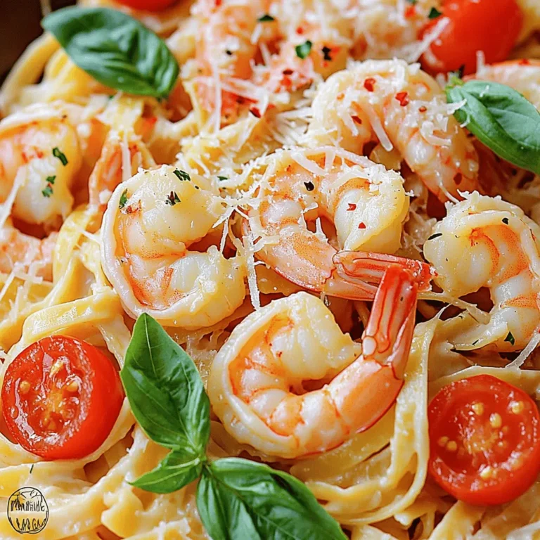- 12 oz linguine or fettuccine pasta - 1 lb large shrimp, peeled and deveined - 2 tablespoons extra virgin olive oil - 4 cloves garlic, minced - 1 teaspoon red pepper flakes (adjust more or less to your preference) - 1 cup cherry tomatoes, halved - 1 cup heavy cream - 1 cup grated Parmesan cheese, plus extra for serving - 1 tablespoon fresh lemon juice - Salt and freshly cracked black pepper to taste - Fresh basil leaves, chopped (for garnish) The key to my Marry Me Shrimp Pasta lies in these fresh ingredients. I always choose large shrimp. They add a delightful bite and absorb flavor well. I prefer linguine for its ability to hold the creamy sauce. You can also use fettuccine for a thicker noodle. Extra virgin olive oil brings a rich taste. Garlic adds warmth and depth. The red pepper flakes provide a lovely kick. Adjust the amount to fit your spice level. Cherry tomatoes bring sweetness and color. Heavy cream creates a luscious sauce. Grated Parmesan adds saltiness and creaminess. Fresh lemon juice brightens the dish. Don't forget salt and cracked black pepper to taste. Lastly, fresh basil leaves give it a beautiful finish. For the complete recipe, check out the Full Recipe link. It has all the steps and tips to make this dish shine! First, bring a large pot of salted water to a rolling boil. Add 12 ounces of linguine or fettuccine. Cook it until al dente, which usually takes about 8 to 10 minutes. Once done, drain the pasta but save about 1 cup of the pasta water for later. This water will help adjust the sauce later. In a large skillet, heat 2 tablespoons of extra virgin olive oil over medium-high heat. Add 1 pound of peeled and deveined shrimp to the pan. Season them with salt and freshly cracked black pepper. Cook the shrimp for about 2 to 3 minutes on each side. They should turn pink and opaque. Once cooked, take them out and set them on a plate. Now, we move on to the sauce! In the same skillet, lower the heat to medium. Add 4 cloves of minced garlic and 1 teaspoon of red pepper flakes. Sauté for about 1 minute, stirring often. This step is vital for flavor. You want the garlic to smell great but not brown. Next, toss in 1 cup of halved cherry tomatoes and cook for 2 more minutes until they soften a bit. Slowly pour in 1 cup of heavy cream while stirring. Let it simmer gently. Gradually mix in 1 cup of grated Parmesan cheese until it melts and thickens the sauce. Once your sauce is ready, it’s time to combine! First, gently fold the drained pasta into the skillet. Then, add the cooked shrimp and a tablespoon of fresh lemon juice. Toss everything together gently to coat the pasta and shrimp with the sauce. If the sauce seems too thick, add a splash of the reserved pasta water until it reaches your desired texture. Taste and adjust with extra salt and pepper if needed. After combining, remove the skillet from the heat. Serve the pasta in individual bowls. Garnish with chopped fresh basil for a pop of flavor and color. Enjoy your Marry Me Shrimp Pasta right away for the best taste. To get shrimp just right, cook them quickly. Heat your skillet over medium-high heat. Add shrimp and season with salt and pepper. Cook for 2-3 minutes on each side. They should turn pink and opaque. Don't walk away! Overcooked shrimp can get tough and rubbery. For pasta, aim for al dente. Bring salted water to a boil. Cook linguine or fettuccine as per package directions, usually 8-10 minutes. Before draining, save about a cup of that pasta water. It helps adjust the sauce later. To adjust spice levels, use red pepper flakes. Start with a teaspoon, and taste as you go. You can always add more if you like heat. This adds a nice kick without overpowering the dish. For depth in your sauce, think about adding a splash of white wine. It adds brightness and pairs well with shrimp. You can also toss in some chopped herbs like parsley or basil. They will enhance the overall flavor. Garnishing makes your dish pop! Top each serving with fresh basil and extra Parmesan cheese. It adds color and flavor. Place a lemon wedge on the side. This gives a touch of freshness and looks lovely. For a romantic dinner, serve the pasta in pretty bowls. Dim the lights and add candles. A nice side salad or garlic bread pairs well and rounds out the meal. If you want the full recipe, check out the detailed cooking steps mentioned earlier. {{image_4}} You can change up the main protein in this dish. If you want a different flavor, use chicken instead of shrimp. You can also use vegetables like bell peppers or zucchini for a lighter option. Both choices taste great in the sauce. For pasta, you can switch from linguine or fettuccine to whole wheat or gluten-free options. This way, you make the dish fit your needs while keeping it delicious. If you want a lighter sauce, try using less cream. You can substitute with milk or even a non-dairy option like almond milk. This still gives you creaminess without the heaviness. For more flavor, consider adding a splash of white wine. It adds a nice depth to the sauce. Just make sure to let it cook down a bit so the alcohol cooks off. Use seasonal veggies for a fresh twist. In spring, add asparagus or peas. In fall, try adding butternut squash or kale. This not only enhances flavor but also makes the dish colorful. If you have a special occasion, you can adapt the recipe too. Consider adding a sprinkle of truffle oil or a fancy cheese on top for a gourmet touch. These small changes can make your dinner feel extra special. To keep Marry Me Shrimp Pasta fresh, use airtight containers. Glass or plastic containers work well. Place the pasta in the fridge if you plan to eat it within three days. For longer storage, freeze it. In the freezer, it stays good for about two months. The quality may drop after this time, so enjoy it soon! When reheating, you want to keep the pasta moist. The best way is to use a skillet or a microwave. If using a skillet, add a splash of water or broth. Heat it over low heat, stirring often. For the microwave, cover the dish with a damp paper towel. This helps steam the pasta and keeps it from drying out. If the sauce thickens too much, add a little pasta water when reheating. This keeps the dish creamy and delicious. Yes, you can prep this dish ahead. Cook the pasta and shrimp separately. Store them in the fridge. Keep the sauce in an airtight container. When ready to eat, simply reheat each part. Combine them in a skillet on low heat. This way, you keep the flavors fresh. You have many tasty options. Try a simple green salad for a crunchy side. Garlic bread pairs well too. For wine, a crisp white like Pinot Grigio works great. It complements the flavors of the shrimp and cream nicely. If you love heat, add more red pepper flakes. You could also mix in diced jalapeños. Another option is to drizzle hot sauce over the finished dish. Adjust the spice to fit your taste. Just remember to start small, then add more if needed. The name comes from the dish's reputation. Many say it’s so good, it might inspire a proposal! It’s a fun way to describe how delicious it is. The dish has become popular for romantic dinners. For the complete recipe, check out the [Full Recipe]. It's easy to follow and will make your cooking fun! This blog post shared a simple and tasty recipe for Marry Me Shrimp Pasta. We covered key ingredients like shrimp, pasta, and spices. You now know how to cook pasta perfectly and create a flavorful sauce. You also learned tips for variations and storage. For your next dinner, try this dish to impress someone special. Cooking should be fun, so enjoy every step in the kitchen. Use fresh ingredients to make it shine! Happy cooking!