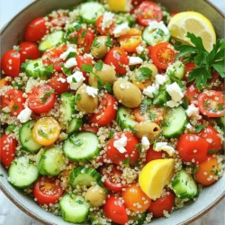 To make this Mediterranean quinoa salad, gather these fresh items: - 1 cup quinoa, well rinsed - 2 cups water or vegetable broth for added flavor - 1 cup cherry tomatoes, halved - 1 crisp cucumber, diced - 1 vibrant red bell pepper, diced - ½ red onion, finely chopped - 1 cup canned chickpeas, thoroughly drained and rinsed - ½ cup Kalamata olives, pitted and sliced - ¼ cup feta cheese, crumbled into small pieces - ¼ cup fresh parsley, finely chopped - 3 tablespoons extra virgin olive oil - 2 tablespoons fresh lemon juice - 1 teaspoon dried oregano - Salt and freshly cracked pepper to taste Using fresh ingredients makes a big difference. Fresh veggies add crunch and bright flavors. They also give the salad a beautiful look. Dried herbs, like oregano, add depth. They blend nicely with the fresh ingredients. Always choose fresh items when you can. It makes your salad taste vibrant and lively. If you can’t find some ingredients, don’t worry! Here are some easy swaps: - Quinoa: Use bulgur or farro for a different grain. - Chickpeas: Try black beans or lentils for protein. - Feta cheese: Goat cheese or nutritional yeast can work well for a cheese flavor. - Olives: Any other olives, like green olives, can substitute. - Fresh herbs: Basil or mint can replace parsley for a unique twist. Being flexible with ingredients helps you enjoy this salad anytime. For the full recipe, check out the details above. Start by rinsing 1 cup of quinoa under cold water. This step removes any bitter taste. In a medium saucepan, bring 2 cups of water or vegetable broth to a boil. Once it’s boiling, add the rinsed quinoa. Reduce the heat to low and cover the saucepan. Let it simmer for about 15 minutes. You want to wait until all the liquid is absorbed. After 15 minutes, remove it from the heat but keep it covered for another 5 minutes. This steaming step makes the quinoa fluffy. Finally, fluff the quinoa with a fork and let it cool to room temperature. In a large mixing bowl, combine the cooled quinoa with the following ingredients: - 1 cup cherry tomatoes, halved - 1 crisp cucumber, diced - 1 vibrant red bell pepper, diced - ½ red onion, finely chopped - 1 cup canned chickpeas, thoroughly drained and rinsed - ½ cup Kalamata olives, pitted and sliced - ¼ cup feta cheese, crumbled into small pieces - ¼ cup fresh parsley, finely chopped Gently mix all these colorful ingredients together. This salad is not just a feast for the taste buds but also for the eyes. To add flavor, we need a simple dressing. In a small bowl, whisk together: - 3 tablespoons extra virgin olive oil - 2 tablespoons fresh lemon juice - 1 teaspoon dried oregano - Salt and freshly cracked pepper to taste Once mixed, pour this dressing over the salad. Toss everything gently to ensure each ingredient gets coated. Taste it and adjust the seasoning if needed. You can add extra salt, pepper, or lemon juice for more flavor. Let your salad sit at room temperature for at least 15 minutes before serving. This wait allows all the flavors to come together beautifully. For the full experience, check out the Full Recipe for Mediterranean Quinoa Salad Delight. To cook quinoa perfectly, start with rinsing it. This helps remove any bitter taste. Use a ratio of one cup quinoa to two cups water or broth. Bring the liquid to a boil, then add the quinoa. Lower the heat, cover, and let it simmer for about 15 minutes. After that, take it off the heat and let it steam for five more minutes. Fluff it with a fork and let it cool. This method gives you light, fluffy quinoa, which is key to your salad. You can serve Mediterranean quinoa salad as a main dish or a side. Pair it with grilled chicken or fish for a full meal. It also goes well with pita bread or hummus for a light lunch. For a fun twist, serve it in lettuce cups. The crunch of the lettuce adds extra texture. You can also top it with extra feta or fresh herbs for added flavor. This salad is perfect for picnics or gatherings. Feel free to customize this salad to your taste. Add roasted veggies like zucchini or eggplant for a warm twist. You can also mix in nuts like almonds or walnuts for some crunch. If you love spice, consider adding some red pepper flakes. For a protein boost, toss in grilled chicken or chickpeas, as they work well with the flavors. Use your favorite herbs, like basil or mint, to change the flavor profile. The options are endless, so enjoy creating your own version! For the full recipe, check out the detailed steps above. {{image_4}} You can boost the protein in your Mediterranean quinoa salad by adding chicken or tofu. If you like chicken, grill or roast some pieces. Cut them into bite-sized chunks and mix them in. For a vegan option, use firm tofu. Press the tofu to remove excess water, then cube it. Sauté it lightly in olive oil until golden and add it to your salad. Both options give you a hearty meal. To make this salad vegan, simply skip the feta cheese. You won’t lose flavor. Instead, add more olives or a sprinkle of nutritional yeast. This keeps the taste rich and satisfying. You can also try using avocado for creaminess. It adds healthy fats and makes the dish even more filling. Seasonal veggies can change this salad's flavor. In spring, add peas or asparagus for freshness. In summer, try diced zucchini or corn for sweetness. In the fall, roasted butternut squash or sweet potatoes work well. Winter veggies like kale or Brussels sprouts can add crunch. Mix and match based on what’s fresh and what you love. Each season brings a new twist to this delightful dish. To keep your Mediterranean quinoa salad fresh, place it in an airtight container. This helps keep moisture in and prevents unwanted smells. When you store it, make sure the salad is completely cool. Warm food can create steam, which may make it soggy. I recommend glass containers for storage. They do not absorb odors and are easy to clean. Also, they let you see the salad inside. If you prefer, you can use BPA-free plastic containers. Just make sure they seal tightly. The salad lasts about three to five days in the fridge. After that, the veggies may lose their crunch. Always check for any off smells or changes in texture. If you want to keep it longer, you can freeze the quinoa separately from the veggies. This way, it stays fresh, and you can enjoy it later. For the full recipe, check the details above! Yes, you can make this salad ahead of time. It tastes even better after a few hours. Just store it in the fridge for up to 3 days. The flavors blend nicely when it sits. Be sure to keep the dressing separate if you want a fresher taste. Add the dressing just before serving for the best crunch. If you need a substitute for quinoa, try bulgur or couscous. Both have a similar texture and soak up flavors well. Brown rice or farro can also work. Keep in mind that cooking times will change. Adjust your cooking method based on the grain you choose. Yes, this salad is gluten-free! Quinoa itself is a gluten-free grain. All the other ingredients, like vegetables and chickpeas, are also gluten-free. This makes it a great choice for those with gluten sensitivities. Enjoy this fresh dish without worry! For the full recipe, check out the detailed instructions above. In this post, we explored the key ingredients, step-by-step instructions, and tips for making a delicious Mediterranean quinoa salad. You learned how to cook quinoa, assemble the salad, and make a tasty dressing. Remember, you can customize it with proteins like chicken or tofu and store leftovers easily. This salad is not just healthy but also flexible to your taste. Try it out and enjoy creating your own version! Happy cooking!