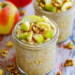 - 1 cup rolled oats - 1 cup unsweetened almond milk (or your preferred milk variety) - 1 medium apple, diced - 1 tablespoon chia seeds - 1 teaspoon ground cinnamon - 2 tablespoons maple syrup - 1/2 teaspoon vanilla extract - A pinch of salt - Optional toppings: chopped walnuts, extra apple slices, Greek yogurt To make these tasty overnight oats, you need a few simple ingredients. First, rolled oats form the base. They soak up all the flavors and create a creamy texture. Next, almond milk adds a nice creaminess. You can use any milk you like. Dicing a medium apple gives a sweet crunch. I recommend Granny Smith or Honeycrisp apples for the best taste. Chia seeds offer fiber and help thicken the oats. Ground cinnamon brings warmth and spice. Maple syrup adds sweetness, but you can swap it for honey if you prefer. A little vanilla extract gives a nice aroma. Finally, a pinch of salt balances the flavors. For toppings, you can get creative! Chopped walnuts add crunch, and extra apple slices make it pretty. A dollop of Greek yogurt adds protein and creaminess. You can find the full recipe to guide you through the cooking process. 1. In a medium bowl, combine the rolled oats, chia seeds, ground cinnamon, and a pinch of salt. This mix forms the base of your oats. 2. In another bowl, mix the almond milk, maple syrup, and vanilla extract. Whisk until it blends well. This step adds sweetness and flavor. 3. Pour the wet mixture over the dry ingredients. Stir until everything is mixed. Make sure the oats are well coated. 4. Gently fold in the diced apple. This adds freshness and crunch. You can set aside a few apple pieces for later. 1. Divide the mixture into two jars or containers. It is best to seal them tightly. 2. Place the jars in the fridge to chill overnight. This helps the oats and chia seeds absorb the liquid. 3. In the morning, stir the oats well. If they seem too thick, add a splash of almond milk. 4. Before serving, top with extra apple, chopped walnuts, or a dollop of Greek yogurt. You can sprinkle more cinnamon for extra flavor. 5. Enjoy your oats cold or warm them in the microwave for about 30-60 seconds. For the full details, check out the Full Recipe. - Choose the right type of apple for flavor enhancement: I recommend using Granny Smith or Honeycrisp apples. These varieties add a crisp texture and a sweet-tart flavor. They make your oats taste fresh and bright. - Use the right consistency for almond milk and oats: Make sure your almond milk blends well with the oats. If the mixture is too thick, add a bit more milk. You want a creamy texture that soaks up flavors well. - Make multiple servings for meal prep convenience: Batch cooking is a great way to save time. You can prepare several jars at once. This way, you have breakfast ready for the week. - Not letting oats sit long enough to absorb liquid: Allow the oats to soak for at least 4-6 hours. This makes them soft and easy to eat. If you skip this step, they may taste gritty. - Overmixing the apple into the oat mixture: Gently fold in the diced apple. If you mix too hard, it will turn mushy. You want those nice apple chunks in every bite. - Skipping the toppings for added texture and flavor: Toppings are key! Try chopped walnuts, extra apple slices, or a dollop of Greek yogurt. They add crunch and creaminess, making each bite more enjoyable. For the full experience, check out the Full Recipe for Apple Cinnamon Overnight Oats. It gives you all the details to create this tasty dish. {{image_4}} You can easily change this recipe to suit your taste. Here are some fun ideas: - Substitute maple syrup: Use agave or honey instead. Both add sweetness. - Add nut butter: A scoop of peanut or almond butter makes it creamier and richer. - Introduce spices: Adding nutmeg or ginger can give your oats a warm, cozy flavor. These simple swaps let you explore new tastes while keeping the dish healthy. You can also adapt this recipe with seasonal ingredients. Here are a few great ideas: - Incorporate pumpkin: In fall, add pumpkin puree for a festive twist. - Add berries: In summer, mix in fresh berries for a bright and refreshing treat. - Use pears: Swap out apples for pears for a softer, sweeter flavor. These seasonal twists keep your overnight oats exciting and delicious throughout the year. For the full recipe, check out the Apple Cinnamon Overnight Oats section. Store your Apple Cinnamon Overnight Oats in airtight containers. This keeps them fresh and tasty. Place them in the refrigerator. They will stay good for up to 5 days. I love making a few batches at once. This way, I have breakfast ready for the week. You can enjoy your oats straight from the fridge or warm them up. To heat, place the oats in the microwave. Heat for about 30-60 seconds. If the mixture feels too thick, add a splash of milk to adjust the texture. This way, you get the perfect creamy consistency every time. Enjoy them cold for a refreshing bite or warm for a cozy start to your day. How long can I keep overnight oats in the fridge? You can keep overnight oats in the fridge for up to five days. Store them in airtight containers to keep them fresh. This makes them perfect for meal prep. Can I use quick oats instead of rolled oats? Yes, you can use quick oats, but the texture will change. Quick oats absorb liquid faster and can become mushy. Rolled oats give a chewier texture. Is this recipe suitable for meal prep and how can I customize it? Absolutely! This recipe is great for meal prep. You can easily make a batch for several days. To customize, try different fruits, nuts, or sweeteners. You can even swap apples for pears or add nut butter for creaminess. Overview of calories, carbs, proteins, and fats per serving Each serving has about 300 calories, 45 grams of carbs, 10 grams of protein, and 10 grams of fat. This makes it a balanced meal choice. Potential health benefits of ingredients used in this recipe The oats provide fiber, which supports digestion. The chia seeds offer omega-3 fatty acids, great for heart health. Apples add vitamins and antioxidants. Maple syrup gives natural sweetness and energy. Pairing ideas for a balanced breakfast or snack You can pair these oats with a side of yogurt for extra protein. Adding a handful of nuts boosts healthy fats. Fresh fruit like berries or bananas makes a great topping too. Alternate recipes for varying morning routines Try overnight oats with different flavors. Use pumpkin puree and spices for a fall taste. Mix in berries for a refreshing summer option. Each variation keeps breakfast fun and exciting! Apple cinnamon overnight oats are easy and tasty. You only need a few ingredients, like oats, apples, and almond milk. Following the steps makes preparation quick. Remember to chill them overnight for the best flavor. You can make them your way by changing up toppings and flavors. Store extra servings for busy mornings. Now that you know the recipe and tips, give it a try! Enjoy your delicious oats with confidence. You’ll love this simple breakfast.