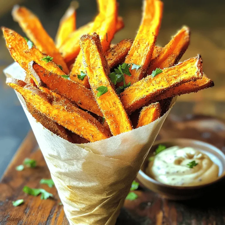- 2 large sweet potatoes - 2 tablespoons extra virgin olive oil - Spices: smoked paprika, garlic powder, ground cumin - Optional: chili powder, fresh parsley - Baking sheet - Parchment paper - Mixing bowl To make baked sweet potato fries, you need a few simple ingredients. Start with two large sweet potatoes. They are the star of this dish. The olive oil helps the fries get that nice crunch. You will add spices like smoked paprika, garlic powder, and ground cumin. These spices bring out the sweet flavor of the potatoes. If you want some heat, add chili powder. For color and taste, sprinkle fresh parsley on top before serving. You also need some basic tools. A baking sheet is key for cooking the fries. Line it with parchment paper to make cleanup easy. A mixing bowl helps you combine everything well. This recipe is simple and fun. You will love how crispy and tasty these fries turn out. For the full recipe, check the section above. Start by preheating your oven to 425°F (220°C). This high heat helps the fries get crispy. Line the baking sheet with parchment paper. This makes clean-up easy and keeps the fries from sticking. In a large mixing bowl, combine your sweet potato strips with two tablespoons of extra virgin olive oil. This oil adds flavor and helps the fries crisp up. Next, sprinkle in one teaspoon of smoked paprika, one teaspoon of garlic powder, and half a teaspoon of ground cumin. If you like some heat, add one teaspoon of chili powder. Toss everything well until all the sweet potato strips are coated evenly with the oil and spices. A good mix ensures great taste in every bite. Carefully place the fries on the lined baking sheet in a single layer. Make sure not to overcrowd them. This spacing is key for getting them crispy. Bake in the preheated oven for 25-30 minutes. Halfway through the baking time, flip the fries over. This step helps them brown evenly on all sides. When they are golden brown and crispy, take them out and season with salt and freshly cracked pepper to taste. For a fresh touch, sprinkle some chopped parsley on top before serving. Enjoy your delicious baked sweet potato fries! For the full recipe, check out the details above. To make your sweet potato fries crispy, space them out on the baking sheet. This helps hot air circulate around each fry. If the fries touch, they steam instead of crisp up. Flipping the fries halfway through baking enhances their texture. It helps them brown evenly and get that perfect crunch. You can play with herbs and spices for even more flavor. Try adding rosemary or thyme for a fresh twist. For salt, I recommend sea salt or kosher salt. Both types add a great taste without overpowering the fries. For a fun look, serve your fries in a cone made from parchment paper. This adds flair and makes them easy to grab. Pair your fries with a vibrant dipping sauce. Spicy mayo or creamy garlic aioli works great. These dips add an extra layer of flavor to your tasty snack. Enjoy my full recipe for more tips! {{image_4}} You can change up the flavor of your baked sweet potato fries easily. For a sweet twist, try adding cinnamon and brown sugar. These spices bring out the natural sweetness of the sweet potatoes. A sprinkle of cinnamon gives warmth, while brown sugar adds a caramelized touch. For a savory option, consider Italian herbs. Dried oregano and thyme can add a fresh taste. Mixing in some garlic salt or onion powder can also enhance the flavor. Experiment with different spice blends to find your favorite taste. If you want a healthier version, use an air fryer. Set the air fryer to 400°F (200°C) and cook your fries for about 15-20 minutes. Shake the basket halfway through for even cooking. This method keeps them crispy without using much oil. You can also adjust the baking temperature. If you bake at 450°F (232°C), reduce the cooking time to about 20-25 minutes. Always keep an eye on them to prevent burning. Each oven is different, so adjust as needed. Baked sweet potato fries taste great with different dips. Try them with spicy mayo or creamy ranch. You can also serve them with a tangy ketchup for a classic touch. To make a complete meal, pair the fries with grilled chicken or fish. They also go well with veggie burgers or salads. Mixing flavors can make your meal more exciting. Enjoy your fries in many ways! For more cooking ideas, check out the Full Recipe. To keep your baked sweet potato fries fresh, store them in an airtight container. Make sure they are completely cool before sealing. This step helps prevent sogginess. You can keep them in the fridge for up to three days. If you want to enjoy them later, use a glass container to avoid any staining. When it comes to reheating, the oven is your best friend. Preheat the oven to 400°F (200°C) and spread the fries on a baking sheet. Bake for about 10 minutes. This method keeps them crispy. If you use a microwave, the fries may become soft. If you must microwave, heat them for short bursts and check often. If you want to freeze your fries, first let them cool completely. Spread them on a baking sheet in a single layer. Place the sheet in the freezer until they are firm, about an hour. Once frozen, transfer the fries to a freezer bag. To cook from frozen, bake them at 425°F (220°C) for 25-30 minutes. There's no need to thaw first; just add a few extra minutes to the cooking time. Yes, you can use frozen sweet potatoes. They offer convenience, saving you prep time. However, they may not get as crispy as fresh ones. Frozen fries often have added oil and preservatives. This can affect the taste and health value. If using frozen, bake them longer to help with crispiness. To add spice, mix chili powder with your spices. You can also try cayenne pepper or crushed red pepper flakes. For more flavor, toss in some hot sauce after baking. Another option is to serve with a spicy dipping sauce. This adds heat and complements the sweetness well. Sweet potatoes are great for baking fries. They have a natural sweetness and a creamy texture. Regular potatoes, like russets, are starchy and crisp up nicely. Sweet potatoes have more vitamins and fiber. Both types work well, but sweet potatoes give a unique flavor. Yes, baked sweet potato fries are healthy. They are lower in calories than regular fries. Sweet potatoes are rich in vitamins A and C, plus fiber. Each serving has about 150 calories, depending on the oil used. They are a nutritious snack that satisfies cravings without guilt. For the full recipe, check out the detailed instructions and tips for perfect fries! In this post, we explored how to make tasty sweet potato fries. You learned about the ingredients, the step-by-step process, and helpful tips. We also covered variations and storage tips to keep them fresh. Sweet potato fries are easy to customize, making them a fun dish for everyone. Experiment with flavors, cooking methods, and dips. Enjoy your cooking and savor the delicious results!