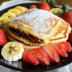 To make Nutella stuffed pancakes, you will need the following ingredients: - 1 cup all-purpose flour - 2 tablespoons granulated sugar - 1 teaspoon baking powder - 1/2 teaspoon baking soda - 1/4 teaspoon sea salt - 1 cup buttermilk (or substitute with regular milk mixed with 1 tablespoon white vinegar) - 1 large egg - 2 tablespoons unsalted butter, melted (plus additional for greasing the pan) - 1/2 cup Nutella (or any chocolate-hazelnut spread) - Powdered sugar, for dusting - Fresh strawberries or bananas, for serving These ingredients create soft, fluffy pancakes with a rich Nutella center. The combination of buttermilk and baking soda gives the pancakes a light texture. If you don’t have buttermilk, the vinegar and regular milk mix works just fine. Nutella adds a sweet and creamy touch that makes these pancakes extra special. You can swap Nutella for any chocolate-hazelnut spread you like. Fresh fruit on top not only looks great but also adds a fresh taste. For the best results, use fresh ingredients. This ensures the pancakes rise well and taste delicious. I encourage you to gather all these items before you start cooking. It makes the process smoother and more fun. - In a mixing bowl, combine 1 cup of all-purpose flour, 2 tablespoons of granulated sugar, 1 teaspoon of baking powder, 1/2 teaspoon of baking soda, and 1/4 teaspoon of sea salt. - In another bowl, mix 1 cup of buttermilk, 1 large egg, and 2 tablespoons of melted butter until smooth. - Carefully pour the wet mixture into the dry ingredients. Stir gently until just mixed. A few lumps are okay! - Preheat a non-stick skillet over medium heat. Grease it with a small pat of butter. - Pour about 1/4 cup of pancake batter onto the skillet. Cook until small bubbles form, about 2-3 minutes. - Make a small well in the center of the pancake. Spoon in 1 tablespoon of Nutella, letting it sink slightly. - Cover the Nutella with another 1/4 cup of batter. Gently flip the pancake and cook for another 2-3 minutes until golden brown. Repeat for the rest of the batter. - Stack your pancakes on a plate. Dust them with powdered sugar for a sweet touch. - Top with fresh strawberries or bananas for extra flavor. Enjoy your Nutella stuffed pancakes warm! For the full recipe, check out the details above. - Avoid overmixing the batter. Mix just until combined. - Use fresh ingredients for best results. Fresh eggs and flour work wonders. - Medium heat is ideal for even cooking. This helps pancakes cook through. - Adjust heat as necessary to prevent burning. A small change can make a big difference. - Adjust the amount of batter used per pancake. More batter makes thicker pancakes. - Use a larger skillet for bigger pancakes. This gives you more room to flip! These tips will help you create the perfect Nutella stuffed pancakes every time. For the full recipe, check out the details in the earlier sections. Happy cooking! {{image_4}} You can try other chocolate spreads if you want a twist. Here are a few options: - Almond butter chocolate spread - Hazelnut spread with cocoa - Peanut butter chocolate spread If you want to enhance Nutella’s flavor, consider these options: - Add a pinch of sea salt for boldness. - Mix in a bit of espresso powder for depth. You can boost your pancake batter with fun add-ins. Here are some ideas: - Chopped nuts like walnuts or pecans. - Fresh blueberries or sliced bananas. For even more flavor, try adding: - A teaspoon of vanilla extract. - A sprinkle of cinnamon for warmth. Toppings can change your pancake experience. Here are some great alternatives: - Whipped cream for a light touch. - Maple syrup for classic sweetness. You can also try savory options, such as: - Cream cheese for a rich contrast. - Yogurt with herbs for a unique blend. Feel free to get creative with your Nutella stuffed pancakes! For the full recipe, check out the [Full Recipe]. To store leftover pancakes, place them in an airtight container. You can also wrap them in plastic wrap. This helps keep them fresh for later use. Always let pancakes cool before storing. This prevents steam from making them soggy. Keep them in the fridge for up to three days. To reheat, just pop them in the microwave for 20-30 seconds. To freeze Nutella stuffed pancakes, first let them cool completely. Then, stack pancakes with parchment paper in between. This keeps them from sticking together. Place the stack in a freezer bag or airtight container. They can last up to two months in the freezer. When you're ready to eat, reheat in the microwave or toaster oven. If using the microwave, heat for about 1 minute. For the oven, wrap in foil and bake at 350°F for about 10 minutes. In the fridge, pancakes last about three days. In the freezer, they can stay fresh for two months. Always check for signs of spoilage. If pancakes smell off or have an unusual color, it’s best to toss them. A little care can keep your Nutella stuffed pancakes delicious for days! Yes, you can! Here are some fun options for fillings: - Peanut butter - Almond butter - Cream cheese with fruit jam - Cookie butter - Any flavored chocolate spread Using these options allows you to create new flavors. You can mix and match to find your favorite! You have two good choices for reheating pancakes: microwave or stovetop. - Microwave: Place pancakes on a plate and cover with a damp paper towel. Heat for 15-20 seconds. This keeps them soft. - Stovetop: Warm a skillet over low heat. Add pancakes and cover for 1-2 minutes. This method gives a nice texture. Both ways work well. Choose what fits your time best! Absolutely! Here are some tips for meal prepping Nutella stuffed pancakes: - Make the batter: You can prepare the batter and store it in the fridge for up to one day. - Cook and cool: Make the pancakes ahead of time. Let them cool completely before storing. - Store properly: Keep them in an airtight container in the fridge for up to three days. These tips help you enjoy your pancakes without much fuss on busy mornings! For the full recipe, check the earlier section. You can make delicious Nutella pancakes with simple ingredients. We covered everything, from mixing the batter to cooking. To enjoy the fluffiest pancakes, avoid overmixing and use fresh items. Customize them with your favorite add-ins, toppings, and fillings. You can even freeze leftovers for later enjoyment. With this guide, you’re set to impress anyone who tastes these treats! Get ready to delight your family and friends with these easy, tasty pancakes.