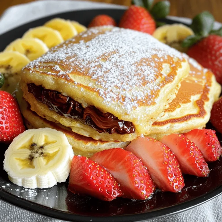 To make Nutella stuffed pancakes, you will need the following ingredients: - 1 cup all-purpose flour - 2 tablespoons granulated sugar - 1 teaspoon baking powder - 1/2 teaspoon baking soda - 1/4 teaspoon sea salt - 1 cup buttermilk (or substitute with regular milk mixed with 1 tablespoon white vinegar) - 1 large egg - 2 tablespoons unsalted butter, melted (plus additional for greasing the pan) - 1/2 cup Nutella (or any chocolate-hazelnut spread) - Powdered sugar, for dusting - Fresh strawberries or bananas, for serving These ingredients create soft, fluffy pancakes with a rich Nutella center. The combination of buttermilk and baking soda gives the pancakes a light texture. If you don’t have buttermilk, the vinegar and regular milk mix works just fine. Nutella adds a sweet and creamy touch that makes these pancakes extra special. You can swap Nutella for any chocolate-hazelnut spread you like. Fresh fruit on top not only looks great but also adds a fresh taste. For the best results, use fresh ingredients. This ensures the pancakes rise well and taste delicious. I encourage you to gather all these items before you start cooking. It makes the process smoother and more fun. - In a mixing bowl, combine 1 cup of all-purpose flour, 2 tablespoons of granulated sugar, 1 teaspoon of baking powder, 1/2 teaspoon of baking soda, and 1/4 teaspoon of sea salt. - In another bowl, mix 1 cup of buttermilk, 1 large egg, and 2 tablespoons of melted butter until smooth. - Carefully pour the wet mixture into the dry ingredients. Stir gently until just mixed. A few lumps are okay! - Preheat a non-stick skillet over medium heat. Grease it with a small pat of butter. - Pour about 1/4 cup of pancake batter onto the skillet. Cook until small bubbles form, about 2-3 minutes. - Make a small well in the center of the pancake. Spoon in 1 tablespoon of Nutella, letting it sink slightly. - Cover the Nutella with another 1/4 cup of batter. Gently flip the pancake and cook for another 2-3 minutes until golden brown. Repeat for the rest of the batter. - Stack your pancakes on a plate. Dust them with powdered sugar for a sweet touch. - Top with fresh strawberries or bananas for extra flavor. Enjoy your Nutella stuffed pancakes warm! For the full recipe, check out the details above. - Avoid overmixing the batter. Mix just until combined. - Use fresh ingredients for best results. Fresh eggs and flour work wonders. - Medium heat is ideal for even cooking. This helps pancakes cook through. - Adjust heat as necessary to prevent burning. A small change can make a big difference. - Adjust the amount of batter used per pancake. More batter makes thicker pancakes. - Use a larger skillet for bigger pancakes. This gives you more room to flip! These tips will help you create the perfect Nutella stuffed pancakes every time. For the full recipe, check out the details in the earlier sections. Happy cooking! {{image_4}} You can try other chocolate spreads if you want a twist. Here are a few options: - Almond butter chocolate spread - Hazelnut spread with cocoa - Peanut butter chocolate spread If you want to enhance Nutella’s flavor, consider these options: - Add a pinch of sea salt for boldness. - Mix in a bit of espresso powder for depth. You can boost your pancake batter with fun add-ins. Here are some ideas: - Chopped nuts like walnuts or pecans. - Fresh blueberries or sliced bananas. For even more flavor, try adding: - A teaspoon of vanilla extract. - A sprinkle of cinnamon for warmth. Toppings can change your pancake experience. Here are some great alternatives: - Whipped cream for a light touch. - Maple syrup for classic sweetness. You can also try savory options, such as: - Cream cheese for a rich contrast. - Yogurt with herbs for a unique blend. Feel free to get creative with your Nutella stuffed pancakes! For the full recipe, check out the [Full Recipe]. To store leftover pancakes, place them in an airtight container. You can also wrap them in plastic wrap. This helps keep them fresh for later use. Always let pancakes cool before storing. This prevents steam from making them soggy. Keep them in the fridge for up to three days. To reheat, just pop them in the microwave for 20-30 seconds. To freeze Nutella stuffed pancakes, first let them cool completely. Then, stack pancakes with parchment paper in between. This keeps them from sticking together. Place the stack in a freezer bag or airtight container. They can last up to two months in the freezer. When you're ready to eat, reheat in the microwave or toaster oven. If using the microwave, heat for about 1 minute. For the oven, wrap in foil and bake at 350°F for about 10 minutes. In the fridge, pancakes last about three days. In the freezer, they can stay fresh for two months. Always check for signs of spoilage. If pancakes smell off or have an unusual color, it’s best to toss them. A little care can keep your Nutella stuffed pancakes delicious for days! Yes, you can! Here are some fun options for fillings: - Peanut butter - Almond butter - Cream cheese with fruit jam - Cookie butter - Any flavored chocolate spread Using these options allows you to create new flavors. You can mix and match to find your favorite! You have two good choices for reheating pancakes: microwave or stovetop. - Microwave: Place pancakes on a plate and cover with a damp paper towel. Heat for 15-20 seconds. This keeps them soft. - Stovetop: Warm a skillet over low heat. Add pancakes and cover for 1-2 minutes. This method gives a nice texture. Both ways work well. Choose what fits your time best! Absolutely! Here are some tips for meal prepping Nutella stuffed pancakes: - Make the batter: You can prepare the batter and store it in the fridge for up to one day. - Cook and cool: Make the pancakes ahead of time. Let them cool completely before storing. - Store properly: Keep them in an airtight container in the fridge for up to three days. These tips help you enjoy your pancakes without much fuss on busy mornings! For the full recipe, check the earlier section. You can make delicious Nutella pancakes with simple ingredients. We covered everything, from mixing the batter to cooking. To enjoy the fluffiest pancakes, avoid overmixing and use fresh items. Customize them with your favorite add-ins, toppings, and fillings. You can even freeze leftovers for later enjoyment. With this guide, you’re set to impress anyone who tastes these treats! Get ready to delight your family and friends with these easy, tasty pancakes.