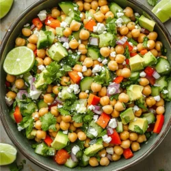 - 1 can (15 oz) chickpeas, drained and rinsed - 1 red bell pepper, diced - 1 cucumber, diced - 1/2 red onion, finely chopped - 1 small jalapeño, minced - 1 avocado, diced - 1/4 cup fresh cilantro, chopped - Juice of 2 limes - 2 tablespoons extra virgin olive oil - 1 teaspoon ground cumin - 1 teaspoon smoked paprika - Salt and pepper to taste - 1/4 cup crumbled feta cheese (optional) This Spicy Chickpea Salad uses fresh and simple ingredients. Each one adds flavor and texture. Chickpeas are the star of the dish. They are full of protein and fiber. This makes the salad filling and healthy. The red bell pepper adds sweetness. The cucumber gives it a nice crunch. The red onion adds a bit of sharpness. If you want some heat, the jalapeño is perfect. You can remove the seeds for less spice. Avocado brings creamy goodness. It makes every bite smooth. Fresh cilantro adds a burst of flavor. The lime juice gives it a zesty kick. The olive oil makes the salad rich and tasty. The spices, cumin and smoked paprika, add depth. They make the salad exciting. Salt and pepper enhance all the flavors. If you want a salty touch, add feta cheese. Chickpeas are packed with nutrients. They contain protein, fiber, and vitamins. One serving has about 200 calories. You also get good fats from avocado and olive oil. This salad is not just tasty; it’s good for your body. You can change up the veggies. Try corn for some sweetness. You can also use other bell peppers for color. If you want a vegan option, skip the feta or use tofu. For the dressing, you can swap lime with lemon. Each choice will still taste great. Feel free to get creative with what you have at home. For the full recipe, check out Spicy Chickpea Fiesta Salad. - In a large mixing bowl, combine the chickpeas, diced red bell pepper, cucumber, finely chopped red onion, and minced jalapeño. This mix creates the base of your salad. - Gently fold in the diced avocado and chopped cilantro. This adds creaminess and freshness to the dish. - In a small bowl, whisk together the juice of two limes, olive oil, cumin, smoked paprika, and a pinch of salt and pepper. This will make a zesty dressing that ties the salad together. - Taste the dressing and adjust seasoning as needed. Add more salt, pepper, or lime juice according to your preference. - Drizzle the dressing over the salad mixture. This brings all the flavors together. - Toss the ingredients gently until everything is well coated. This ensures every bite is full of flavor. For the full recipe, check out the Spicy Chickpea Fiesta Salad 🥗. To achieve the best flavor balance in your spicy chickpea salad, focus on freshness. Fresh ingredients make a big difference. Use ripe avocados and bright bell peppers. These add nice color and taste. The lime juice brightens the dish and keeps it zesty. Don't forget to taste as you go. This helps you find the right mix of spices and seasonings. Pair this salad with grilled chicken or fish for a hearty meal. It also goes well with pita bread or quinoa. For a fun twist, serve it in jars for a picnic. This way, each bite stays fresh and full of flavor. You can also use bowls. Add some tortilla chips on the side for crunch. Try adding more spices to kick up the flavor. A pinch of cayenne pepper brings more heat. You can also experiment with smoked paprika for a deeper taste. When it comes to dressing, different oils can change the vibe. Use sesame oil for a nutty taste or avocado oil for a richer finish. Each choice adds its own twist to the salad. For the Full Recipe, check out the detailed steps to create this vibrant dish! {{image_4}} You can easily change up this salad. Adding grains like quinoa makes it heartier. Quinoa has a nice nutty flavor and adds protein. You can also switch legumes. Try black beans or kidney beans for a different taste. They provide more texture and health benefits. You can play with the dressing too. Instead of lime juice, use lemon for a bright twist. Try adding tahini for creaminess, or a splash of hot sauce for more heat. Fresh herbs can change the flavor. Swap cilantro for parsley, or try basil for a unique taste. Making this salad ahead saves time. Prepare it the night before for lunch the next day. Just keep the dressing separate until you are ready to eat. This keeps everything fresh and crunchy. You can store it in the fridge for up to three days. Enjoy it later for a quick, healthy meal. Store your Spicy Chickpea Salad in the fridge. Use an airtight container to keep it fresh. This salad stays good for about three days. You want to eat it while the veggies are still crisp and tasty. You can freeze this salad, but I recommend freezing only the chickpeas and veggies. Avoid freezing the avocado and dressing. To freeze, place the salad in a freezer-safe bag. Remove air before sealing. When you are ready to eat, thaw it in the fridge overnight. To reheat, warm the chickpeas in a pan on low heat. This helps keep their texture intact. Mix in fresh veggies and dressing after reheating for the best taste. To keep your veggies fresh longer, store each ingredient separately. Wrap chopped veggies in damp paper towels and place them in a sealed bag. This keeps them crisp. Avoid cutting the avocado until you are ready to eat. This helps prevent browning. If you cut it early, sprinkle lime juice on it. This adds flavor and slows browning. Follow these tips to enjoy your salad at its best. For more details on making this salad, check the Full Recipe. Spicy Chickpea Salad can last about 3-5 days in the fridge. Store it in an airtight container to keep it fresh. The lime juice helps preserve the salad. However, the avocado may brown over time. If this happens, just scoop out the brown parts. The flavors can also deepen as it sits. Yes, you can make Spicy Chickpea Salad ahead of time. It’s a great dish for meal prep. To prep in advance, chop the veggies and store them separately. Keep the dressing in a small jar. Mix everything just before serving to keep the salad crisp. This way, you enjoy fresh flavors and textures. This salad pairs well with many dishes. You can serve it with grilled chicken or fish for protein. It also complements rice dishes or wraps. If you want a light meal, enjoy it with crusty bread. For a full spread, add hummus and pita chips. Yes, this salad is gluten-free. All the ingredients, like chickpeas, veggies, and spices, do not contain gluten. This makes it safe for those with gluten sensitivity. Always check labels on packaged goods, like spices or dressings, to be sure they're gluten-free. Enjoy this salad worry-free! This blog post shared a simple, tasty Spicy Chickpea Salad recipe. You learned about key ingredients, nutrition facts, and how to prepare it. I also covered storage tips and variations to try. Remember, fresh ingredients make a big difference. You can customize the salad with your favorite veggies and dressings. Enjoy this healthy dish on its own or with proteins. This salad is not only good for you but also easy to make and store. With these tips, you’ll impress anyone with your culinary skills.