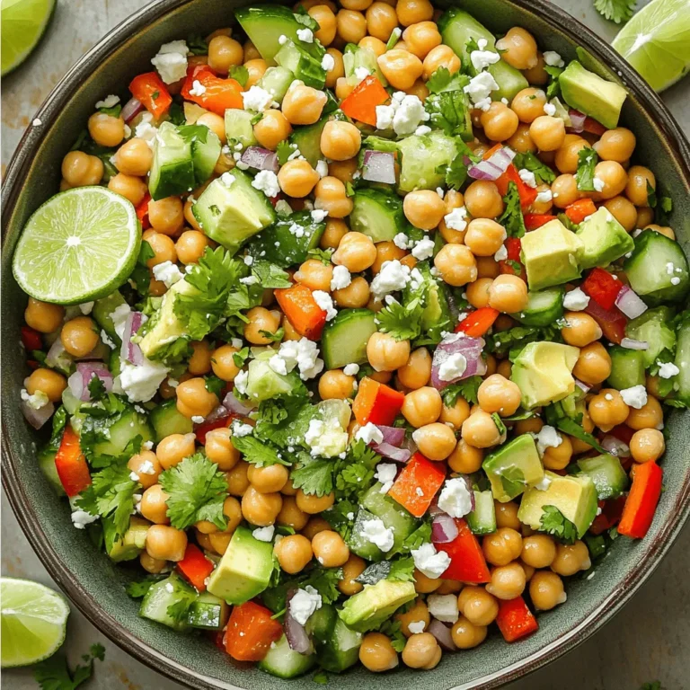 - 1 can (15 oz) chickpeas, drained and rinsed - 1 red bell pepper, diced - 1 cucumber, diced - 1/2 red onion, finely chopped - 1 small jalapeño, minced - 1 avocado, diced - 1/4 cup fresh cilantro, chopped - Juice of 2 limes - 2 tablespoons extra virgin olive oil - 1 teaspoon ground cumin - 1 teaspoon smoked paprika - Salt and pepper to taste - 1/4 cup crumbled feta cheese (optional) This Spicy Chickpea Salad uses fresh and simple ingredients. Each one adds flavor and texture. Chickpeas are the star of the dish. They are full of protein and fiber. This makes the salad filling and healthy. The red bell pepper adds sweetness. The cucumber gives it a nice crunch. The red onion adds a bit of sharpness. If you want some heat, the jalapeño is perfect. You can remove the seeds for less spice. Avocado brings creamy goodness. It makes every bite smooth. Fresh cilantro adds a burst of flavor. The lime juice gives it a zesty kick. The olive oil makes the salad rich and tasty. The spices, cumin and smoked paprika, add depth. They make the salad exciting. Salt and pepper enhance all the flavors. If you want a salty touch, add feta cheese. Chickpeas are packed with nutrients. They contain protein, fiber, and vitamins. One serving has about 200 calories. You also get good fats from avocado and olive oil. This salad is not just tasty; it’s good for your body. You can change up the veggies. Try corn for some sweetness. You can also use other bell peppers for color. If you want a vegan option, skip the feta or use tofu. For the dressing, you can swap lime with lemon. Each choice will still taste great. Feel free to get creative with what you have at home. For the full recipe, check out Spicy Chickpea Fiesta Salad. - In a large mixing bowl, combine the chickpeas, diced red bell pepper, cucumber, finely chopped red onion, and minced jalapeño. This mix creates the base of your salad. - Gently fold in the diced avocado and chopped cilantro. This adds creaminess and freshness to the dish. - In a small bowl, whisk together the juice of two limes, olive oil, cumin, smoked paprika, and a pinch of salt and pepper. This will make a zesty dressing that ties the salad together. - Taste the dressing and adjust seasoning as needed. Add more salt, pepper, or lime juice according to your preference. - Drizzle the dressing over the salad mixture. This brings all the flavors together. - Toss the ingredients gently until everything is well coated. This ensures every bite is full of flavor. For the full recipe, check out the Spicy Chickpea Fiesta Salad 🥗. To achieve the best flavor balance in your spicy chickpea salad, focus on freshness. Fresh ingredients make a big difference. Use ripe avocados and bright bell peppers. These add nice color and taste. The lime juice brightens the dish and keeps it zesty. Don't forget to taste as you go. This helps you find the right mix of spices and seasonings. Pair this salad with grilled chicken or fish for a hearty meal. It also goes well with pita bread or quinoa. For a fun twist, serve it in jars for a picnic. This way, each bite stays fresh and full of flavor. You can also use bowls. Add some tortilla chips on the side for crunch. Try adding more spices to kick up the flavor. A pinch of cayenne pepper brings more heat. You can also experiment with smoked paprika for a deeper taste. When it comes to dressing, different oils can change the vibe. Use sesame oil for a nutty taste or avocado oil for a richer finish. Each choice adds its own twist to the salad. For the Full Recipe, check out the detailed steps to create this vibrant dish! {{image_4}} You can easily change up this salad. Adding grains like quinoa makes it heartier. Quinoa has a nice nutty flavor and adds protein. You can also switch legumes. Try black beans or kidney beans for a different taste. They provide more texture and health benefits. You can play with the dressing too. Instead of lime juice, use lemon for a bright twist. Try adding tahini for creaminess, or a splash of hot sauce for more heat. Fresh herbs can change the flavor. Swap cilantro for parsley, or try basil for a unique taste. Making this salad ahead saves time. Prepare it the night before for lunch the next day. Just keep the dressing separate until you are ready to eat. This keeps everything fresh and crunchy. You can store it in the fridge for up to three days. Enjoy it later for a quick, healthy meal. Store your Spicy Chickpea Salad in the fridge. Use an airtight container to keep it fresh. This salad stays good for about three days. You want to eat it while the veggies are still crisp and tasty. You can freeze this salad, but I recommend freezing only the chickpeas and veggies. Avoid freezing the avocado and dressing. To freeze, place the salad in a freezer-safe bag. Remove air before sealing. When you are ready to eat, thaw it in the fridge overnight. To reheat, warm the chickpeas in a pan on low heat. This helps keep their texture intact. Mix in fresh veggies and dressing after reheating for the best taste. To keep your veggies fresh longer, store each ingredient separately. Wrap chopped veggies in damp paper towels and place them in a sealed bag. This keeps them crisp. Avoid cutting the avocado until you are ready to eat. This helps prevent browning. If you cut it early, sprinkle lime juice on it. This adds flavor and slows browning. Follow these tips to enjoy your salad at its best. For more details on making this salad, check the Full Recipe. Spicy Chickpea Salad can last about 3-5 days in the fridge. Store it in an airtight container to keep it fresh. The lime juice helps preserve the salad. However, the avocado may brown over time. If this happens, just scoop out the brown parts. The flavors can also deepen as it sits. Yes, you can make Spicy Chickpea Salad ahead of time. It’s a great dish for meal prep. To prep in advance, chop the veggies and store them separately. Keep the dressing in a small jar. Mix everything just before serving to keep the salad crisp. This way, you enjoy fresh flavors and textures. This salad pairs well with many dishes. You can serve it with grilled chicken or fish for protein. It also complements rice dishes or wraps. If you want a light meal, enjoy it with crusty bread. For a full spread, add hummus and pita chips. Yes, this salad is gluten-free. All the ingredients, like chickpeas, veggies, and spices, do not contain gluten. This makes it safe for those with gluten sensitivity. Always check labels on packaged goods, like spices or dressings, to be sure they're gluten-free. Enjoy this salad worry-free! This blog post shared a simple, tasty Spicy Chickpea Salad recipe. You learned about key ingredients, nutrition facts, and how to prepare it. I also covered storage tips and variations to try. Remember, fresh ingredients make a big difference. You can customize the salad with your favorite veggies and dressings. Enjoy this healthy dish on its own or with proteins. This salad is not only good for you but also easy to make and store. With these tips, you’ll impress anyone with your culinary skills.