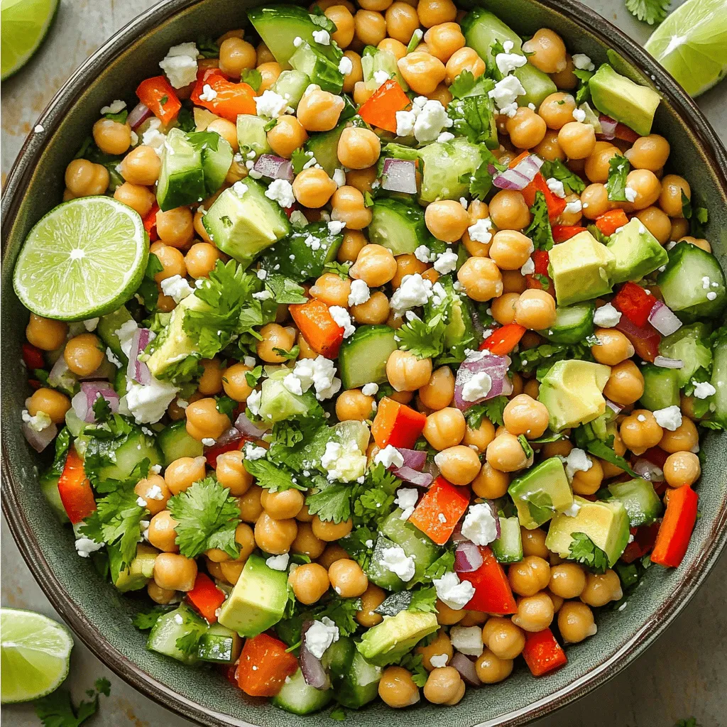 - 1 can (15 oz) chickpeas, drained and rinsed - 1 red bell pepper, diced - 1 cucumber, diced - 1/2 red onion, finely chopped - 1 small jalapeño, minced - 1 avocado, diced - 1/4 cup fresh cilantro, chopped - Juice of 2 limes - 2 tablespoons extra virgin olive oil - 1 teaspoon ground cumin - 1 teaspoon smoked paprika - Salt and pepper to taste - 1/4 cup crumbled feta cheese (optional) This Spicy Chickpea Salad uses fresh and simple ingredients. Each one adds flavor and texture. Chickpeas are the star of the dish. They are full of protein and fiber. This makes the salad filling and healthy. The red bell pepper adds sweetness. The cucumber gives it a nice crunch. The red onion adds a bit of sharpness. If you want some heat, the jalapeño is perfect. You can remove the seeds for less spice. Avocado brings creamy goodness. It makes every bite smooth. Fresh cilantro adds a burst of flavor. The lime juice gives it a zesty kick. The olive oil makes the salad rich and tasty. The spices, cumin and smoked paprika, add depth. They make the salad exciting. Salt and pepper enhance all the flavors. If you want a salty touch, add feta cheese. Chickpeas are packed with nutrients. They contain protein, fiber, and vitamins. One serving has about 200 calories. You also get good fats from avocado and olive oil. This salad is not just tasty; it’s good for your body. You can change up the veggies. Try corn for some sweetness. You can also use other bell peppers for color. If you want a vegan option, skip the feta or use tofu. For the dressing, you can swap lime with lemon. Each choice will still taste great. Feel free to get creative with what you have at home. For the full recipe, check out Spicy Chickpea Fiesta Salad. - In a large mixing bowl, combine the chickpeas, diced red bell pepper, cucumber, finely chopped red onion, and minced jalapeño. This mix creates the base of your salad. - Gently fold in the diced avocado and chopped cilantro. This adds creaminess and freshness to the dish. - In a small bowl, whisk together the juice of two limes, olive oil, cumin, smoked paprika, and a pinch of salt and pepper. This will make a zesty dressing that ties the salad together. - Taste the dressing and adjust seasoning as needed. Add more salt, pepper, or lime juice according to your preference. - Drizzle the dressing over the salad mixture. This brings all the flavors together. - Toss the ingredients gently until everything is well coated. This ensures every bite is full of flavor. For the full recipe, check out the Spicy Chickpea Fiesta Salad 🥗. To achieve the best flavor balance in your spicy chickpea salad, focus on freshness. Fresh ingredients make a big difference. Use ripe avocados and bright bell peppers. These add nice color and taste. The lime juice brightens the dish and keeps it zesty. Don't forget to taste as you go. This helps you find the right mix of spices and seasonings. Pair this salad with grilled chicken or fish for a hearty meal. It also goes well with pita bread or quinoa. For a fun twist, serve it in jars for a picnic. This way, each bite stays fresh and full of flavor. You can also use bowls. Add some tortilla chips on the side for crunch. Try adding more spices to kick up the flavor. A pinch of cayenne pepper brings more heat. You can also experiment with smoked paprika for a deeper taste. When it comes to dressing, different oils can change the vibe. Use sesame oil for a nutty taste or avocado oil for a richer finish. Each choice adds its own twist to the salad. For the Full Recipe, check out the detailed steps to create this vibrant dish! {{image_4}} You can easily change up this salad. Adding grains like quinoa makes it heartier. Quinoa has a nice nutty flavor and adds protein. You can also switch legumes. Try black beans or kidney beans for a different taste. They provide more texture and health benefits. You can play with the dressing too. Instead of lime juice, use lemon for a bright twist. Try adding tahini for creaminess, or a splash of hot sauce for more heat. Fresh herbs can change the flavor. Swap cilantro for parsley, or try basil for a unique taste. Making this salad ahead saves time. Prepare it the night before for lunch the next day. Just keep the dressing separate until you are ready to eat. This keeps everything fresh and crunchy. You can store it in the fridge for up to three days. Enjoy it later for a quick, healthy meal. Store your Spicy Chickpea Salad in the fridge. Use an airtight container to keep it fresh. This salad stays good for about three days. You want to eat it while the veggies are still crisp and tasty. You can freeze this salad, but I recommend freezing only the chickpeas and veggies. Avoid freezing the avocado and dressing. To freeze, place the salad in a freezer-safe bag. Remove air before sealing. When you are ready to eat, thaw it in the fridge overnight. To reheat, warm the chickpeas in a pan on low heat. This helps keep their texture intact. Mix in fresh veggies and dressing after reheating for the best taste. To keep your veggies fresh longer, store each ingredient separately. Wrap chopped veggies in damp paper towels and place them in a sealed bag. This keeps them crisp. Avoid cutting the avocado until you are ready to eat. This helps prevent browning. If you cut it early, sprinkle lime juice on it. This adds flavor and slows browning. Follow these tips to enjoy your salad at its best. For more details on making this salad, check the Full Recipe. Spicy Chickpea Salad can last about 3-5 days in the fridge. Store it in an airtight container to keep it fresh. The lime juice helps preserve the salad. However, the avocado may brown over time. If this happens, just scoop out the brown parts. The flavors can also deepen as it sits. Yes, you can make Spicy Chickpea Salad ahead of time. It’s a great dish for meal prep. To prep in advance, chop the veggies and store them separately. Keep the dressing in a small jar. Mix everything just before serving to keep the salad crisp. This way, you enjoy fresh flavors and textures. This salad pairs well with many dishes. You can serve it with grilled chicken or fish for protein. It also complements rice dishes or wraps. If you want a light meal, enjoy it with crusty bread. For a full spread, add hummus and pita chips. Yes, this salad is gluten-free. All the ingredients, like chickpeas, veggies, and spices, do not contain gluten. This makes it safe for those with gluten sensitivity. Always check labels on packaged goods, like spices or dressings, to be sure they're gluten-free. Enjoy this salad worry-free! This blog post shared a simple, tasty Spicy Chickpea Salad recipe. You learned about key ingredients, nutrition facts, and how to prepare it. I also covered storage tips and variations to try. Remember, fresh ingredients make a big difference. You can customize the salad with your favorite veggies and dressings. Enjoy this healthy dish on its own or with proteins. This salad is not only good for you but also easy to make and store. With these tips, you’ll impress anyone with your culinary skills.