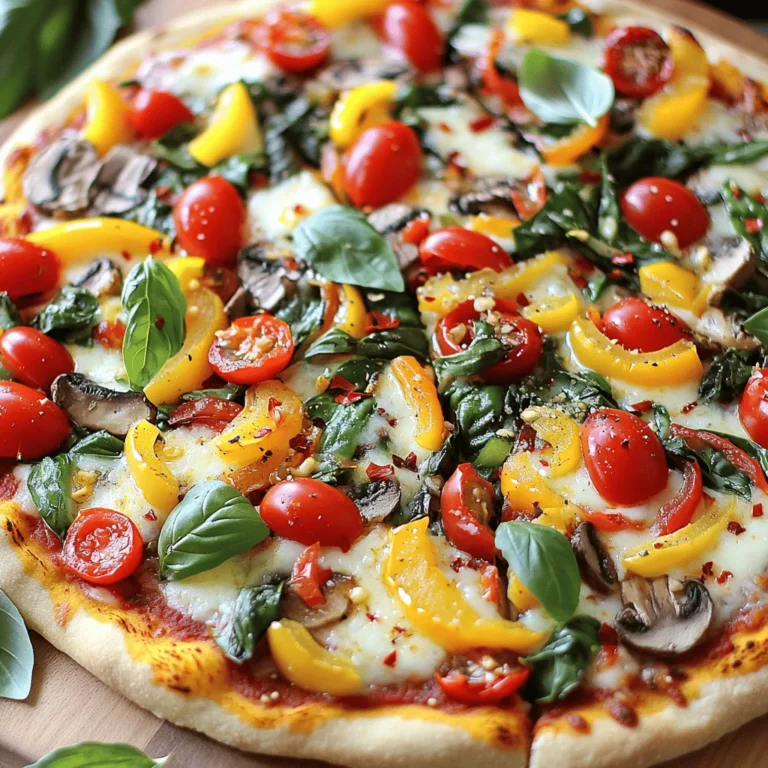 To make a great veggie pizza, gather these key ingredients: - 2 cups all-purpose flour - 1 packet (2 ¼ teaspoons) active dry yeast - ¾ cup warm water (about 110°F/43°C) - 1 tablespoon extra virgin olive oil - 1 teaspoon granulated sugar - 1 teaspoon sea salt - 1 cup marinara sauce - 1 cup shredded mozzarella cheese - ½ cup assorted bell peppers, thinly sliced - ½ cup fresh mushrooms, sliced - ½ cup red onion, thinly sliced - ½ cup cherry tomatoes, halved - ½ cup fresh baby spinach - 1 teaspoon dried oregano - Fresh basil leaves for garnish (optional) - Crushed red pepper flakes (optional for spice) These ingredients create a tasty base for your pizza. The dough will rise and become light. You can use homemade or store-bought marinara sauce. You can add many fun toppings to your veggie pizza. Here are some ideas: - Artichoke hearts - Zucchini slices - Olives (black or green) - Arugula - Feta cheese or goat cheese These toppings add different flavors and textures. You can mix and match them based on your taste. Cheese is vital for a great pizza. Here are some cheese options: - Mozzarella: classic and stretchy - Provolone: adds a sharp flavor - Ricotta: creamy and fluffy - Parmesan: for a salty, nutty touch Mixing different cheeses can create a unique flavor. Mozzarella is the best choice for a gooey melt, while others can add depth. To start, activate the yeast. In a small bowl, mix warm water, sugar, and yeast. Stir gently. Let it sit for 5-10 minutes. You want it to froth. This means the yeast is ready. Next, gather your large mixing bowl. Combine the all-purpose flour and sea salt. Make a well in the center. Pour in the yeast mixture and olive oil. Mix until a shaggy dough forms. Now, knead the dough on a floured surface. Do this for about 5-7 minutes. You want it to be smooth and elastic. Then, shape it into a ball. Place it in a greased bowl, cover it, and let it rise for about 1 hour. The dough should double in size. While the dough rises, prepare your toppings. Start with the marinara sauce. Spread it evenly over the dough. Leave a small border for the crust. Next, sprinkle shredded mozzarella cheese over the sauce. Make sure it is well-covered. Now comes the fun part: adding the veggies! Arrange bell peppers, mushrooms, red onion, and cherry tomatoes on top of the cheese. Add baby spinach last for a pop of color. Sprinkle dried oregano and crushed red pepper flakes for extra flavor. Preheat your oven to 475°F (245°C). If you have a pizza stone, place it in the oven. This helps create a crispy crust. Once the dough has risen, punch it down gently. Roll it out on a floured surface to about ½ inch thick. Carefully transfer the rolled-out dough to a pizza pan or parchment-lined baking sheet. Add the sauce, cheese, and toppings. Bake the pizza for 12-15 minutes. Look for a golden brown crust and bubbling cheese. Once done, take it out and let it cool. You can garnish it with fresh basil leaves. Slice and serve hot. Enjoy the vibrant flavors! For the full recipe, check out the details above. To make your veggie pizza shine, focus on the freshness of your ingredients. Use ripe tomatoes and crisp veggies. Quality matters! You can also make your own marinara sauce for a personal touch. For a crust that sings, let your dough rise properly. This step adds air and creates that perfect, chewy texture. Avoid overloading your pizza with toppings. Too many can make it soggy. Stick to a balance of flavors and textures. Make sure to slice your veggies thinly. Thick pieces won’t cook evenly. Another mistake is skipping the preheating step. A hot oven gives you that great crispy crust. You don’t need fancy tools, but a few items help a lot. A pizza stone can create a perfect crust. If you don’t have one, a baking sheet works too. Use a rolling pin for even dough thickness. A pizza cutter makes slicing easy. Lastly, keep a spatula handy for transferring your pizza in and out of the oven. For more details, check out the [Full Recipe]. {{image_4}} You can mix and match your veggie toppings to make your pizza unique. Try using roasted zucchini, artichokes, or even sweet corn. Consider adding a layer of pesto for extra flavor. How about some sliced olives or feta cheese? These choices add new tastes to your veggie pizza. If you need a gluten-free pizza, you have options! Many stores sell gluten-free pizza dough. You can also use cauliflower rice to make a crust. Just mix it with cheese and an egg. This crust is tasty and healthy! To make your veggie pizza vegan, skip the cheese. Instead, use a blend of cashews and nutritional yeast. This mix gives a cheesy flavor without dairy. You can also load up on fresh herbs and spices. They add a burst of flavor to your pizza. These variations will help you create a delicious veggie pizza that suits your tastes and needs. For a complete guide, check out the Full Recipe. To keep your veggie pizza fresh, store it properly. First, let the pizza cool to room temperature. Then, place it in an airtight container. If you do not have one, wrap it tightly in plastic wrap. You can also use aluminum foil. Make sure to seal it well to keep the air out. Store the pizza in the fridge. It will stay fresh for up to 3 days. If you want to keep it longer, consider freezing it. When you are ready to enjoy your leftover pizza, reheating it well is key. The best way is to use an oven. Preheat your oven to 375°F (190°C). Place the pizza on a baking sheet. Bake it for about 10 minutes or until the cheese is melted and the crust is warm. You can also use a skillet on the stovetop. Heat it over medium heat. Cover the skillet with a lid. This method keeps the crust crispy while warming the toppings. Avoid using the microwave, as it can make the crust soggy. If you want to freeze your veggie pizza, start by cooling it completely. Cut it into slices for easy serving later. Place the slices in a single layer on a baking sheet and freeze them for about 1 hour. Once frozen, wrap each slice in plastic wrap. Then put them in a freezer bag or airtight container. Label the bag with the date. Frozen pizza can last up to 2 months. To reheat, just follow the reheating tips above. Enjoy that fresh taste again! To make veggie pizza from scratch, you first need to prepare the dough. Combine warm water, sugar, and yeast. Let it sit until frothy. Next, mix flour and salt in a bowl. Add the yeast mixture and olive oil. Knead the dough until smooth. Let it rise for about an hour. Once it’s doubled, roll it out and add your sauce and toppings. Bake it in a hot oven until golden. The best toppings for a vegetarian pizza include: - Assorted bell peppers (red, yellow, green) - Fresh mushrooms - Red onion - Cherry tomatoes - Baby spinach - Olives - Artichokes - Zucchini You can mix and match these toppings based on your taste. Fresh herbs like basil can also add great flavor. Yes, you can use pre-made dough for your veggie pizza. It saves time and effort. Look for dough at your local grocery store. Just roll it out, add your sauce and toppings, and bake it. It’s a great option for busy days. The cooking time for a perfect veggie pizza is about 12 to 15 minutes. Preheat your oven to 475°F (245°C). Bake until the crust is golden brown and the cheese bubbles. Keep an eye on it to avoid burning. Enjoy the delicious smell while it bakes! For a detailed recipe you can follow, check the Full Recipe. Making veggie pizza is fun and rewarding. We covered the essential ingredients and steps to create a delicious pie. You now know how to perfect your dough and toppings for a crispy crust. Feel free to experiment with different combinations and techniques. Remember, homemade pizza should reflect your taste. Use this guide to enjoy tasty veggie pizzas anytime. Happy pizza making!