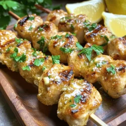 - 1 pound boneless, skinless chicken thighs, cut into 1-inch bite-sized pieces - 3 tablespoons extra-virgin olive oil - 4 cloves garlic, finely minced - 1 tablespoon freshly squeezed lemon juice - 1 teaspoon dried oregano - 1 teaspoon sweet paprika - Sea salt and freshly cracked black pepper, to taste - Fresh parsley, finely chopped, for an elegant garnish - Additional dipping sauces Grilled chicken bites with garlic sauce are simple yet tasty. The chicken thighs are the star. They stay juicy and tender when grilled. Olive oil adds richness and helps the garlic stick. Fresh garlic gives a bold flavor. The marinade is key. Lemon juice adds a bright zing. Oregano and paprika bring warmth and depth. Don’t forget salt and pepper to taste. These ingredients work together for a mouthwatering dish. For garnishing, fresh parsley adds color and a fresh note. You can also serve with dipping sauces. They can enhance the dish even more. Try a creamy yogurt sauce or a tangy barbecue sauce. These options make the meal fun and versatile. To make the marinade, start by mixing the olive oil, minced garlic, and spices. Use a large bowl. Add the lemon juice for some zing. Season the mix with sea salt and black pepper. Stir everything well until it blends nicely. This marinade is key for adding flavor to your chicken. Next, it’s time to marinate the chicken. Cut the chicken thighs into bite-sized pieces. Add these pieces to the marinade. Make sure each piece gets a good coat. Cover the bowl with plastic wrap. Let it chill in the fridge for at least 30 minutes. For the best flavor, let it sit for up to 2 hours. This step helps the chicken soak up all the tasty spices. Once your chicken is ready, preheat your grill. Set it to medium-high heat. You want it hot enough to sear the chicken. While it heats, thread the marinated chicken onto skewers. Leave some space between pieces for even cooking. Place the skewers on the grill. Grill for about 5 to 7 minutes per side. Look for nice grill marks and a cooked-through center. The chicken needs to reach 165°F (75°C) to be safe to eat. When done, let it rest for a few minutes. This helps keep the juices inside. Drizzle any leftover garlic marinade on top for extra taste. Enjoy your grilled chicken bites! To get those perfect grill marks, you need to focus on two main things: skewer placement and grill temperature. - Skewer placement: When you thread the chicken onto the skewers, leave a small gap between each piece. This space helps heat circulate around the chicken. It allows the grill to do its job and creates those beautiful marks. - Maintaining grill temperature: Preheat your grill to medium-high heat. This ensures the chicken cooks evenly and develops a nice char. If the grill is too cool, the chicken will stick and won’t sear well. Want to make your chicken bites even more tasty? Here are some ideas. - Suggestions for additional spices: You can add spices like cumin or chili powder for a kick. A little cayenne pepper can also offer some heat. Feel free to mix in herbs like thyme or rosemary for an earthy taste. - Pairing with sides or dips: Serve your chicken bites with a fresh salad or grilled veggies. You can also pair them with a creamy dip made from Greek yogurt and herbs. This adds a cool contrast to the savory chicken. Avoiding mistakes is key to great grilling. Here are two big ones. - Overcooking the chicken: Keep an eye on cooking times. Chicken can dry out if cooked too long. Make sure the internal temperature reaches 165°F (75°C) but don’t leave it on the grill for too long. - Skipping the marination step: Marinating adds flavor and moisture. Do not skip it! Aim for at least 30 minutes, but two hours is even better. This makes your chicken bites juicy and full of flavor. {{image_4}} You can easily swap chicken thighs for other proteins. Chicken breast works well if you want a leaner option. If you prefer a plant-based choice, try using tofu. Both options will still absorb the marinade flavors. You can also change up the marinade. Instead of garlic and lemon, you can use teriyaki sauce for a sweet twist. A lemon herb mix adds a fresh taste and a bit of zest. Feel free to get creative with flavors! If you don’t have a grill, you can bake these chicken bites in the oven. Preheat your oven to 400°F (200°C). Arrange the marinated chicken on a baking sheet. Bake for about 20 minutes or until they reach 165°F (75°C). Broiling is another great method. Place the chicken bites on a broiler pan and set them under the broiler for about 6-8 minutes. This gives the bites a nice char and a smoky taste. These grilled chicken bites make great meal prep! Pack them in lunch boxes with veggies and grains. They reheat well and stay tasty. For side dishes, consider serving them with a fresh salad or roasted vegetables. Rice or quinoa are also excellent choices. Add a dipping sauce, like a garlic yogurt, to complete the meal. Enjoy exploring the flavors! Store leftover grilled chicken bites in an airtight container. This keeps them fresh. You can keep them in the fridge for up to three days. If you want to enjoy them later, make sure they cool down first. You can freeze chicken bites before or after cooking. If you freeze them before cooking, marinate them in the same way. Place the marinated pieces in a freezer bag. Squeeze out the air to prevent freezer burn. For cooked chicken bites, let them cool first. Freeze them in a container for up to three months. When thawing, place the chicken in the fridge overnight. This helps keep the texture nice. You can also run the bag under cold water for a quicker option. To reheat chicken bites, use an oven or skillet. Set the oven to 350°F (175°C). Place the chicken on a baking sheet and heat for about 10-15 minutes. For a skillet, add a splash of water and cover it. This keeps the bites moist. Avoid using the microwave. It can dry out the chicken and change the texture. Keeping your chicken bites juicy is key to enjoying them again! For the best flavor, I recommend marinating chicken for at least 30 minutes. This allows the spices and garlic to soak into the meat. If you have more time, let it marinate for up to 2 hours. Longer marination enhances the taste and juiciness. Yes, you can use chicken breast, but be aware of a few differences. Chicken thighs are more tender and flavorful than breasts. Breasts cook faster, so check them closely. Cook chicken breasts for about 4-6 minutes per side. Make sure they reach 165°F (75°C) for safe eating. Grilled chicken bites go well with many sides. Here are a few popular options: - Fresh salad: A light mix of greens with a zesty vinaigrette - Grilled vegetables: Bell peppers, zucchini, and onions add color and taste - Rice or quinoa: A fluffy base to soak up the garlic sauce - Dips: Serve with creamy yogurt sauce or a tangy salsa for added flavor These sides complement the chicken and create a balanced meal. This blog post covered how to make tasty grilled chicken bites from start to finish. We explored key ingredients to use and how to prepare a flavorful marinade. I shared tips for grilling, avoiding mistakes, and suggested fun variations. Finally, we discussed storage and reheating methods to keep your chicken bites fresh. Remember, marinating is key to flavor. Mix things up with spices or cooking methods. Enjoy these bites any way you choose for a delicious meal!