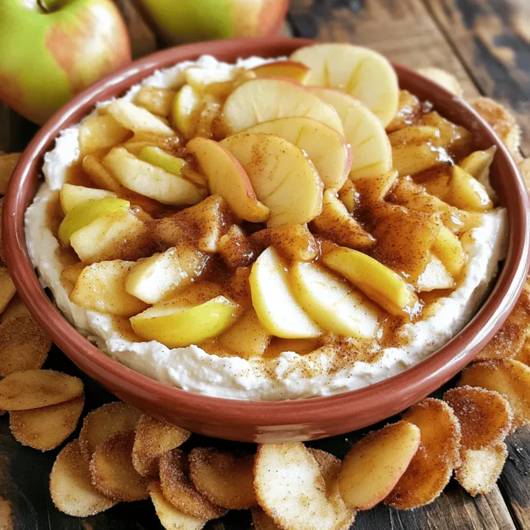 To make a delicious Apple Pie Dip, you need these main ingredients: - 2 large apples (preferably Granny Smith or Honeycrisp), peeled, cored, and diced - 1 tablespoon lemon juice - 1/4 cup packed brown sugar - 1 teaspoon ground cinnamon - 1/4 teaspoon ground nutmeg - 1 tablespoon all-purpose flour - 1/2 cup cream cheese, softened to room temperature - 1/4 cup powdered sugar - 1 teaspoon vanilla extract These ingredients create a sweet and tangy apple filling that pairs perfectly with the creamy dip. The lemon juice keeps the apples fresh and bright. The brown sugar and spices add warmth and sweetness, giving the dip its classic apple pie flavor. For the crispy cinnamon chips, gather these items: - 4 large flour tortillas - 2 tablespoons unsalted butter, melted - Additional cinnamon and sugar for sprinkling These ingredients transform simple tortillas into crunchy chips. The melted butter helps the cinnamon and sugar stick, creating a tasty treat for dipping. To make your dip even more special, consider these optional toppings: - A sprinkle of additional cinnamon - Fresh apple slices - Whipped cream These garnishes add flavor and a fun pop of color. They also make your dish look more inviting and festive. You can find the full recipe and instructions to bring this treat to life! Start by washing and peeling your apples. I like using Granny Smith or Honeycrisp apples for their tartness. Core and dice them into small pieces. In a medium bowl, toss the diced apples with lemon juice. This step keeps them from browning. Next, add brown sugar, ground cinnamon, nutmeg, and flour. Mix well so every apple piece is coated. Let this mix sit for about 10 minutes. This helps the flavors blend nicely. Now, heat a skillet over medium heat. Add your apple mixture to the skillet. Cook them for 5 to 7 minutes. Stir occasionally to avoid burning. You want them tender but not mushy. They should still hold their shape. Once they are ready, take them off the heat and let them cool a bit. While the apples cool, grab another bowl. Add softened cream cheese, powdered sugar, and vanilla extract. Mix it with a hand mixer or spatula until smooth. You don’t want any lumps in your cream cheese base. It should be creamy and thick, ready to layer. Now, it’s time to put it all together! Take a serving dish and spread the cream cheese mix evenly across the bottom. Once that’s done, gently add the warm apple filling on top. Spread it evenly so every bite has a delicious taste. Preheat your oven to 350°F (175°C). Take large flour tortillas and brush melted butter on both sides. In a small bowl, mix extra cinnamon with sugar. Sprinkle this mix over the tortillas. Cut them into triangle wedges. This will give you perfect chips for dipping. Place the tortilla triangles on a baking sheet. Make sure they are in a single layer. Bake them for about 8 to 10 minutes. Flip them halfway through to get them crispy on both sides. Once done, they should be golden brown and crunchy. Let them cool a bit before serving. Now, you’re ready to enjoy your Apple Pie Dip with Cinnamon Chips. When making apple pie dip, the apples matter. I like using Granny Smith or Honeycrisp. They have the right mix of sweet and tart. This balance makes the dip tasty. Look for firm apples that feel heavy. Avoid soft or bruised ones. Fresh apples give the best flavor. To make great cinnamon chips, use flour tortillas. Brush both sides with melted butter. Don’t skip this step! It helps them crisp up. Sprinkle on cinnamon and sugar for flavor. Bake them in a single layer at 350°F. Flip halfway through for even cooking. Watch them closely; they can burn fast. Presentation makes your dip look even better! Serve the dip in a shallow bowl. Dust it with a little cinnamon on top. Add a few fresh apple slices for color. Arrange the cinnamon chips around the dip. This makes it inviting for guests. You can even add a scoop of ice cream on the side for fun! You can change the sweetness of your dip. If you like it sweeter, add more brown sugar to the apple mixture. Start with a tablespoon and taste. You can also adjust the powdered sugar in the cream cheese mix. Always taste as you go! This way, you get the perfect flavor for your dip. {{image_4}} You can make apple pie dip even better by adding nuts or dried fruits. Chopped walnuts or pecans give a nice crunch. Dried cranberries or raisins add sweetness. Just mix them in with the apple filling. This gives every bite a fun twist. You get more flavor and texture with each scoop. Spices can change the flavor of your apple pie dip. If you want a warm taste, try using ginger or allspice. You can also add a pinch of cardamom for a unique touch. Just remember to start with a little. You can always add more if you like a stronger flavor. Each spice brings out the sweetness of the apples. If you want to switch up your chips, there are many choices. You can use pita chips for a healthier option. Pretzel chips add a salty crunch that pairs well with sweetness. For a fun twist, try graham crackers. They give a different flavor and texture. No matter what you choose, make sure they are sturdy for dipping. For the full recipe, check out the details above. To store leftover apple pie dip, place it in an airtight container. Make sure to cover the top with plastic wrap or a lid. This keeps the dip fresh and prevents it from drying out. The dip will stay good in the fridge for about 3 days. When you want to eat it again, just give it a quick stir to refresh its texture. Cinnamon chips are best stored in a zip-top bag or an airtight container. Make sure they are completely cool before sealing. This helps keep them crispy. If stored well, the chips will last for about a week. If they start to lose their crunch, you can crisp them up in the oven for a few minutes at 350°F. You can freeze both the dip and the chips. For the dip, place it in a freezer-safe container. Leave some space at the top, as it may expand. The dip can be frozen for up to 2 months. To thaw, move it to the fridge overnight. For the cinnamon chips, freeze them in a single layer on a baking sheet. Once frozen, transfer them to a bag. Thaw them at room temperature for about 30 minutes before serving. Yes, you can make Apple Pie Dip ahead of time. Prepare the apple filling and cream cheese base separately. Store them in airtight containers in the fridge. Just before serving, layer them together. This keeps the flavors fresh and the dip creamy. If you want a cream cheese alternative, consider using Greek yogurt or mascarpone cheese. Both options add creaminess. They also keep the dip light and tasty. You can even try whipped cottage cheese for a different flavor. Absolutely! Store-bought chips work great for dipping. Look for cinnamon sugar chips for added flavor. You can also use regular tortilla chips or even apple slices. The goal is to enjoy the dip in a way that you love. The dip stays fresh in the fridge for about 3-4 days. Make sure to cover it well. If the top looks dry, just mix it before serving again. It helps keep the dip tasty and smooth. Yes, this recipe can be made gluten-free. Use gluten-free tortillas instead of regular flour tortillas. This small change makes it safe for those with gluten sensitivities. Enjoy your treat without worry! You learned how to make a tasty apple pie dip. We covered the key ingredients, from apples to cinnamon chips. The step-by-step guide made it simple to follow. Tips helped you choose the best apples and make crispy chips. You now know fun variations and how to store leftovers. Enjoy making this dip for family and friends. It will be a hit at your next gathering. Happy dipping!