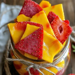 To craft these delightful tie-dye fruit leathers, you need: - 2 ripe mangoes, peeled and diced - 2 cups strawberries, hulled and quartered Mangoes bring a sweet, tropical flair. Strawberries add a classic berry taste. Together, they create a vibrant and tasty treat. You can adjust the sweetness to your liking. A popular choice is: - 1 tablespoon honey (optional, adjust to taste) Honey enhances the natural sweetness, making it even more delicious. Feel free to skip it if you prefer a more natural flavor. To elevate your fruit leathers, consider adding: - 1 tablespoon freshly squeezed lemon juice - A pinch of salt - Extra strawberry slices for decoration (optional) The lemon juice brightens the flavors. A pinch of salt balances the sweetness. Adding extra strawberry slices gives a fun look and texture. For the complete process, check out the Full Recipe. These ingredients set the stage for a fun and tasty cooking experience. To start, gather your ripe mangoes and strawberries. Cut the mangoes into small pieces and place them in a blender. Blend until smooth. Next, take the quartered strawberries and blend them into a uniform puree. This will give you two lovely fruit bases. Line a baking sheet with parchment paper. Use a spoon to drop dollops of mango puree in random spots. Then, add dollops of strawberry puree between the mango. This creates a colorful base. Next, take a skewer or a clean spoon. Gently swirl the two purees together. Be careful not to mix too much. You want to see distinct colors. This tie-dye effect makes your fruit leathers look fun and lively. Preheat your oven to the lowest setting, usually around 170°F (77°C). Place the baking sheet in the oven. Leave the door slightly open so air can flow. Let the fruit leather dry for 5 to 6 hours. Check it now and then. When the surface is no longer sticky, it’s ready to come out. Once dried, take it out and let it cool. After it cools, use kitchen scissors to cut it into strips or fun shapes. You can now enjoy your vibrant tie-dye mango strawberry fruit leathers! For the full recipe, refer to the beginning section. To get the best texture for your fruit leathers, use ripe fruits. Ripe mangoes and strawberries have the best flavor and sweetness. When you blend the fruits, ensure each puree is smooth. This helps the leathers dry evenly. If the mixture is too thick, you can add a splash of water. This small addition can help improve the texture. Make your fruit leathers look fun and inviting! Roll them up and place them in a clear jar. This lets the colors shine and shows the tie-dye effect. You can also cut them into fun shapes using cookie cutters. For gifts, tie the strips with twine. This adds a personal touch and makes them more special. Store your fruit leathers in an airtight container. They stay fresh at room temperature for about two weeks. To keep them longer, you can refrigerate them. Just remember to roll them in parchment paper first. This prevents sticking and keeps them nice. If you want to save them for later, you can also freeze the strips. Just make sure to wrap them well to avoid freezer burn. {{image_4}} You can switch up the fruits in this recipe. Try using peaches or bananas. Pineapple adds a fun twist too. These fruits blend well with mango and strawberry. Mixing fruits gives you new flavors and colors. You can create your own signature fruit leather. Just remember to adjust the sweetness if needed. Honey is a great sweetener, but it’s not the only option. Agave syrup works well too. You can use maple syrup for a unique taste. If you prefer, try stevia or monk fruit. These options give you choices based on your taste and diet. Just keep the amounts small and taste as you go. If you're vegan, skip the honey. You can use agave syrup instead. For those avoiding sugar, try unsweetened applesauce. It adds moisture and a bit of sweetness. If you're gluten-free, this recipe is perfect as it uses no flour. Always check labels on any added ingredients to ensure they fit your needs. Each serving of Tie-Dye Mango Strawberry Fruit Leathers has about 80 calories. This number can change based on the amount of honey you add. Here’s a quick look at the key nutrients per serving: - Calories: 80 - Total Fat: 0g - Sodium: 5mg - Total Carbohydrates: 20g - Dietary Fiber: 2g - Sugars: 15g - Protein: 1g Mangoes and strawberries are not just tasty. They are packed with good stuff! Here are some benefits: - Vitamins: Both fruits are high in vitamins A and C. These vitamins boost your immune system and help your skin glow. - Antioxidants: Mangoes and strawberries are full of antioxidants. They fight free radicals and may lower the risk of some diseases. - Fiber: The fiber helps digestion and keeps you full longer, making this snack good for your gut health. Store-bought fruit leathers often contain added sugars and preservatives. They can be less healthy than homemade versions. Here’s why homemade is better: - Fresh Ingredients: You choose ripe fruits and avoid artificial flavors. - No Added Sugar: You control the sweetness, making it healthier. - Custom Flavors: You can mix fruits to create your favorite taste. Making your own Tie-Dye Mango Strawberry Fruit Leathers gives you a fun and healthy snack. For the full recipe, check the recipe section above! To store your fruit leathers, roll each strip in parchment paper. This keeps them fresh. Place the rolled strips in an airtight container. You can keep them at room temperature for up to two weeks. Avoid direct sunlight and heat for best results. Yes, you can make these fruit leathers without added sugar. The natural sweetness of mangoes and strawberries shines through. You can adjust the honey or skip it altogether. Add a bit of lemon juice to enhance the flavor. This way, you keep it healthy and tasty. Leftover fruit purees are fun and versatile. You can use them in smoothies for added flavor. They can also serve as a topping for yogurt or oatmeal. Try adding them to pancake or waffle batter for a fruity twist. You can even freeze them in ice cube trays for later use! In this blog post, we explored how to make tie-dye mango strawberry fruit leathers. We gathered fresh fruits, optional sweeteners, and flavor enhancers. The step-by-step guide helped you prepare fruit purees and create a fun tie-dye effect. I shared tips on texture, presentation, and storage too. These fruit leathers are tasty and healthy. With their bright colors and flavors, they make a great snack. Now, you have the knowledge to enjoy your homemade treat!