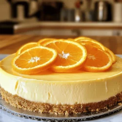 To make this delightful cheesecake, you need some key ingredients. Here is what you will need: - 1 ½ cups graham cracker crumbs - ½ cup unsalted butter, melted - 2 cups cream cheese, softened - 1 cup powdered sugar - 1 teaspoon vanilla extract - 1 cup heavy whipping cream - 1 cup fresh orange juice - Zest of 1 orange - 2 tablespoons orange gelatin powder - Fresh orange slices for garnish (optional) These ingredients create a creamy, zesty flavor that is sure to impress. When choosing brands, I suggest using Philadelphia cream cheese. It offers a rich taste and smooth texture. For graham crackers, Honey Maid is a great choice. Their crackers are fresh and taste excellent in crusts. Quality counts, so pick brands you trust for the best results. If you have allergies, there are good swaps. For cream cheese, you can use a dairy-free option like Tofutti or Kite Hill. If you're avoiding gluten, choose gluten-free graham crackers. You can also use coconut cream instead of heavy whipping cream for a dairy-free option. These swaps keep the dish tasty and fun for everyone. To make the crust, start by mixing graham cracker crumbs and melted butter in a bowl. You want to stir until it feels like damp sand. When you squeeze it, it should hold together. Next, take this mixture and press it into a 9-inch springform pan. Use the back of a measuring cup or your fingers to make it flat and even. After that, place the pan in the fridge. This helps the crust firm up while you make the filling. Now, let’s focus on the cheesecake filling. In a large bowl, beat the softened cream cheese with an electric mixer. Mix it for about 2-3 minutes until it is smooth. Gradually add the powdered sugar and vanilla extract, mixing until fluffy. Then, gently fold in the fresh orange juice and orange zest. This gives the cheesecake its bright flavor. In another bowl, whip the heavy cream until it forms stiff peaks. This takes about 3-4 minutes. Carefully fold the whipped cream into the cream cheese mixture. Do this in stages to keep it light. To finish the filling, mix the orange gelatin powder with a bit of hot water in a small bowl. Stir until there are no lumps. Add this to your cheesecake filling and mix well. Next, pour the creamy filling over your chilled crust. Use a spatula to smooth the top into an even layer. Cover the pan tightly with plastic wrap and place it in the fridge. Let it chill for at least 4 hours, or overnight if you can wait. This helps the cheesecake set perfectly. When ready to serve, run a knife around the edge of the pan. Carefully remove the sides of the springform pan. Slice the cheesecake into wedges and serve it chilled. For a nice touch, add fresh orange slices on top if you like. For the complete recipe, check out the full recipe. To get a super smooth cheesecake filling, start with softened cream cheese. Cold cream cheese will clump. Beat it well for 2-3 minutes until creamy. Add powdered sugar and vanilla next. Mix until it's fluffy and well combined. When you add orange juice and zest, do so gently. This keeps the mixture smooth. When whipping cream, make sure it is very cold. Use a chilled bowl and beaters for the best results. Start on low speed to prevent splatters. Gradually increase to medium-high speed. Stop when you see stiff peaks. This takes about 3-4 minutes. Careful not to overwhip; it can turn into butter! One mistake is not chilling the crust long enough. It needs time to firm up. Another error is not folding in the whipped cream gently. This can deflate your filling. Also, don’t skip the gelatin. It helps the cheesecake hold its shape. For the best texture, always let it chill for at least 4 hours, or overnight is even better. For the full recipe, check out the earlier sections. {{image_4}} You can easily mix in chocolate for a twist. Try adding melted dark or white chocolate to the filling. Start with ½ cup of melted chocolate and adjust to your taste. This adds a rich depth to the orange flavor. You can also swap the orange juice for lemon or lime juice for a tart variation. To make a healthier cheesecake, consider using Greek yogurt instead of cream cheese. This offers a creamy texture with less fat. You can also use honey or maple syrup instead of powdered sugar. For the crust, choose whole-grain crackers or nuts for a nutritious base. This will cut down on sugar and boost fiber. Seasonal fruits make great toppings. In summer, fresh berries like strawberries, blueberries, or raspberries add color and flavor. In fall, try sliced apples or pears with a sprinkle of cinnamon. In winter, pomegranate seeds give a festive touch. Use what is fresh and local for the best taste. For the full recipe, check out the details above. After making the No-Bake Orange Creamsicle Cheesecake, you may have leftovers. To store them, cover the cheesecake with plastic wrap or aluminum foil. You want to keep the air off it to prevent drying. Place it in the refrigerator. It can stay fresh for about 3 to 5 days. Make sure to keep it in the springform pan if it’s not fully set yet. This helps maintain its shape. If you need to keep the cheesecake for longer, freezing is a great option. First, slice the cheesecake into individual pieces. Wrap each slice tightly in plastic wrap. Then place the wrapped slices in a freezer-safe container or a zip-top bag. This keeps them safe from freezer burn. The cheesecake can last in the freezer for up to 2 months. When you’re ready to enjoy a slice, take it out of the freezer. Remove the plastic wrap but keep it in the container. Let it thaw in the fridge for about 4 to 6 hours. This slow thaw helps maintain its creamy texture. If you're in a hurry, you can leave it at room temperature for about 30 minutes. Just be careful not to leave it out too long, or it may get too soft. Enjoy your cheesecake! Yes, you can use low-fat cream cheese. It will change the taste and texture a bit. The cheesecake may be less creamy but still delicious. Just remember, the flavor may not be as rich. Always check the packaging for any moisture differences. This can affect how well the cheesecake sets. The cheesecake needs to chill for at least 4 hours. However, chilling it overnight is best. This allows the flavors to blend well. A longer chill time helps the cheesecake set better. If you’re short on time, 4 hours will still give you a tasty treat. If you want to skip orange gelatin, try using agar-agar. This is a plant-based option that works well. You can also use cornstarch mixed with water for a different texture. Just remember, these substitutes may change the flavor and firmness a bit. Always adjust the amount based on your preference. For a fresh taste, consider using orange juice or zest to keep it vibrant. For the full recipe, check the details above. This blog post covered all you need for No-Bake Orange Creamsicle Cheesecake. We explored key ingredients, famous brands, and useful substitutions. You learned simple steps for making the crust and filling, then how to assemble it all. I shared tips for a smooth filling and common mistakes to avoid. You discovered tasty variations and storage tips to keep your cheesecake fresh. Making this dessert can be fun and rewarding. Now you have everything to create your cheesecake masterpiece! Enjoy each delicious bite.
