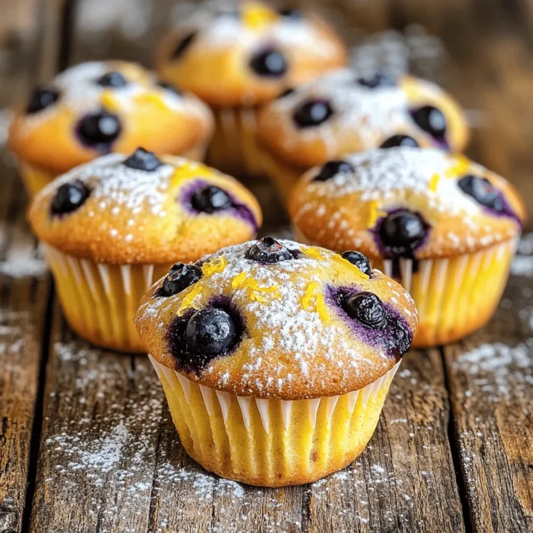 To make these lemon blueberry muffins, gather these items: - 1 ½ cups all-purpose flour - ½ cup granulated sugar - ½ teaspoon baking powder - ½ teaspoon baking soda - ¼ teaspoon salt - 1 large egg - ½ cup plain Greek yogurt - ¼ cup vegetable oil - 2 tablespoons fresh lemon juice - Zest of 1 lemon - 1 cup fresh blueberries (or frozen if needed) - Optional: powdered sugar for dusting Measuring ingredients correctly is key. Use dry measuring cups for flour and sugar. Scoop the flour lightly into the cup. Then, level it off with a flat edge. For liquids like oil and lemon juice, use a liquid measuring cup. Pour until you reach the desired mark. Always check your measurements twice, especially for baking powder and baking soda, as they help your muffins rise. If you need to swap ingredients, here are some ideas: - Use whole wheat flour for a healthier option. - Swap Greek yogurt with sour cream for a different taste. - If you lack fresh blueberries, frozen ones work just as well. - For a dairy-free version, try almond yogurt instead of Greek yogurt. - You can add almond extract for a unique flavor twist. These substitutions keep the muffins tasty while catering to your needs. For the full recipe, check out the links provided. First, we need to preheat the oven to 375°F (190°C). This helps the muffins rise well. Next, prepare a muffin tin with paper liners or cooking spray. This keeps the muffins from sticking. In a big bowl, mix the dry stuff: all-purpose flour, sugar, baking powder, baking soda, and salt. Use a whisk to blend everything well. In another bowl, crack one egg and beat it lightly. Then add Greek yogurt, vegetable oil, fresh lemon juice, and lemon zest. Mix these wet ingredients until they are smooth. Next, pour the wet mix into the dry mix. Stir gently with a spatula. Stop when the batter is just combined. A few lumps are okay! Now, add fresh blueberries and fold them in carefully to avoid breaking them. Scoop the batter into the muffin cups, filling each one about ¾ full. This gives them room to rise. Place the muffin tin in the oven and bake for 18-20 minutes. Check with a toothpick; it should come out clean when done. Once baked, let the muffins cool in the tin for about 5 minutes. Then, transfer them to a wire rack to cool completely. If you want, dust with powdered sugar before serving. Enjoy your lemon blueberry muffins! For a full recipe, check out the complete guide. To make the best lemon blueberry muffins, follow these tips: - Use fresh ingredients: Fresh blueberries and lemons give bright flavors. - Don’t overmix: Stir until just combined. Lumps are okay. - Correct oven temp: Preheat your oven well. This helps muffins rise. - Fill cups properly: Fill muffin tins about ¾ full. This allows room to puff. - Check doneness: Use a toothpick. It should come out clean when muffins are ready. Many people make simple errors when baking muffins. Watch out for these: - Overmixing the batter: This leads to dense muffins. Mix just enough. - Not measuring flour correctly: Use the spoon and level method for accuracy. - Skipping the zest: Lemon zest adds depth. Don’t leave it out! - Baking too long: Keep an eye on the time. Check them early. - Using cold ingredients: Let eggs and yogurt sit at room temp for better mixing. Add-ins can make your muffins even better. Try these ideas: - Nuts: Chopped walnuts or almonds give crunch. - Spices: A pinch of cinnamon or nutmeg adds warmth. - Coconut: Shredded coconut pairs well with lemon. - Chocolate chips: Use white chocolate for a sweet twist. - Herbs: Fresh mint or basil can create an unexpected flavor. These tips and tricks will help you master your lemon blueberry muffins. For the complete recipe, check out the Full Recipe section! {{image_4}} You can make gluten-free lemon blueberry muffins easily. Replace all-purpose flour with a gluten-free blend. Look for a blend that includes xanthan gum for the best rise. Follow the same steps in the recipe, and you will have tasty muffins. They will be just as soft and flavorful. Add a twist to your muffins for fun. Try mixing in some lemon zest and poppy seeds. This gives a great crunch and a unique flavor. You can also swap blueberries for raspberries or strawberries. Each fruit adds its own taste and charm. To make vegan lemon blueberry muffins, skip the egg and use flaxseed meal. Mix one tablespoon of flaxseed meal with three tablespoons of water. Let it sit for five minutes to thicken. Use almond milk instead of Greek yogurt. This keeps the muffins moist and delicious. You can enjoy a great treat without using any animal products. Feel free to explore these variations. Each one makes a delightful twist on the classic lemon blueberry muffin. For the full recipe, check back on the main article. Store your lemon blueberry muffins in an airtight container. This keeps them fresh longer. You can also wrap them in plastic wrap. Place them in a cool, dry place. Avoid direct sunlight to maintain their flavor and texture. If you live in a humid area, refrigerating them is best. This helps prevent mold. To freeze your muffins, let them cool completely first. Place them in a freezer-safe bag or container. Label the bag with the date. Muffins can last up to three months in the freezer. When ready to eat, take one out. Let it thaw at room temperature. You can also microwave it for about 20-30 seconds. This warms it up nicely. Lemon blueberry muffins last about three days at room temperature. If stored in the fridge, they can last up to a week. Freezing extends their life to three months. Remember, freshness affects taste. Enjoy them while they are still soft and flavorful! For the full recipe, check out the details provided. Muffins stay moist due to fat and liquid. In this recipe, the Greek yogurt and vegetable oil add moisture. They help create a soft and tender texture. Be careful not to overmix the batter. Overmixing can lead to tough muffins. Yes, you can use frozen blueberries. They work well in this recipe. Just toss them in a little flour before adding to the batter. This helps prevent them from sinking. Remember, frozen blueberries may make the batter colder. You may need to bake them a bit longer. Muffins can sink if there’s too much liquid or not enough leavening. Make sure you measure your ingredients well. Also, don’t open the oven door too soon. This can cause temperature changes and make muffins sink. Follow the [Full Recipe] for best results. This guide covered key aspects of making delicious lemon blueberry muffins. We discussed ingredients, measuring tips, and smart substitutions. Next, I shared step-by-step instructions to help you prepare and bake perfect muffins. I highlighted common mistakes and ways to enhance flavor. We also explored gluten-free and vegan options, plus storage tips for freshness. Remember, practice makes perfect. You'll bake amazing muffins with just a little patience. Enjoy your baking journey!