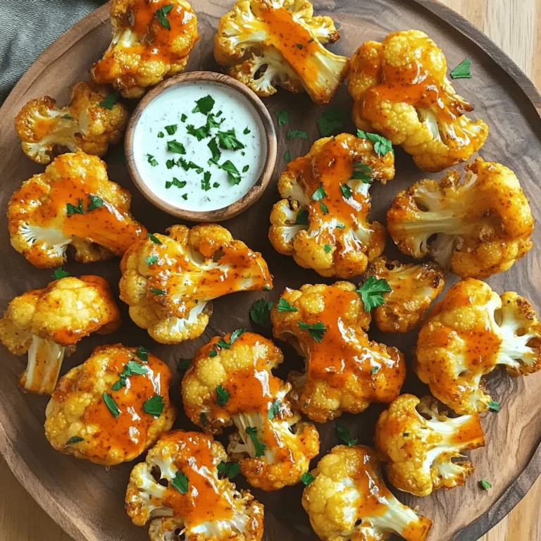 - 1 large head of cauliflower - 1 cup all-purpose flour (or chickpea flour) - 1 cup unsweetened almond milk - 1 teaspoon garlic powder - 1 teaspoon onion powder - 1 teaspoon smoked paprika - 1 cup buffalo sauce - 2 tablespoons extra virgin olive oil - Fresh parsley for garnish The main ingredients for this dish are simple yet effective. You start with one large head of cauliflower. Make sure you cut it into bite-sized florets. This helps with even cooking and crispiness. Next, you need one cup of flour. You can use all-purpose flour or chickpea flour if you want a gluten-free option. Both work well in this recipe. The last main ingredient is one cup of unsweetened almond milk. This gives your batter a nice, creamy texture. For seasoning, garlic powder, onion powder, and smoked paprika are key. The garlic and onion powders add depth. Smoked paprika gives a lovely, smoky flavor. Just one teaspoon of each is enough to make a big impact. Lastly, for the additional ingredients, you will need one cup of buffalo sauce. You can buy this or make your own. The two tablespoons of extra virgin olive oil help the sauce stick to the cauliflower. Don't forget fresh parsley for garnish. It adds a pop of color and freshness to your dish. If you're eager to dive into the full process, check out the Full Recipe for all the steps! - Preheat your oven to 450°F (232°C). - Line a baking sheet with parchment paper. - Cut the cauliflower into bite-sized florets. - In a large bowl, whisk the flour, almond milk, garlic powder, onion powder, and smoked paprika. - Add a pinch of salt and pepper to taste. - Ensure the batter is smooth and lump-free. - Dip each cauliflower floret into the batter. - Make sure each piece is fully coated. - Let any extra batter drip off. - Place the florets on the prepared baking sheet, spaced apart. - Bake for 25-30 minutes. Flip the florets halfway for even crispiness. - In a bowl, mix buffalo sauce and olive oil. - Once the cauliflower is golden and crisp, toss it in the buffalo sauce. - Return the coated wings to the oven for another 10 minutes. - Garnish with chopped parsley and serve with vegan ranch dressing or celery sticks. For the complete process and measurements, check the Full Recipe. To get the best crispiness, space the florets well on the baking sheet. If they touch, they will steam instead of bake. Flipping the cauliflower halfway through is key. This helps both sides crisp up nicely. I usually set a timer to remind me. You can boost the flavor with extra spices. Try adding cayenne for heat or smoked paprika for depth. Let the buffalo sauce sit for a few minutes before tossing. This helps it stick better to the wings. A good coating makes all the difference. These wings taste amazing with vegan ranch dressing. It adds a creamy, cool touch. I also love serving them with celery sticks. They give a crunchy contrast and enhance the snack experience. {{image_4}} You can choose between homemade and store-bought sauces. Homemade sauce gives you full control. You can adjust flavors to your taste. Store-bought sauces save time and still taste great. Try different hot sauces like sriracha or chipotle for a twist. Each sauce brings a unique kick to your wings. If you need a gluten-free option, use chickpea flour instead of all-purpose flour. It adds a nutty flavor and works well. For a low-carb twist, try cauliflower rice instead of florets. This gives you a different texture and keeps it light. Both options let you enjoy this dish without worry. Want to spice things up? Add herbs like thyme or rosemary for a fresh taste. You can also mix in spices like cumin or chili powder for an extra kick. To create a smoky version, add smoked paprika or liquid smoke to your batter. These small changes can make a big difference in flavor. After you make Vegan Cauliflower Buffalo Wings, you will want to store any leftovers correctly. First, let them cool completely. Place them in an airtight container. This helps keep them fresh. You can store them in the fridge for up to three days. If you notice any moisture, use a paper towel to absorb it. This keeps your wings crispy longer. When it's time to enjoy your wings again, reheating them properly is key. The oven is the best way to keep them crispy. Preheat your oven to 400°F (204°C). Place the wings on a baking sheet and heat for about 10-15 minutes. If you use a microwave, the wings may become soggy. If you choose the microwave, heat them in short bursts. Check them often to avoid overcooking. You can also freeze your cauliflower wings for later. If you want to freeze them before baking, coat them in the batter. Then, place the coated wings on a baking sheet and freeze until solid. Once frozen, transfer them to a freezer-safe bag. They can stay frozen for up to three months. If you want to freeze them after baking, let them cool first. Follow the same steps for freezing. To reheat frozen wings, thaw them in the fridge overnight. Then bake them in the oven at 400°F (204°C) for about 15-20 minutes. This ensures they regain their crispy texture. Enjoy your Vegan Cauliflower Buffalo Wings anytime! For the full recipe, check out the [Full Recipe]. Yes, you can prepare some parts ahead. Cut the cauliflower into florets and store them in the fridge. You can also make the batter in advance. Just keep it covered to prevent drying out. When you are ready, coat the florets and bake them fresh. This way, you save time and enjoy a hot snack. The spice level can vary. The buffalo sauce has a kick, but you can adjust it. If you want less heat, mix in some olive oil or choose a milder sauce. For more heat, add extra hot sauce or spices like cayenne pepper. This dish can fit your taste perfectly. There are many fun options! Pair the wings with vegan ranch dressing for dipping. Celery sticks or carrot sticks add a nice crunch. You can also serve them with a fresh salad or sweet potato fries. These sides make the meal even better. Enjoy your delicious snack! You learned how to make delicious Vegan Cauliflower Buffalo Wings. We covered the main ingredients, the easy steps, and tips for perfect wings. You can switch up flavors and store leftovers easily. These wings are fun, tasty, and great for sharing. Enjoy experimenting with different sauces and sides. Your cooking will impress everyone at the table. Try this recipe to experience a new favorite dish!