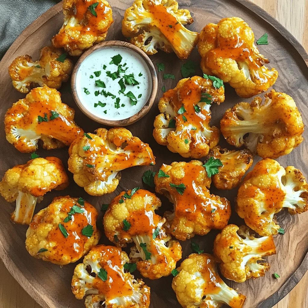 - 1 large head of cauliflower - 1 cup all-purpose flour (or chickpea flour) - 1 cup unsweetened almond milk - 1 teaspoon garlic powder - 1 teaspoon onion powder - 1 teaspoon smoked paprika - 1 cup buffalo sauce - 2 tablespoons extra virgin olive oil - Fresh parsley for garnish The main ingredients for this dish are simple yet effective. You start with one large head of cauliflower. Make sure you cut it into bite-sized florets. This helps with even cooking and crispiness. Next, you need one cup of flour. You can use all-purpose flour or chickpea flour if you want a gluten-free option. Both work well in this recipe. The last main ingredient is one cup of unsweetened almond milk. This gives your batter a nice, creamy texture. For seasoning, garlic powder, onion powder, and smoked paprika are key. The garlic and onion powders add depth. Smoked paprika gives a lovely, smoky flavor. Just one teaspoon of each is enough to make a big impact. Lastly, for the additional ingredients, you will need one cup of buffalo sauce. You can buy this or make your own. The two tablespoons of extra virgin olive oil help the sauce stick to the cauliflower. Don't forget fresh parsley for garnish. It adds a pop of color and freshness to your dish. If you're eager to dive into the full process, check out the Full Recipe for all the steps! - Preheat your oven to 450°F (232°C). - Line a baking sheet with parchment paper. - Cut the cauliflower into bite-sized florets. - In a large bowl, whisk the flour, almond milk, garlic powder, onion powder, and smoked paprika. - Add a pinch of salt and pepper to taste. - Ensure the batter is smooth and lump-free. - Dip each cauliflower floret into the batter. - Make sure each piece is fully coated. - Let any extra batter drip off. - Place the florets on the prepared baking sheet, spaced apart. - Bake for 25-30 minutes. Flip the florets halfway for even crispiness. - In a bowl, mix buffalo sauce and olive oil. - Once the cauliflower is golden and crisp, toss it in the buffalo sauce. - Return the coated wings to the oven for another 10 minutes. - Garnish with chopped parsley and serve with vegan ranch dressing or celery sticks. For the complete process and measurements, check the Full Recipe. To get the best crispiness, space the florets well on the baking sheet. If they touch, they will steam instead of bake. Flipping the cauliflower halfway through is key. This helps both sides crisp up nicely. I usually set a timer to remind me. You can boost the flavor with extra spices. Try adding cayenne for heat or smoked paprika for depth. Let the buffalo sauce sit for a few minutes before tossing. This helps it stick better to the wings. A good coating makes all the difference. These wings taste amazing with vegan ranch dressing. It adds a creamy, cool touch. I also love serving them with celery sticks. They give a crunchy contrast and enhance the snack experience. {{image_4}} You can choose between homemade and store-bought sauces. Homemade sauce gives you full control. You can adjust flavors to your taste. Store-bought sauces save time and still taste great. Try different hot sauces like sriracha or chipotle for a twist. Each sauce brings a unique kick to your wings. If you need a gluten-free option, use chickpea flour instead of all-purpose flour. It adds a nutty flavor and works well. For a low-carb twist, try cauliflower rice instead of florets. This gives you a different texture and keeps it light. Both options let you enjoy this dish without worry. Want to spice things up? Add herbs like thyme or rosemary for a fresh taste. You can also mix in spices like cumin or chili powder for an extra kick. To create a smoky version, add smoked paprika or liquid smoke to your batter. These small changes can make a big difference in flavor. After you make Vegan Cauliflower Buffalo Wings, you will want to store any leftovers correctly. First, let them cool completely. Place them in an airtight container. This helps keep them fresh. You can store them in the fridge for up to three days. If you notice any moisture, use a paper towel to absorb it. This keeps your wings crispy longer. When it's time to enjoy your wings again, reheating them properly is key. The oven is the best way to keep them crispy. Preheat your oven to 400°F (204°C). Place the wings on a baking sheet and heat for about 10-15 minutes. If you use a microwave, the wings may become soggy. If you choose the microwave, heat them in short bursts. Check them often to avoid overcooking. You can also freeze your cauliflower wings for later. If you want to freeze them before baking, coat them in the batter. Then, place the coated wings on a baking sheet and freeze until solid. Once frozen, transfer them to a freezer-safe bag. They can stay frozen for up to three months. If you want to freeze them after baking, let them cool first. Follow the same steps for freezing. To reheat frozen wings, thaw them in the fridge overnight. Then bake them in the oven at 400°F (204°C) for about 15-20 minutes. This ensures they regain their crispy texture. Enjoy your Vegan Cauliflower Buffalo Wings anytime! For the full recipe, check out the [Full Recipe]. Yes, you can prepare some parts ahead. Cut the cauliflower into florets and store them in the fridge. You can also make the batter in advance. Just keep it covered to prevent drying out. When you are ready, coat the florets and bake them fresh. This way, you save time and enjoy a hot snack. The spice level can vary. The buffalo sauce has a kick, but you can adjust it. If you want less heat, mix in some olive oil or choose a milder sauce. For more heat, add extra hot sauce or spices like cayenne pepper. This dish can fit your taste perfectly. There are many fun options! Pair the wings with vegan ranch dressing for dipping. Celery sticks or carrot sticks add a nice crunch. You can also serve them with a fresh salad or sweet potato fries. These sides make the meal even better. Enjoy your delicious snack! You learned how to make delicious Vegan Cauliflower Buffalo Wings. We covered the main ingredients, the easy steps, and tips for perfect wings. You can switch up flavors and store leftovers easily. These wings are fun, tasty, and great for sharing. Enjoy experimenting with different sauces and sides. Your cooking will impress everyone at the table. Try this recipe to experience a new favorite dish!