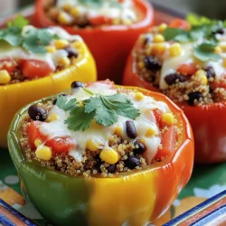 - 4 large bell peppers (mix of red, yellow, and green) - 1 cup quinoa, well rinsed - 2 cups vegetable broth or water - 1 cup black beans, thoroughly drained and rinsed - 1 cup corn (freshly cut or frozen) - 1 medium onion, finely diced - 2 cloves garlic, minced - 1 teaspoon ground cumin - 1 teaspoon chili powder - 1 teaspoon smoked paprika - 1 cup diced tomatoes (fresh or canned) - 1 cup shredded cheese (sharp cheddar or mixed cheese blend) - Fresh cilantro for garnish When I make stuffed bell peppers, I love using a mix of colorful peppers. They not only look good but also taste great. The quinoa adds a nice texture and is full of protein. Rinsing the quinoa is key. It helps remove the bitter coating called saponin. The black beans and corn add sweetness and fiber. I often use fresh corn in summer, but frozen works well too. Adding a finely diced onion enhances the flavor. It gives a nice base to the filling. Seasonings are where the magic happens! Garlic, cumin, chili powder, and smoked paprika create a warm and spicy taste. I always add diced tomatoes for moisture. They help keep the filling juicy. Finally, the cheese ties everything together. I prefer sharp cheddar for its strong flavor. Garnishing with fresh cilantro adds a burst of freshness that brightens each bite. For the full recipe, check the steps to prepare these delightful stuffed bell peppers. - Preheat oven to 375°F (190°C). - Prepare bell peppers by cutting off tops and removing seeds. - Bring vegetable broth to a boil; add rinsed quinoa. - Simmer for 15 minutes until fluffy and liquid is absorbed. - Sauté onion in olive oil until translucent, then add garlic and spices. - Combine black beans, corn, diced tomatoes, and quinoa in skillet. - Stuff bell peppers with quinoa mixture; sprinkle cheese on top. - Bake covered for 25 minutes, then uncovered for an additional 10-15 minutes. For a full recipe, check out the Vibrant Quinoa-Stuffed Bell Peppers. Use a mix of colored bell peppers. This adds beauty to your dish. Red, yellow, and green peppers create a feast for the eyes. Avoid overcooking quinoa to keep it fluffy. If you overcook it, the texture turns mushy and unappealing. Rinse the quinoa well to remove any bitterness. This simple step can enhance the flavor greatly. Steam the peppers with water in the baking dish. This method helps the peppers stay tender and juicy. Cover the dish with foil to trap steam while baking. For a lovely cheese topping, broil the peppers briefly at the end. This creates a golden, bubbly crust that everyone loves. Pair your stuffed peppers with avocado crema or sour cream. These toppings add creaminess and flavor. For a balanced meal, serve alongside a fresh salad. A mix of greens, tomatoes, and cucumbers works well. This adds crunch and freshness to the meal. Want more flavor? Add a squeeze of lime over the top! For the full recipe, check out the instructions above. Enjoy your cooking! {{image_4}} You can boost your meal with protein. Add cooked chicken or turkey to the quinoa mix. This will make your stuffed peppers heartier. If you're looking for a vegetarian option, try substituting lentils. Lentils are rich in protein and add a nice texture. You can enhance the flavor of your stuffed peppers easily. Experiment with different spices like oregano or cayenne for a kick. If you want extra nutrients, consider adding chopped spinach or kale. Both will blend well with the other ingredients, giving your dish a healthy twist. If you're following a vegan diet, you can easily adjust this recipe. Simply omit the cheese or use a dairy-free alternative. For those needing a gluten-free option, make sure all your ingredients are certified gluten-free. This way, everyone can enjoy your delicious stuffed peppers. You can find the full recipe in earlier sections. Store your stuffed peppers in an airtight container in the fridge. They will stay fresh for up to 4 days. Make sure they cool down before sealing them up. This keeps flavors intact and prevents sogginess. You can freeze stuffed peppers before baking for up to 3 months. This is a great way to meal prep. Just be sure to wrap them well with plastic wrap and then foil. When ready to eat, bake them from frozen. You may need to increase the cook time a bit. For quicker reheating, use the microwave. This is fast and easy. If you want better texture, use the oven. Cover with foil to keep moisture in. Heat until warm throughout, and enjoy your tasty meal again! Yes, you can prepare and stuff the peppers ahead of time. Just store them covered in the fridge. This is great for meal prep and saves time on busy days. When you are ready to bake them, just pop them in the oven. If you want a different texture, you can use rice, couscous, or farro. Each of these options brings a unique flavor and feel to the dish. Rice is soft and chewy, while couscous is light and fluffy. Farro adds a nice nutty taste. You’ll know the peppers are done when they are tender and slightly charred. The cheese on top should be melted and bubbly. If you poke them with a fork, they should give a little. This means they are ready to enjoy! Stuffed bell peppers are a versatile dish, packed with flavor and nutrients. You learned about the key ingredients, filling options, and cooking tips. Remember to experiment with spices and proteins to make the dish your own. Store leftovers in the fridge or freeze them for a quick meal later. This recipe is not only easy but also fun to customize. Enjoy creating your version of this healthy, colorful dish that the whole family will love.