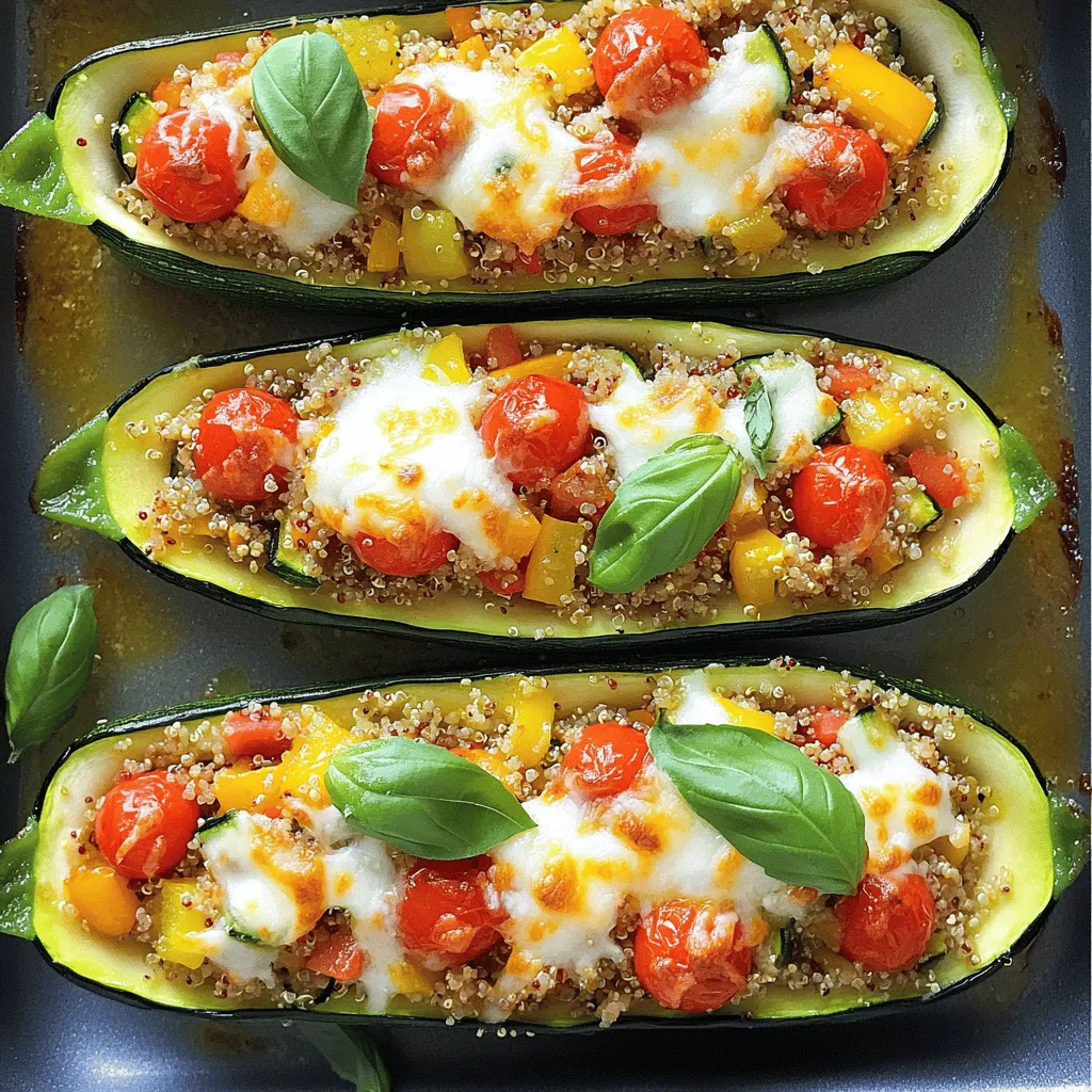 - 4 medium zucchinis - 1 cup cooked quinoa - 1 cup cherry tomatoes, halved - 1 bell pepper, finely chopped - 1 small onion, diced - 2 cloves garlic, minced - 1 teaspoon dried oregano - 1 teaspoon smoked paprika - 1 cup shredded mozzarella cheese (or dairy-free cheese) - 1 tablespoon olive oil - Salt and pepper to taste - Fresh basil leaves for garnish Gather all your ingredients before starting. Fresh zucchinis are key for this dish. They should feel firm and not have soft spots. Quinoa brings a nutty flavor and great texture. You can use leftover quinoa or cook it fresh. For the filler, I love using colorful veggies like bell peppers and tomatoes. They add taste and a nice look to your dish. Garlic and onion give a savory base that makes everything better. The seasonings, like oregano and smoked paprika, add depth. You can adjust the salt and pepper to suit your taste. The cheese on top melts beautifully and adds creaminess. Finally, fresh basil leaves make a lovely garnish. They add flavor and a pop of green to your dish. This recipe is not just tasty; it’s also a feast for the eyes. For the full recipe, check the section above. - Preheat the Oven: Start by setting your oven to 375°F (190°C). This helps the zucchinis cook evenly. - Prepare the Zucchini: Take four medium zucchinis. Cut them in half lengthwise. Use a spoon to scoop out the inside. Leave a small border to hold the filling. Set the scooped flesh aside for later. - Sauté Aromatics and Vegetables: Grab a medium skillet and heat one tablespoon of olive oil over medium heat. Add one diced onion and two minced garlic cloves. Cook for 3-4 minutes until the onion looks clear and smells nice. Then, mix in the chopped zucchini flesh, one finely chopped bell pepper, and one cup of halved cherry tomatoes. Add one teaspoon of dried oregano and one teaspoon of smoked paprika. Stir everything for 5-6 minutes until the veggies are tender. Don’t forget to season with salt and pepper to taste. - Mix Quinoa with Vegetable Mixture: In a large bowl, combine one cup of cooked quinoa with the sautéed veggie mix. Add half of one cup of shredded mozzarella cheese. Stir well to mix all ingredients. - Stuff the Zucchini Boats: Take each zucchini half and fill it with the quinoa mixture. Press it down gently to pack it. Place the stuffed zucchinis on a baking sheet lined with parchment paper to avoid a mess. - Add Cheese and Bake: Sprinkle the remaining mozzarella cheese on top of each zucchini boat. This will create a tasty cheesy layer. Place the baking sheet in the oven and bake for 20-25 minutes. The zucchinis should be soft, and the cheese should bubble and turn golden. - Cooling and Garnishing: After baking, take the zucchini boats out of the oven. Let them cool for a few minutes. Before you serve, add fresh basil leaves on top for extra flavor and a beautiful look. For the full recipe, check out the detailed instructions above! Choosing the Right Zucchini Select firm, medium zucchinis for this dish. They should feel heavy and have smooth skin. Avoid zucchinis with soft spots or blemishes. Fresh zucchinis will hold their shape well during cooking. Look for ones that are about six to eight inches long. Substituting Ingredients You can easily swap ingredients based on what you have. If you don’t have quinoa, use rice or couscous. For a different flavor, try adding mushrooms or spinach. You can also switch the cheese for a vegan option. This keeps the dish flexible and fun. Best Sautéing Practices When sautéing veggies, heat the oil before adding them. This helps to release their flavors. Stir often to prevent burning. Cook until the onions are clear and the veggies are tender. This usually takes about five to six minutes. Optimal Baking Times Bake the stuffed zucchinis at 375°F for 20 to 25 minutes. This allows the zucchini to soften while the cheese melts. Check for a bubbly, golden top. If you like it extra crispy, broil for an additional two minutes. Just watch closely to avoid burning. For the full recipe, check out the detailed steps above. Enjoy your cooking! {{image_4}} You can boost the protein in your stuffed zucchini. Try adding black beans or lentils. Both are great choices. They mix well with the quinoa and veggies. You can also add some cooked ground turkey or chicken if you eat meat. Just ensure the meat is well-seasoned to enhance the flavors. Want to add more kick? Use spices like cumin or chili powder. These spices bring warmth and depth. You can also try adding some fresh herbs like cilantro or parsley. They add freshness and a burst of flavor that makes each bite exciting. If you need a gluten-free dish, you are in luck! Quinoa is gluten-free and perfect for this recipe. Just make sure to check any additional ingredients for gluten. Use gluten-free breadcrumbs if you want a crunchy topping. To make this dish vegan, swap out the cheese for a dairy-free option. Nutritional yeast can also give a cheesy flavor without dairy. You can also skip the cheese altogether for a lighter meal. Add a splash of lemon juice for brightness and flavor. After enjoying your cheesy quinoa-stuffed zucchini, store any leftovers right away. Place them in an airtight container. This keeps them fresh for up to three days in the fridge. Make sure the zucchini boats cool down before sealing them. This avoids extra moisture, which can make them soggy. If you want to save your stuffed zucchini for later, freezing works great! First, let the stuffed zucchinis cool completely. Then, wrap each one in plastic wrap. Place them in a freezer-safe bag or container. They can last up to three months in the freezer. When you're ready to eat, simply thaw them in the fridge overnight. Reheat them in the oven at 350°F (175°C) until warm. This keeps the flavor and texture just right. Try this method for easy meal prep. For the full recipe, check out the details above. How long do stuffed zucchinis last in the fridge? Stuffed zucchinis can last about 3 to 5 days in the fridge. Store them in an airtight container to keep them fresh. Can I make stuffed zucchini ahead of time? Yes, you can prepare stuffed zucchini ahead of time. You can stuff them and keep them in the fridge for a day. Just bake them when you are ready to eat. What can I substitute for quinoa in this recipe? You can use rice, couscous, or even farro as a substitute for quinoa. Each will bring its own flavor and texture to the dish. Are vegetarian stuffed zucchinis healthy? Yes, vegetarian stuffed zucchinis are healthy. They are low in calories and high in nutrients. Zucchinis are rich in vitamins A and C, and the filling adds fiber and protein. What are the benefits of using zucchini? Zucchini is low in calories and packed with water. This helps keep you hydrated. It also contains antioxidants that can support your health. Plus, zucchini adds a nice texture to your meals. In this blog post, we explored how to make delicious stuffed zucchini. We covered the key ingredients like zucchini, quinoa, and seasonings. I shared step-by-step instructions from prep to baking. You learned tips for choosing the best zucchini and cooking techniques for perfect results. Plus, I provided variations for dietary needs and storage info. Now, you can enjoy a tasty dish that is healthy and easy to make. Keep experimenting to find what you love best!