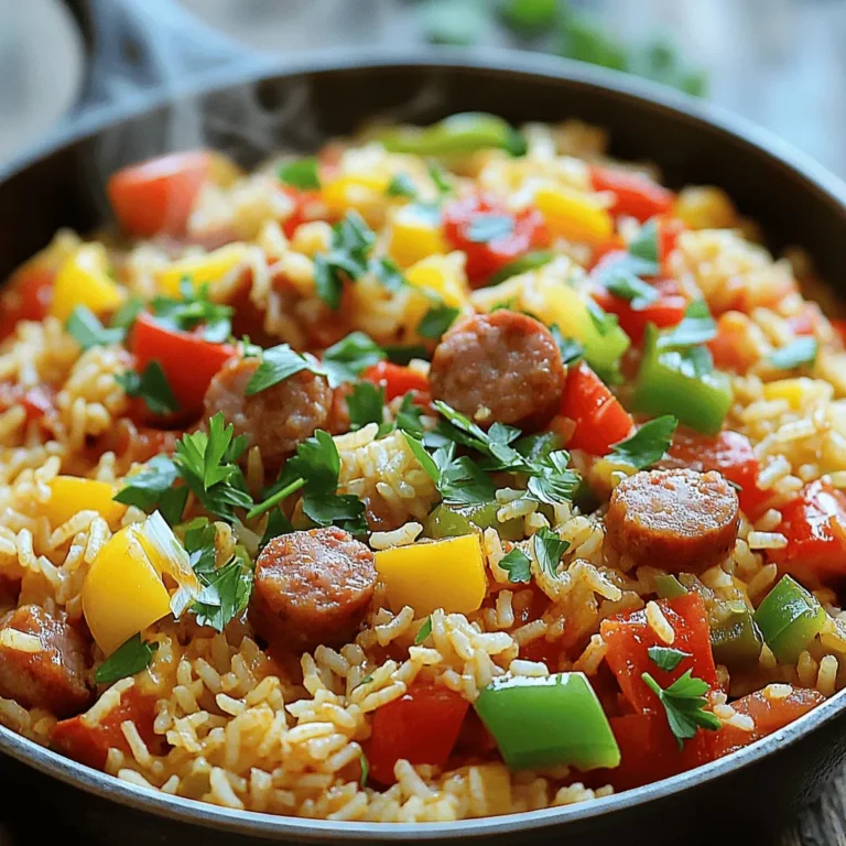 - 1 tablespoon olive oil - 1 medium onion, finely diced - 2 cloves garlic, minced - 1 red bell pepper, diced - 1 green bell pepper, diced - 1 cup smoked sausage (such as Andouille), sliced - 1 cup long-grain rice, rinsed under cold water - 2 cups chicken broth - 1 can (14.5 oz) diced tomatoes with green chilies, undrained - 1 tablespoon Cajun seasoning - 1 teaspoon smoked paprika - 1/2 teaspoon cayenne pepper (optional, for extra spiciness) - Salt and black pepper, to taste - 2 green onions, sliced (for garnish) - Fresh parsley, chopped (for garnish) - Other protein options: You can swap the smoked sausage for chicken or shrimp. - Additional vegetables: Try adding corn or zucchini for extra flavor. - Adjusting spice levels: Add more cayenne for heat or skip it for milder flavor. This mix of ingredients creates a rich and tasty dish. The smoked sausage pairs well with the veggies and spices. You can make this dish your own by switching out proteins or adding your favorite vegetables. The key is to keep the balance of flavors. For a complete guide, check the Full Recipe. 1. Heating the olive oil: Start by pouring one tablespoon of olive oil into a large skillet. Heat it over medium heat until it shimmers. This step helps to create a nice base for the dish. 2. Sautéing onions and garlic: Next, add one medium onion, finely diced. Cook it for about 3-4 minutes. You want the onion to become soft and clear. Then, stir in two minced garlic cloves. Sauté for one minute until it smells great. 3. Incorporating bell peppers: Now, toss in one diced red bell pepper and one diced green bell pepper. Cook them for 4-5 minutes. This makes the veggies tender and adds color to your skillet. 4. Adding the smoked sausage: It's time to add in one cup of sliced smoked sausage, like Andouille. Cook this for about 5 minutes. You want the sausage to brown and heat through. 5. Toasting the rice: Carefully add one cup of rinsed long-grain rice to the skillet. Stir well to mix it with the sausage and veggies. Toast the rice for 2 minutes, stirring often. This step adds a nice flavor. 6. Combining with liquids and seasonings: Pour in two cups of chicken broth and a can of diced tomatoes with green chilies, undrained. Add one tablespoon of Cajun seasoning, one teaspoon of smoked paprika, and half a teaspoon of cayenne pepper if you like it spicy. Season with salt and black pepper to taste. Mix everything well. 7. Simmering the dish: Bring the mix to a gentle simmer. Cover the skillet and let it cook for 20-25 minutes. The rice will soak up all the liquid and get soft. 8. Fluffing rice and garnishing: After cooking, take the skillet off the heat. Let it sit, covered, for 5 more minutes. Use a fork to fluff the rice gently. Before serving, sprinkle some sliced green onions and chopped parsley on top for a fresh look. Check out the Full Recipe for more details! - Importance of rinsing rice: Rinsing rice removes extra starch. This helps keep the rice from getting sticky. You want each grain to be separate and fluffy. - Adjusting liquid ratios: Use 2 cups of liquid for every 1 cup of rice. This ratio helps the rice cook well. If you use brown rice, add more liquid as it needs more time to cook. - Monitoring simmering time: Keep an eye on the pot. Simmer for 20-25 minutes. This gives the rice time to soak up the flavors. - Recommended Cajun seasoning brands: I recommend using Tony Chachere's or Zatarain's. They pack a lot of flavor and spice. - Adding a squeeze of lemon or lime: A squeeze of fresh lemon or lime brightens the dish. It adds a nice zing and balances the spices. - Experimenting with different herbs: Try adding thyme or oregano. These herbs give a fresh taste and boost the flavor. - How to present the dish: Serve the Cajun Rice Skillet right from the pan for a rustic look. You can also plate it for a nicer touch. - Pairing with side dishes or drinks: Pair this dish with a crisp salad or cornbread. For drinks, try sweet tea or a light beer. {{image_4}} You can easily change the protein in Cajun Rice Skillet. If you want to use chicken, just cut it into bite-sized pieces. Sauté the chicken until it’s cooked through, then add the other ingredients as usual. Shrimp is another tasty option. Add the shrimp in the last few minutes of cooking. This way, they stay tender and juicy. For a vegetarian option, you can swap in beans or tofu. Black beans or kidney beans work well. Tofu adds a nice texture. Simply cube the tofu and sauté it until golden. Then, combine it with the veggies and rice. You can switch out white rice for brown rice. Brown rice takes longer to cook, so adjust the liquid and time. Use 2 ½ cups of broth and simmer for about 35-40 minutes. This change adds fiber and a nutty flavor. Seasonal vegetables can make your skillet even better. In summer, try zucchini or corn. In fall, add sweet potatoes or carrots. These swaps keep the dish fresh and fun. Cajun cuisine has many influences. You can mix in flavors from Creole cooking. This adds a touch of richness. For example, you might add a splash of cream or even some shrimp gumbo spices. Adjust the heat to suit your taste. If you like it spicy, add more cayenne pepper. For a milder dish, reduce or skip the heat. Everyone can enjoy Cajun Rice Skillet their own way. For the full recipe, check out the details above. To store Cajun Rice Skillet, cool it quickly. Place it in shallow containers. This helps the dish cool evenly. Use airtight containers for best results. They keep moisture in and air out. If you have leftovers, they freeze well. Allow the dish to cool completely before freezing. Divide it into portions for easy use. Use freezer-safe containers or bags. When you're ready to eat, thaw it in the fridge overnight. Reheat it on the stove or in the microwave until hot. In the fridge, Cajun Rice Skillet lasts about 3-4 days. If you freeze it, it can stay good for up to 2-3 months. Check for spoilage by looking for off smells or changes in color. If it seems off, don’t eat it. Always trust your senses! You can serve Cajun Rice Skillet with various sides. I like to pair it with a fresh green salad. Cornbread also adds a nice touch. You can try some avocado slices or a dollop of sour cream. For drinks, iced tea or a light beer works well. Yes, you can make Cajun Rice Skillet ahead of time. Prepare the dish and let it cool. Store it in an airtight container. It keeps well in the fridge for up to three days. Reheat it on the stove or in the microwave when you are ready to eat. To make Cajun Rice Skillet spicier, add more cayenne pepper. You can also include diced jalapeños or hot sauce. Adjust the amount to match your spice preference. Tasting as you go is key to finding the right heat level. Yes, you can use other types of rice. Brown rice or jasmine rice are great options. Just keep in mind that cooking times will change. You may need to add more liquid and cook longer for brown rice. Cajun cuisine comes from the Acadian people in Louisiana. They were French settlers who adapted to local ingredients. Their dishes often feature rice, seafood, and spices. Cajun food is known for its bold flavors and hearty meals. It celebrates the unique culture and history of Louisiana. This blog post shared a simple, tasty Cajun Rice Skillet recipe. We covered the main ingredients, easy steps to cook, and ways to customize. Remember, you can swap proteins and veggies, or adjust spices to fit your taste. Proper storage and reheating tips ensure you enjoy leftovers safely. In the end, this dish is fun to make and perfect for sharing. Dive into the world of Cajun cooking and enjoy every bite!