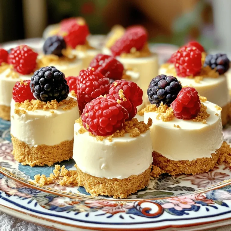 - 1 cup graham cracker crumbs - 4 oz cream cheese, softened - 1/2 cup powdered sugar - 1 teaspoon vanilla extract - 1 cup heavy whipped cream or whipped topping - 1/4 cup fresh mixed berries - Pinch of sea salt To make these tasty no-bake cheesecake bites, start with the right ingredients. You need graham cracker crumbs for the base. Cream cheese gives the bites their rich flavor. Powdered sugar adds sweetness, while vanilla extract enhances the taste. Heavy whipped cream makes the bites light and fluffy. Fresh mixed berries add a pop of color and flavor. A small pinch of sea salt balances the sweetness. - Different flavored extracts (e.g., almond, lemon) - Additional toppings (e.g., chocolate chips, caramel drizzle) - Alternative crust ingredients (e.g., crushed cookies, nuts) You can customize your cheesecake bites. Try different flavored extracts, like almond or lemon, to change the taste. Add toppings like chocolate chips or caramel drizzle for extra sweetness. If you want a different crust, use crushed cookies or nuts instead of graham crackers. The options are endless! For the full recipe, check out the link. - Mix graham cracker crumbs and a pinch of salt in a bowl. - Press this mixture into the bottom of mini molds or muffin tins. - Beat the softened cream cheese until it is smooth. - Add powdered sugar and vanilla, mixing until fluffy. - Gently fold in the whipped cream with a spatula. - Fill the molds with the cheesecake mixture to the top. - Place fresh berries on each bite for color and flavor. You can find the Full Recipe for more detailed steps. Enjoy making these bites! To get a smooth no-bake cheesecake, always start with softened cream cheese. Cold cream cheese makes mixing hard. Let it sit out for about 30 minutes before using. This makes it easier to blend. When mixing, use gentle folding techniques. Fold the whipped cream into the cream cheese mixture slowly. This keeps the texture light and fluffy. Do not be afraid to experiment with flavors. You can mix different berries like strawberries, blueberries, or raspberries. Each berry gives a unique taste. Adding citrus zest, like lemon or lime, can brighten the flavor. A little zest goes a long way and adds a fresh kick. One common mistake is over-mixing the cream cheese. This can make your bites dense and heavy. Mix just until smooth. Another mistake is not allowing enough time to chill. Let your cheesecake bites chill for at least 3-4 hours. This helps them set properly and makes them easier to serve. {{image_4}} You can switch up the flavors for your no-bake cheesecake bites. Here are two fun options: - Chocolate no-bake cheesecake bites: Use chocolate cream cheese instead of regular cream cheese. Add cocoa powder, too. This makes a rich, creamy treat. Top it with chocolate shavings or mini chocolate chips for an extra touch. - Lemon no-bake cheesecake bites: Replace some cream cheese with lemon-flavored cream cheese. Add fresh lemon juice and zest to brighten the taste. This gives a fresh and zesty twist. Top with lemon slices or zest for a cute look. You can easily adapt these bites to fit your diet. - Gluten-free graham cracker alternatives: Look for gluten-free graham crackers or use crushed nuts. Almonds or pecans work well. This keeps the bites tasty for everyone. - Dairy-free cream cheese options: Use plant-based cream cheese to make it dairy-free. There are many good brands available. This way, lactose-intolerant friends can enjoy these bites too. Serving styles can make your bites stand out even more. - No-bake cheesecake cups in jars: Layer the cheesecake mixture and crust in small jars. This looks cute and is easy to serve. Plus, it allows for fun presentation! - Mini cheesecake bites on skewers: Use small skewers to stack the cheesecake bites. It makes them easy to grab at parties. Add berries or chocolate pieces for a fun twist. With these variations, you can create a no-bake cheesecake treat that suits any taste or event. For the full recipe, check out my detailed recipe guide. To keep your no-bake cheesecake bites fresh, store them in the fridge. Use an airtight container. This will prevent them from drying out or absorbing other flavors. Make sure the container fits your bites snugly. You want them to stay upright. If you want to save some for later, freezing is a great option. Wrap each bite in plastic wrap. Then, place them in a freezer-safe bag or container. They can stay frozen for up to three months. When you want to enjoy them again, take them out and let them thaw in the fridge. This will keep their taste and texture. In the fridge, your cheesecake bites last about a week. Keep an eye out for any signs of spoilage. If you notice a change in smell or texture, it’s best to toss them. Always trust your senses. A little caution helps keep your treats safe. For the full recipe, check the link above. No-Bake Cheesecake Bites last about 5 days in the fridge. Store them in an airtight container. This keeps them fresh and tasty. Always check for any signs of spoilage before eating. If they look or smell off, it's best to toss them. Yes, you can make these bites ahead of time. They chill well and taste even better after a day in the fridge. This makes them perfect for parties or gatherings. You can prepare them a day or two in advance to save time. If you don’t have graham cracker crumbs, use crushed cookies or nuts. Digestive biscuits work well too. For a gluten-free option, try almond flour or gluten-free cookies. Each choice adds a unique flavor and crunch to your bites. To make these bites more festive, add colorful toppings. Use sprinkles, chocolate shavings, or edible glitter. You can also serve them with a fruit sauce or drizzle chocolate on top. Arrange them on a decorative platter for a beautiful display. Yes, No-Bake Cheesecake Bites are great for kids! They are fun, tasty, and easy to eat. Just make sure to watch the sugar content if needed. You can also involve kids in the making process for added fun. No-bake cheesecake bites are fun and easy to make. We covered all the basics, from the main ingredients to optional flavor twists. Using fresh berries, you'll create a tasty treat everyone loves. Remember to keep cream cheese softened for a great texture. Explore variations to suit any diet or occasion, and store them right for the best taste. Now, grab your ingredients, and get ready to make something delicious!