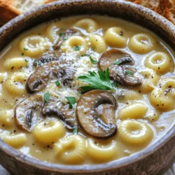 To make creamy mushroom pasta soup, you need a few key ingredients. This soup is rich and comforting. It takes just 30 minutes to prepare. You can easily serve four people with this recipe. Here’s a list of what you need: - 8 ounces of small pasta (like ditalini or elbow) - 2 cups of sliced mushrooms (shiitake, cremini, or button) - 1 medium onion, finely diced - 2 cloves garlic, minced - 4 cups vegetable broth - 1 cup heavy cream (or coconut cream for a dairy-free choice) - 2 tablespoons olive oil - 1 teaspoon dried thyme - 1 teaspoon Italian seasoning - Salt and pepper to taste - Fresh parsley, finely chopped, for garnish These ingredients work together to create a smooth and tasty soup. The pasta adds body, while the mushrooms give depth. Choosing the right mushrooms is key. Shiitake mushrooms add a robust flavor. Cremini mushrooms are earthy and rich. Button mushrooms are mild and easy to find. I suggest using a mix for the best taste. Fresh mushrooms give the best flavor, but dried mushrooms can also work. Just soak them in warm water before using. Start by gathering your ingredients. You will need small pasta, mushrooms, onion, garlic, vegetable broth, cream, olive oil, and spices. Make sure to slice the mushrooms and dice the onion finely. Mince the garlic too. This helps them cook evenly. 1. Heat the olive oil in a large pot on medium heat. Wait until it shimmers. 2. Add the diced onion. Sauté it for about 3-4 minutes until soft. 3. Next, add the minced garlic and sliced mushrooms. Cook for 5-7 minutes. Stir often. The mushrooms will soften and release their moisture. 4. Season the mix with thyme, Italian seasoning, salt, and pepper. Stir to combine. 5. Pour in the vegetable broth. Increase the heat to a rolling boil. 6. Once boiling, add the pasta. Cook according to the package directions until al dente. 7. After cooking the pasta, lower the heat to medium-low. Stir in the heavy cream. Let it simmer for 5-10 minutes. Stir occasionally to thicken the soup. 8. Taste the soup. Adjust seasoning with salt and pepper if needed. Ladle the soup into bowls. Garnish with fresh parsley. This adds color and flavor. For an extra touch, you can sprinkle Parmesan cheese on top. Serve with warm, crusty bread. This completes your creamy mushroom pasta soup delight. For the full recipe, check the detailed instructions above. To get that rich and creamy texture, use heavy cream. If you want a lighter option, try coconut cream. Both will make your soup smooth and tasty. Stir the cream in after cooking the pasta. This helps keep the cream from curdling. If you want an extra creamy feel, blend part of the soup. This makes it thicker and more luxurious. One common mistake is overcooking the pasta. Cook it just until al dente. This way, it will stay firm in the soup. Another mistake is adding the cream too early. Always add it after the pasta cooks. Finally, don’t skip the seasoning! A little salt and pepper go a long way. Taste as you go to make sure the flavors pop. You can boost flavor with herbs and spices. Try adding a pinch of nutmeg or a dash of lemon juice for brightness. Fresh herbs, like thyme or basil, can also add depth. If you like a kick, sprinkle in some red pepper flakes. These simple tweaks make your soup even more delicious. Feel free to experiment and find your perfect mix! For a full recipe, check the [Full Recipe]. {{image_4}} You can easily make this soup dairy-free. Instead of heavy cream, use coconut cream. This gives the soup a rich taste without dairy. Almond milk is another option. It adds a lighter flavor. Just remember to adjust the seasoning to match. Want to add protein? Try cooked chicken or turkey. Shredded meat works great in this soup. If you prefer plant-based protein, add chickpeas or lentils. These ingredients not only boost nutrition but also make the soup more filling. To make this soup vegan, use vegetable broth and coconut cream. Skip the heavy cream for a lighter soup. For added flavor, throw in some nutritional yeast. This gives a cheesy taste without dairy. You can also toss in extra veggies like spinach or kale for a burst of color and nutrients. For the full recipe, check the detailed steps above and enjoy your cooking experience! After you make your creamy mushroom pasta soup, let it cool first. Then, pour it into an airtight container. This helps keep it fresh and tasty. Store the container in the fridge. Your soup should stay good for about 3 to 4 days. When you want to enjoy your leftover soup, heat it gently. Pour the soup into a pot and warm it on low heat. Stir often to help it heat evenly. If the soup looks too thick, add a little water or broth. This keeps it creamy and smooth. If you want to keep the soup longer, freezing is a good option. Pour cooled soup into freezer-safe containers. Leave some space at the top for expansion. Seal the containers tightly. The soup can last for about 2 to 3 months in the freezer. To eat it, thaw it in the fridge overnight. Then, reheat it as explained above. This way, you can enjoy your creamy mushroom pasta soup anytime! For the complete recipe, check out the Full Recipe section. Yes, you can use different pasta types. Small pasta works best, like ditalini or elbow. You can also try shells or penne. Just make sure to adjust the cooking time. Larger pasta may take longer to cook, while smaller pasta will cook faster. Leftover soup will last about three to four days in the fridge. Store it in an airtight container. Make sure it cools down before putting it in the fridge. If you notice any change in smell or color, it's best to throw it away. Yes, you can make this soup ahead of time. Just follow the Full Recipe and store it in the fridge. You can also freeze it for up to three months. When you're ready to eat, thaw it in the fridge overnight before reheating. This soup tastes even better the next day as the flavors blend. In this article, we explored how to make creamy mushroom pasta soup. We covered essential ingredients, the cooking steps, and tips for a smooth texture. I shared tasty variations and storage advice to keep your soup fresh. Finally, we addressed common questions to help you feel confident in the kitchen. Now, you can create a delicious soup that warms the heart. Enjoy the cooking process and make it your own!