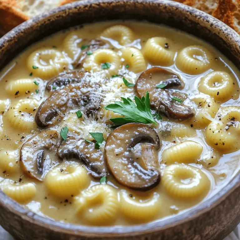 To make creamy mushroom pasta soup, you need a few key ingredients. This soup is rich and comforting. It takes just 30 minutes to prepare. You can easily serve four people with this recipe. Here’s a list of what you need: - 8 ounces of small pasta (like ditalini or elbow) - 2 cups of sliced mushrooms (shiitake, cremini, or button) - 1 medium onion, finely diced - 2 cloves garlic, minced - 4 cups vegetable broth - 1 cup heavy cream (or coconut cream for a dairy-free choice) - 2 tablespoons olive oil - 1 teaspoon dried thyme - 1 teaspoon Italian seasoning - Salt and pepper to taste - Fresh parsley, finely chopped, for garnish These ingredients work together to create a smooth and tasty soup. The pasta adds body, while the mushrooms give depth. Choosing the right mushrooms is key. Shiitake mushrooms add a robust flavor. Cremini mushrooms are earthy and rich. Button mushrooms are mild and easy to find. I suggest using a mix for the best taste. Fresh mushrooms give the best flavor, but dried mushrooms can also work. Just soak them in warm water before using. Start by gathering your ingredients. You will need small pasta, mushrooms, onion, garlic, vegetable broth, cream, olive oil, and spices. Make sure to slice the mushrooms and dice the onion finely. Mince the garlic too. This helps them cook evenly. 1. Heat the olive oil in a large pot on medium heat. Wait until it shimmers. 2. Add the diced onion. Sauté it for about 3-4 minutes until soft. 3. Next, add the minced garlic and sliced mushrooms. Cook for 5-7 minutes. Stir often. The mushrooms will soften and release their moisture. 4. Season the mix with thyme, Italian seasoning, salt, and pepper. Stir to combine. 5. Pour in the vegetable broth. Increase the heat to a rolling boil. 6. Once boiling, add the pasta. Cook according to the package directions until al dente. 7. After cooking the pasta, lower the heat to medium-low. Stir in the heavy cream. Let it simmer for 5-10 minutes. Stir occasionally to thicken the soup. 8. Taste the soup. Adjust seasoning with salt and pepper if needed. Ladle the soup into bowls. Garnish with fresh parsley. This adds color and flavor. For an extra touch, you can sprinkle Parmesan cheese on top. Serve with warm, crusty bread. This completes your creamy mushroom pasta soup delight. For the full recipe, check the detailed instructions above. To get that rich and creamy texture, use heavy cream. If you want a lighter option, try coconut cream. Both will make your soup smooth and tasty. Stir the cream in after cooking the pasta. This helps keep the cream from curdling. If you want an extra creamy feel, blend part of the soup. This makes it thicker and more luxurious. One common mistake is overcooking the pasta. Cook it just until al dente. This way, it will stay firm in the soup. Another mistake is adding the cream too early. Always add it after the pasta cooks. Finally, don’t skip the seasoning! A little salt and pepper go a long way. Taste as you go to make sure the flavors pop. You can boost flavor with herbs and spices. Try adding a pinch of nutmeg or a dash of lemon juice for brightness. Fresh herbs, like thyme or basil, can also add depth. If you like a kick, sprinkle in some red pepper flakes. These simple tweaks make your soup even more delicious. Feel free to experiment and find your perfect mix! For a full recipe, check the [Full Recipe]. {{image_4}} You can easily make this soup dairy-free. Instead of heavy cream, use coconut cream. This gives the soup a rich taste without dairy. Almond milk is another option. It adds a lighter flavor. Just remember to adjust the seasoning to match. Want to add protein? Try cooked chicken or turkey. Shredded meat works great in this soup. If you prefer plant-based protein, add chickpeas or lentils. These ingredients not only boost nutrition but also make the soup more filling. To make this soup vegan, use vegetable broth and coconut cream. Skip the heavy cream for a lighter soup. For added flavor, throw in some nutritional yeast. This gives a cheesy taste without dairy. You can also toss in extra veggies like spinach or kale for a burst of color and nutrients. For the full recipe, check the detailed steps above and enjoy your cooking experience! After you make your creamy mushroom pasta soup, let it cool first. Then, pour it into an airtight container. This helps keep it fresh and tasty. Store the container in the fridge. Your soup should stay good for about 3 to 4 days. When you want to enjoy your leftover soup, heat it gently. Pour the soup into a pot and warm it on low heat. Stir often to help it heat evenly. If the soup looks too thick, add a little water or broth. This keeps it creamy and smooth. If you want to keep the soup longer, freezing is a good option. Pour cooled soup into freezer-safe containers. Leave some space at the top for expansion. Seal the containers tightly. The soup can last for about 2 to 3 months in the freezer. To eat it, thaw it in the fridge overnight. Then, reheat it as explained above. This way, you can enjoy your creamy mushroom pasta soup anytime! For the complete recipe, check out the Full Recipe section. Yes, you can use different pasta types. Small pasta works best, like ditalini or elbow. You can also try shells or penne. Just make sure to adjust the cooking time. Larger pasta may take longer to cook, while smaller pasta will cook faster. Leftover soup will last about three to four days in the fridge. Store it in an airtight container. Make sure it cools down before putting it in the fridge. If you notice any change in smell or color, it's best to throw it away. Yes, you can make this soup ahead of time. Just follow the Full Recipe and store it in the fridge. You can also freeze it for up to three months. When you're ready to eat, thaw it in the fridge overnight before reheating. This soup tastes even better the next day as the flavors blend. In this article, we explored how to make creamy mushroom pasta soup. We covered essential ingredients, the cooking steps, and tips for a smooth texture. I shared tasty variations and storage advice to keep your soup fresh. Finally, we addressed common questions to help you feel confident in the kitchen. Now, you can create a delicious soup that warms the heart. Enjoy the cooking process and make it your own!