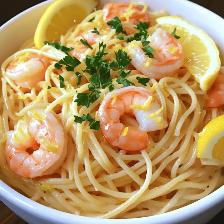 - 8 oz spaghetti - 1 lb large shrimp, peeled and deveined - 1 lemon, zested and juiced - 1/4 cup olive oil - 1/4 cup heavy cream - 3 cloves garlic, minced - 1/2 teaspoon red pepper flakes These ingredients create a bright and tasty dish. The fresh shrimp adds protein and flavor. The lemon zest and juice bring a fresh, zesty kick. Olive oil adds richness, while heavy cream creates a smooth sauce. Garlic boosts the flavor, and red pepper flakes add warmth. - Fresh parsley - Grated Parmesan cheese - Salt and pepper Adding fresh parsley makes the dish look beautiful. Grated Parmesan cheese adds a salty touch and depth. Don’t forget salt and pepper to enhance all the flavors. - Garlic bread - Arugula salad - Roasted vegetables Garlic bread pairs well with the meal, giving a nice crunch. An arugula salad adds freshness and lightness. Roasted veggies are a great way to add color and nutrients. These sides make your meal even better. For the full recipe, check out the detailed steps above. 1. Start by bringing a large pot of salted water to a rolling boil. 2. Add the spaghetti to the pot. Cook it according to the package instructions until it’s al dente. 3. Before draining, reserve about 1/2 cup of the pasta cooking water. Drain the spaghetti and set it aside. 1. In a large skillet, heat the olive oil over medium heat. 2. Once the oil is hot, add minced garlic and red pepper flakes. Sauté for 1-2 minutes until the garlic smells good but does not brown. 3. Add the cleaned shrimp to the skillet. Season them with salt and pepper. Cook for about 2-3 minutes on each side until they turn pink and opaque. 1. Pour in the lemon juice and add the reserved lemon zest. Stir well to combine. 2. Mix in the heavy cream. Let the sauce simmer gently for 2-3 minutes until it thickens slightly. 3. Add the drained spaghetti to the skillet, tossing well to coat the pasta in the sauce. If it feels too dry, add reserved pasta water a little at a time until you like the texture. Enjoy the fresh flavors of this dish. For a full recipe, check the section above. To cook shrimp perfectly, look for a pink color. They should be opaque all the way through. Start with a hot skillet and add shrimp in a single layer. This ensures they cook evenly. Timing is key; cook them for about 2-3 minutes on each side. For timing the spaghetti and sauce, cook the pasta to al dente. This means it should still have a slight bite. Begin cooking the spaghetti when you start the sauce. This way, both will finish at the same time. You can add veggies to make this dish even better. Spinach wilts nicely into the sauce. Cherry tomatoes add a sweet burst of flavor. Toss them in when you add the shrimp, and let them cook briefly. If you like spice, adjust the red pepper flakes. You can add more for heat or leave them out for a milder taste. This makes the dish fit your spice level perfectly. For a richer taste, use homemade stock instead of water. This gives your pasta an extra layer of flavor. Simply replace the water with stock when boiling the spaghetti. Adding a splash of white wine can also boost the flavor. Pour it in after cooking the shrimp. Let it reduce slightly before adding lemon juice and cream. This step adds depth to your sauce and makes it unforgettable. For the full recipe, check out the [Full Recipe]. {{image_4}} You can swap shrimp for chicken or scallops. Chicken gives a hearty feel, while scallops add a touch of elegance. For a vegan twist, use tofu or tempeh. These options still create a tasty dish with lemon's bright flavor. Adding fresh herbs can uplift your meal. Basil or thyme works well. You can also experiment with different citrus. Lime adds a zesty kick, making the dish even more exciting. To make this dish gluten-free, choose gluten-free pasta. Many brands offer great options that taste fantastic. If you want a dairy-free version, replace heavy cream with coconut cream or a nut-based alternative. These swaps keep the creamy texture without dairy. For the full recipe, check out the Lemon Zest Shrimp Spaghetti . To keep your Lemon Spaghetti with Shrimp fresh, store leftovers in an airtight container. Make sure to cool your dish to room temperature before sealing it. This helps to avoid steam buildup inside the container, which can lead to sogginess. When you’re ready to eat, reheat in a skillet over low heat. Add a splash of olive oil or a bit of reserved pasta water to help restore texture. You can freeze this dish, but it’s best to do so before adding the heavy cream. For freezing, place the cooked spaghetti and shrimp in a freezer-safe container. Allow it to cool completely before sealing. When you want to enjoy it, thaw it overnight in the fridge. To reheat, warm in a skillet and add fresh lemon juice and cream to brighten the flavors. In the fridge, your Lemon Spaghetti with Shrimp will last about 3 days. Look for signs of spoilage, like off smells or changes in color. If the shrimp appears slimy or the pasta looks dry and hard, it’s time to toss it. Enjoy your meal while it’s fresh for the best flavor and quality! To cook shrimp well, heat olive oil in a skillet. When hot, add shrimp. Cook them for 2-3 minutes on each side. Watch for them to turn pink and opaque. This means they are done. Avoid cooking them too long. Overcooked shrimp can become rubbery. You want them tender and juicy. Yes, you can prepare some parts ahead. Cook the spaghetti and store it in the fridge. Cook the shrimp and sauce, then keep them separate. When ready to eat, combine everything. Reheat gently on the stove. Add a splash of water if it feels dry. For best taste, eat it fresh, but it stores well. Lemon Spaghetti with Shrimp pairs well with many sides. Here are some ideas: - Garlic bread for a crunchy bite. - A fresh arugula salad for bright flavors. - Roasted vegetables for a warm touch. These sides enhance the meal and make it even better! For the full recipe, check out the detailed section above. In this blog post, we explored how to make Lemon Spaghetti with Shrimp. We covered key ingredients like spaghetti, shrimp, and lemon juice. I shared easy, step-by-step cooking instructions and tips to enhance your dish. You can customize flavors and adapt for diets. Remember, store leftovers properly to keep them fresh. Enjoy this light and zesty meal with your favorite sides. Cooking can be fun, and I hope you try this recipe soon!