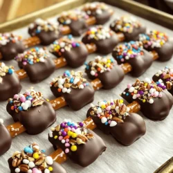 To make chocolate dipped pretzel rods, you will need a few simple items. Here’s the list of required ingredients: - Pretzel Rods - Semi-Sweet Chocolate Chips - Optional Coconut Oil for Glossy Finish - Assorted Toppings Ideas (crushed nuts, sprinkles, sea salt, mini marshmallows) These ingredients create a tasty treat that is both fun and easy to make. The pretzel rods give a nice crunch, while the chocolate adds a sweet touch. You can customize your rods with your favorite toppings. Each topping adds a unique flavor and texture. If you want a shiny finish, you can add coconut oil to the chocolate. This step is optional but worth it if you want a glossy look. You can be creative with your toppings. Think of colorful sprinkles for a party or sea salt for a sweet and salty mix. The combination of these ingredients will make your chocolate dipped pretzel rods a hit with everyone. For the full recipe, check out the detailed steps in the next section. Start by lining a large baking sheet with parchment paper. This step makes cleanup easy. The paper will catch any chocolate drips. You won't want to miss this step. It saves you time and effort later. In a microwave-safe bowl, combine the semi-sweet chocolate chips and optional coconut oil. The coconut oil gives a glossy finish. Heat the mixture in the microwave on high power. Use 30-second intervals to avoid overheating. Stir the chocolate after each interval. This ensures smooth melting. Keep a close eye on it. If overheated, the chocolate can seize up and become grainy. Take a pretzel rod and dip it into the melted chocolate. Aim to coat half the rod for the best flavor. Gently tap the rod against the bowl to remove excess chocolate. This prevents thick clumps from forming. Place the coated pretzel on the baking sheet, giving it space. While the chocolate is still wet, sprinkle your toppings. This helps them stick better. Continue this process for all pretzel rods. You can mix and match toppings for fun flavors. Once done, chill the baking sheet in the fridge. Wait about 30 minutes for the chocolate to set. Enjoy your tasty treats right away or store them for later! For the full recipe, check out the recipe section. To get a smooth chocolate coat on your pretzel rods, start by melting the chocolate correctly. Here are some best practices: - Use a microwave-safe bowl for melting. - Mix in one tablespoon of coconut oil. This gives a nice shine. - Heat in 30-second bursts. This prevents overheating. - Stir after each burst. This helps achieve a silky texture. - Stop when it’s fully melted. Don't let it seize or burn. Toppings can make your chocolate dipped pretzel rods even better. Here are some fun recommendations: - Crushed nuts add crunch and flavor. - Colorful sprinkles make them bright and festive. - Flaky sea salt enhances the sweetness of chocolate. - Mini marshmallows give a chewy texture and fun look. Mix and match these toppings for your own twist. Serving your pretzel rods well makes a big impact. Try these creative ideas: - Place them in a decorative jar for a fun display. - Use small cups with colorful tissue paper to line them. - Drizzle extra melted chocolate on top for flair. - Arrange them in a fun shape on a platter. These ideas will make your treats look as good as they taste. Check out the Full Recipe for more tips! {{image_4}} You can try many types of chocolate for your pretzel rods. While semi-sweet chocolate is a classic choice, you can mix it up. White chocolate offers a sweet, creamy flavor. It contrasts well with salty pretzels. Dark chocolate gives a rich taste. It’s perfect for those who enjoy a bold flavor. You can also combine chocolates. Dip half in dark and half in white for a fun look! The toppings you choose can make your pretzel rods unique. You can use crushed nuts for a crunchy texture. Almonds, peanuts, or pistachios all work great. Colorful sprinkles add a fun pop of color. They make your treats festive. Flaky sea salt enhances the chocolate flavor. Mini marshmallows can create a fun, sweet treat. Feel free to mix and match to find your favorite combinations! You can change your pretzel rods for any holiday! For Halloween, use orange and black sprinkles. Christmas can include red and green toppings or crushed candy canes. Easter is perfect for pastel-colored sprinkles. You can even dip in colored chocolate for a fun twist. These seasonal variations make your treats special for any occasion! Try out these ideas to elevate your chocolate dipped pretzel rods. Check out the Full Recipe to get started! Store your chocolate dipped pretzel rods in an airtight container. Keep them at room temperature. Place parchment paper between layers to avoid sticking. This method helps them stay fresh and crunchy. Avoid exposing them to heat or moisture. Chocolate dipped pretzel rods last about one to two weeks. They taste best when fresh, but they can still be good after a week. Check for any changes in texture or taste before eating. You can freeze chocolate dipped pretzel rods. Wrap them tightly in plastic wrap. Then, place them in a freezer bag. They can stay fresh for up to three months. To enjoy, thaw them in the fridge overnight. Avoid refreezing them, as this can affect texture. For the full recipe, check out the details above. It takes about 30 minutes for chocolate dipped pretzels to set in the fridge. This allows the chocolate to harden and form a nice shell. If you want to speed things up, you can place them in the freezer for about 10 to 15 minutes. Just keep an eye on them to avoid freezing. Yes, you can use other types of pretzels. For a fun twist, try using regular pretzels or even pretzel crisps. Each type gives a different crunch and flavor. Experiment with your favorites to find the perfect match for the chocolate. The best way to melt chocolate without a microwave is to use a double boiler. Fill a pot with a few inches of water and place a heat-safe bowl on top. Make sure the bowl doesn’t touch the water. Heat the water on low and stir the chocolate as it melts. This method gives you smooth chocolate without burning it. You can buy chocolate dipped pretzel rods at many stores. Check local candy shops, bakeries, or specialty stores. Online retailers also offer a wide range of options. If you want something unique, consider making them yourself using the full recipe. Yes, you can make these gluten-free. Just choose gluten-free pretzel rods instead of regular ones. Many brands offer gluten-free options, so you can enjoy this tasty treat without worry. You now have all the steps to make tasty chocolate-dipped pretzel rods. We covered the needed ingredients, step-by-step instructions, and all the tips to make them great. Remember to have fun with toppings and flavors. You can store these treats well and enjoy them later. Experiment with different chocolates and toppings for unique tastes. Your imagination is the limit. Now, go and create your delicious pretzel rods!