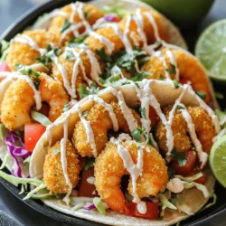 - 1 pound shrimp, peeled and deveined - 1 cup panko breadcrumbs - 1/2 cup all-purpose flour - 1 large egg, beaten - 1 teaspoon garlic powder - 1 teaspoon smoked paprika - Salt and pepper, to taste - 1 tablespoon olive oil (plus more for spritzing) - 8 small corn or flour tortillas - 1 cup finely shredded cabbage - 1/2 cup diced tomatoes - Fresh cilantro leaves, for garnish - Lime wedges, for serving The main ingredients are crucial for flavor. The shrimp gives a nice, sweet taste. Panko breadcrumbs make the shrimp crispy. The flour and egg help the coating stick well. The seasoning adds depth. Garlic powder gives a savory punch. Smoked paprika adds a hint of smokiness. Salt and pepper balance the flavors. Olive oil helps achieve a golden color when air frying. For the tacos, the tortillas serve as a soft base. Cabbage adds crunch and freshness. Diced tomatoes bring a burst of juiciness. Fresh cilantro adds a nice herbal note. Lime wedges give a zesty kick to each bite. This recipe combines all these elements for a delicious meal. For the full recipe, check out the details on preparing these flavorful tacos. Start by tossing the peeled and deveined shrimp in a bowl. Add garlic powder, smoked paprika, salt, and pepper. Mix well so every shrimp is coated. This step adds great flavor to your shrimp. Get three shallow bowls ready. In the first bowl, add all-purpose flour. In the second, place a beaten egg. In the third, mix panko breadcrumbs with a pinch of salt and pepper. This setup makes coating the shrimp easy and quick. Take a shrimp and dip it in the flour first. Make sure it is fully coated. Next, dip it into the beaten egg, letting excess egg drip off. Finally, roll the shrimp in the panko breadcrumbs. Press gently to help the coating stick well. Preheat your air fryer to 400°F (200°C). Lightly spray the basket with cooking spray. Place the breaded shrimp in a single layer, leaving space between them. Spritz the tops with olive oil to help them crisp up. Air fry for 8-10 minutes or until they are golden brown. Shake the basket halfway through to cook evenly. While the shrimp cooks, you can make the Bang Bang sauce. In a small mixing bowl, combine mayonnaise, sweet chili sauce, and sriracha. Whisk until everything is smooth and well blended. Adjust the sriracha to your heat preference. Warm the tortillas in a skillet or microwave. On each tortilla, add a handful of shredded cabbage. Then, place 2-3 crispy shrimp on top. Drizzle your homemade Bang Bang sauce over the shrimp. Finally, add diced tomatoes and fresh cilantro for flavor. For the full recipe, check out the earlier section. Enjoy your tasty Air Fryer Bang Bang Shrimp Tacos! To make your shrimp extra crispy, use cooking spray. Spray the air fryer basket lightly before adding the shrimp. This helps them crisp evenly. Don’t skip this step! It makes a big difference in texture. Want more heat? Adjust the sriracha in the Bang Bang sauce. Start with one tablespoon. Taste it, then add more if you like it spicier. This lets you control the heat level to suit your taste buds. Always use fresh shrimp for the best flavor. Check the shrimp’s smell. It should be mild and ocean-like, not fishy. Fresh shrimp makes your tacos taste way better. If you can, get shrimp from a trusted source or local market. This small step makes a huge difference in your dish. For the full recipe, check out the complete details on making these tasty tacos! {{image_4}} You can swap shrimp for chicken or tofu. Chicken adds a hearty touch, while tofu offers a great plant-based option. Both work well with the same spices and breading. Just remember to adjust cooking times. Chicken needs more time, while tofu cooks fast. If you're not a fan of Bang Bang sauce, try ranch or a yogurt-based sauce. Ranch gives a cool flavor that pairs nicely with the shrimp. A yogurt-based sauce adds creaminess and tang. Feel free to mix and match until you find your favorite. Enhance your tacos with toppings like avocado, jalapeños, or mango slices. Avocado adds creaminess that balances the crispy shrimp. Jalapeños bring heat for those who like spice. Mango offers sweetness that brightens the dish. Each topping adds its own flair, so don't be shy to experiment! To keep your Air Fryer Bang Bang shrimp tacos fresh, store the shrimp and tacos separately. This helps the shrimp stay crispy and the tortillas from getting soggy. Place the shrimp and tortillas in airtight containers. You can keep them in the fridge for up to 2 days. This way, you can enjoy your tasty tacos later without losing flavor. When it’s time to enjoy the leftovers, reheat the shrimp in the air fryer. This method helps keep the shrimp crispy. Set the air fryer to 350°F (175°C) and heat for about 5 minutes. Enjoy your meal again with that great crunch! Lightly spray the basket with oil before adding shrimp. This simple step helps prevent sticking and makes cleanup easier. You want your shrimp to be crispy, not stuck to the basket. A quick spritz of oil ensures they cook evenly and release nicely. Yes, freeze after breading and before air frying. This method helps you enjoy the tacos whenever you want. Just make sure to place them in a single layer on a tray until they freeze solid. Then, transfer them to a freezer bag for later use. When you're ready, you can cook them straight from frozen, adding a couple of minutes to the cook time. Serve with rice, beans, or a crisp salad. These sides complement the flavors of the tacos perfectly. You can also add a refreshing drink or dessert to round out your meal. Think about pairing with a light slaw or some guacamole for extra fun! For the full recipe, check out the detailed instructions provided above. Bang Bang Shrimp Tacos are easy and fun to make. You learned about the key ingredients, step-by-step instructions, and helpful tips. Each part of this dish adds flavor and crunch. You can also swap out ingredients or change the sauce to fit your taste. Keep the shrimp separate from the tacos when storing leftovers. Feel free to experiment and enjoy this tasty meal!