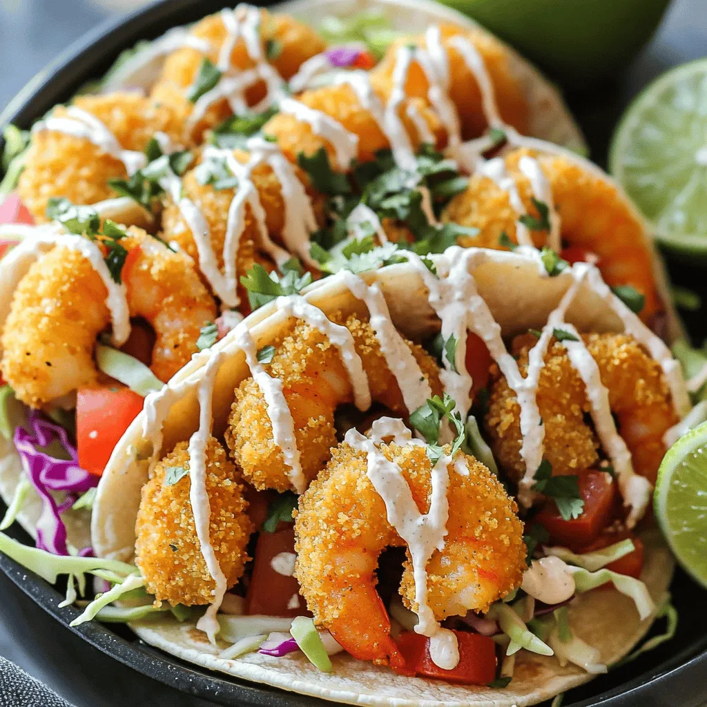 - 1 pound shrimp, peeled and deveined - 1 cup panko breadcrumbs - 1/2 cup all-purpose flour - 1 large egg, beaten - 1 teaspoon garlic powder - 1 teaspoon smoked paprika - Salt and pepper, to taste - 1 tablespoon olive oil (plus more for spritzing) - 8 small corn or flour tortillas - 1 cup finely shredded cabbage - 1/2 cup diced tomatoes - Fresh cilantro leaves, for garnish - Lime wedges, for serving The main ingredients are crucial for flavor. The shrimp gives a nice, sweet taste. Panko breadcrumbs make the shrimp crispy. The flour and egg help the coating stick well. The seasoning adds depth. Garlic powder gives a savory punch. Smoked paprika adds a hint of smokiness. Salt and pepper balance the flavors. Olive oil helps achieve a golden color when air frying. For the tacos, the tortillas serve as a soft base. Cabbage adds crunch and freshness. Diced tomatoes bring a burst of juiciness. Fresh cilantro adds a nice herbal note. Lime wedges give a zesty kick to each bite. This recipe combines all these elements for a delicious meal. For the full recipe, check out the details on preparing these flavorful tacos. Start by tossing the peeled and deveined shrimp in a bowl. Add garlic powder, smoked paprika, salt, and pepper. Mix well so every shrimp is coated. This step adds great flavor to your shrimp. Get three shallow bowls ready. In the first bowl, add all-purpose flour. In the second, place a beaten egg. In the third, mix panko breadcrumbs with a pinch of salt and pepper. This setup makes coating the shrimp easy and quick. Take a shrimp and dip it in the flour first. Make sure it is fully coated. Next, dip it into the beaten egg, letting excess egg drip off. Finally, roll the shrimp in the panko breadcrumbs. Press gently to help the coating stick well. Preheat your air fryer to 400°F (200°C). Lightly spray the basket with cooking spray. Place the breaded shrimp in a single layer, leaving space between them. Spritz the tops with olive oil to help them crisp up. Air fry for 8-10 minutes or until they are golden brown. Shake the basket halfway through to cook evenly. While the shrimp cooks, you can make the Bang Bang sauce. In a small mixing bowl, combine mayonnaise, sweet chili sauce, and sriracha. Whisk until everything is smooth and well blended. Adjust the sriracha to your heat preference. Warm the tortillas in a skillet or microwave. On each tortilla, add a handful of shredded cabbage. Then, place 2-3 crispy shrimp on top. Drizzle your homemade Bang Bang sauce over the shrimp. Finally, add diced tomatoes and fresh cilantro for flavor. For the full recipe, check out the earlier section. Enjoy your tasty Air Fryer Bang Bang Shrimp Tacos! To make your shrimp extra crispy, use cooking spray. Spray the air fryer basket lightly before adding the shrimp. This helps them crisp evenly. Don’t skip this step! It makes a big difference in texture. Want more heat? Adjust the sriracha in the Bang Bang sauce. Start with one tablespoon. Taste it, then add more if you like it spicier. This lets you control the heat level to suit your taste buds. Always use fresh shrimp for the best flavor. Check the shrimp’s smell. It should be mild and ocean-like, not fishy. Fresh shrimp makes your tacos taste way better. If you can, get shrimp from a trusted source or local market. This small step makes a huge difference in your dish. For the full recipe, check out the complete details on making these tasty tacos! {{image_4}} You can swap shrimp for chicken or tofu. Chicken adds a hearty touch, while tofu offers a great plant-based option. Both work well with the same spices and breading. Just remember to adjust cooking times. Chicken needs more time, while tofu cooks fast. If you're not a fan of Bang Bang sauce, try ranch or a yogurt-based sauce. Ranch gives a cool flavor that pairs nicely with the shrimp. A yogurt-based sauce adds creaminess and tang. Feel free to mix and match until you find your favorite. Enhance your tacos with toppings like avocado, jalapeños, or mango slices. Avocado adds creaminess that balances the crispy shrimp. Jalapeños bring heat for those who like spice. Mango offers sweetness that brightens the dish. Each topping adds its own flair, so don't be shy to experiment! To keep your Air Fryer Bang Bang shrimp tacos fresh, store the shrimp and tacos separately. This helps the shrimp stay crispy and the tortillas from getting soggy. Place the shrimp and tortillas in airtight containers. You can keep them in the fridge for up to 2 days. This way, you can enjoy your tasty tacos later without losing flavor. When it’s time to enjoy the leftovers, reheat the shrimp in the air fryer. This method helps keep the shrimp crispy. Set the air fryer to 350°F (175°C) and heat for about 5 minutes. Enjoy your meal again with that great crunch! Lightly spray the basket with oil before adding shrimp. This simple step helps prevent sticking and makes cleanup easier. You want your shrimp to be crispy, not stuck to the basket. A quick spritz of oil ensures they cook evenly and release nicely. Yes, freeze after breading and before air frying. This method helps you enjoy the tacos whenever you want. Just make sure to place them in a single layer on a tray until they freeze solid. Then, transfer them to a freezer bag for later use. When you're ready, you can cook them straight from frozen, adding a couple of minutes to the cook time. Serve with rice, beans, or a crisp salad. These sides complement the flavors of the tacos perfectly. You can also add a refreshing drink or dessert to round out your meal. Think about pairing with a light slaw or some guacamole for extra fun! For the full recipe, check out the detailed instructions provided above. Bang Bang Shrimp Tacos are easy and fun to make. You learned about the key ingredients, step-by-step instructions, and helpful tips. Each part of this dish adds flavor and crunch. You can also swap out ingredients or change the sauce to fit your taste. Keep the shrimp separate from the tacos when storing leftovers. Feel free to experiment and enjoy this tasty meal!