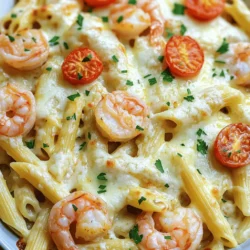 Let’s dive into the essential ingredients for this delicious Shrimp Scampi Pasta Bake. Each one plays a key role in making this dish flavorful and fun to eat. Here’s what you need: - 8 oz penne pasta - 1 lb large shrimp, peeled and deveined - 4 tablespoons unsalted butter - 4 cloves garlic, minced - 1 teaspoon red pepper flakes - 1 lemon, juiced and zested - 1 cup heavy cream - 1 cup grated Parmesan cheese (divided) - 1 cup shredded mozzarella cheese (divided) - 1 cup cherry tomatoes, halved - 1/4 cup fresh parsley, chopped - Salt and pepper to taste Each ingredient adds its own magic. The penne pasta serves as a sturdy base. The shrimp brings a sweet, ocean flavor. Garlic and red pepper flakes add a nice kick. Lemon juice brightens the dish, making it lively and fresh. The creamy sauce binds everything together, with cheeses giving a rich, cheesy finish. I recommend using large shrimp for a satisfying bite. Fresh parsley gives a pop of color and flavor too. For a complete experience, check out the Full Recipe for precise measurements and cooking tips! 1. Preheating the oven: Start by preheating your oven to 375°F (190°C). This makes sure it’s hot and ready for baking. 2. Cooking the pasta: Boil a large pot of salted water. Add the penne pasta and cook until it is al dente. Drain the pasta and set it in a large mixing bowl. 3. Preparing the shrimp and sauce: In a large skillet, melt the butter over medium heat. Add minced garlic and red pepper flakes. Sauté for 1-2 minutes until the garlic smells good. 4. Combining the ingredients for baking: After cooking the shrimp, combine it with the pasta, sauce, and tomatoes in your bowl. Mix everything well to coat the pasta. 1. Sautéing garlic and shrimp: Once the garlic is fragrant, add the shrimp to the skillet. Cook for 3-4 minutes until the shrimp turns pink and opaque. Season with salt and pepper. 2. Combining pasta with sauce mixture: Remove the skillet from heat. Stir in lemon juice, zest, and heavy cream. Add half the grated Parmesan cheese and stir until creamy. Pour this mixture over the pasta and gently toss everything together. 1. Transferring to baking dish: Lightly grease a 9x13 inch baking dish. Pour the pasta mixture into it and spread evenly. Top with the rest of the mozzarella and Parmesan cheese. 2. Baking time and temperature: Place the dish in the oven and bake for 20-25 minutes. Look for melted cheese and a golden brown edge. 3. Garnishing before serving: After baking, let it cool for a few minutes. Garnish with fresh parsley. A lemon wedge on the side adds a nice touch. To boost the taste of your Shrimp Scampi Pasta Bake, add some fresh herbs. Fresh basil or thyme can make a big difference. You can also sprinkle in some capers for a salty kick. If you like it hot, increase the red pepper flakes. Always taste as you go. Adjusting spice levels will help you find the perfect heat for your dish. Cooking shrimp perfectly is key. Make sure your pan is hot. This helps the shrimp cook quickly and evenly. Cook shrimp until they turn pink. This usually takes about 3-4 minutes. Do not overcook them! They can become tough. For pasta, cook it al dente. This means the pasta should still have a slight bite. Follow the package instructions but check it a minute early. Drain the pasta well to avoid sogginess in your bake. For serving, dish the pasta bake straight from the oven. This keeps it warm and inviting. To make it look fancy, add a sprig of fresh parsley on each plate. A lemon wedge can add a nice touch and fresh flavor. Pair your pasta bake with a light salad or garlic bread. A simple mixed green salad works well. It balances the richness of the dish. Enjoy your meal! {{image_4}} You can switch up the pasta for a gluten-free option. Look for gluten-free penne or rotini. These options work well and taste great! You can also try different cheeses. Instead of Parmesan, use Pecorino Romano for a sharper taste. Feta cheese can add a nice tang too. To make this dish dairy-free, substitute heavy cream with coconut cream. This keeps the dish rich while being kind to your tummy. For a low-carb version, swap the pasta for zucchini noodles or spaghetti squash. This cuts carbs while keeping it delicious. Adding vegetables boosts the nutrition and flavor. Spinach, bell peppers, or asparagus work well. You can also use different seafood, like scallops or crab. If you want a different protein, try chicken or tofu. These tweaks keep the recipe fresh and exciting. For more tips and ideas, check the Full Recipe! To store your Shrimp Scampi Pasta Bake, let it cool first. Place leftovers in an airtight container. You can keep it in the fridge for up to three days. When it’s time to reheat, preheat your oven to 350°F (175°C). Cover the dish with foil to keep it moist. Bake for about 15-20 minutes until warmed through. You can also use a microwave. Heat in short bursts, stirring in between to avoid hot spots. You can freeze your pasta bake before or after baking. If you freeze it before, prepare it as normal but skip the baking. Wrap it tightly in plastic wrap and foil. You can freeze it for up to three months. To freeze after baking, let it cool completely, then wrap it well. For thawing, place the frozen dish in the fridge overnight. This keeps it safe and helps maintain texture. Reheat it in the oven at 350°F (175°C) for about 30-40 minutes. Cover with foil to prevent drying out. Enjoy your delicious meal even after a freeze! For the Full Recipe, check earlier in the article. How do I know when the shrimp is fully cooked? The shrimp turns pink and opaque when cooked. It usually takes 3-4 minutes in the pan. If the shrimp curls tightly, it may be overcooked. For perfect shrimp, watch them closely. Can I prepare the Shrimp Scampi Pasta Bake ahead of time? Yes, you can prep it a day ahead. Just store the uncooked dish in the fridge. When ready, bake it directly from the fridge. You may need to add a few extra minutes to the baking time. How many servings does this recipe make? This Shrimp Scampi Pasta Bake serves about six people. It's ideal for a family meal or small gathering. If you have a larger group, consider making two dishes. How to scale the recipe for larger gatherings? To scale up, simply double the ingredients. Use a larger baking dish to fit everything. Adjust the baking time slightly if needed. What kind of shrimp works best for this recipe? Large shrimp is best because they hold their shape. Look for shrimp that is peeled and deveined for ease. Fresh shrimp makes a big difference in flavor. Can I use different types of pasta? Absolutely! While penne is great, you can use fusilli or rigatoni. Just make sure to cook the pasta until al dente. This keeps it from getting too soft in the bake. For easy reference, check out the Full Recipe (Shrimp Scampi Pasta Bake 🧄). This recipe offers a simple way to make Shrimp Scampi Pasta Bake. You learned about the ingredients needed, how to prepare and cook, and tips to enhance flavor. I shared storage tips to keep your dish fresh. Remember, you can tweak it to match your taste. Whether you add veggies or try different cheeses, there are many options. Enjoy a tasty meal with friends and family. Cooking should be fun and delicious!